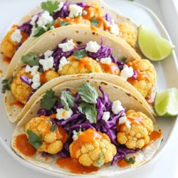 - 1 medium head of cauliflower, cut into florets - 1 cup all-purpose flour - 1 teaspoon garlic powder - 1 teaspoon onion powder - 1 teaspoon smoked paprika - 1 teaspoon cayenne pepper (adjust for spice level) - 1 cup buttermilk (or plant-based milk for a vegan option) - 1 cup buffalo sauce - 8 small corn tortillas - 1 cup shredded purple cabbage - ½ cup crumbled feta cheese (or a vegan substitute) - Fresh cilantro for garnish - Lime wedges for serving - Salt and pepper to taste You can swap the all-purpose flour for gluten-free flour if needed. If you want a vegan dish, use plant-based milk instead of buttermilk. For a dairy-free taco, replace feta cheese with a vegan cheese or omit it entirely. If buffalo sauce is too spicy, try a milder sauce. You can also use lettuce instead of cabbage for a different crunch. Always choose a firm cauliflower head with tight florets for the best taste. Fresh ingredients make a big difference in flavor. Store your cauliflower in a cool, dry place until you’re ready to cook. For the tortillas, buy fresh ones from a local store or make your own for the best texture. Fresh cilantro should look vibrant and green; avoid any yellow or wilted leaves. Start by preheating your oven to 450°F (230°C). Line a baking sheet with parchment paper for easy cleanup. Next, cut one medium head of cauliflower into bite-sized florets. This helps the cauliflower cook evenly. In a mixing bowl, combine 1 cup of all-purpose flour, 1 teaspoon of garlic powder, 1 teaspoon of onion powder, 1 teaspoon of smoked paprika, and 1 teaspoon of cayenne pepper. Add salt and pepper to taste. In another bowl, pour 1 cup of buttermilk. Dip each floret in the buttermilk, letting the extra drip off. Then, coat each piece with the flour mixture. Place the coated florets on the baking sheet. Bake the cauliflower for 20-25 minutes. Flip them halfway through for even cooking. You want them golden brown and crispy. After baking, toss the cauliflower in a bowl with 1 cup of buffalo sauce. Make sure every piece is well coated. Return the sauced cauliflower to the baking sheet and bake again for 5-10 minutes. This step helps the sauce stick better and adds flavor. While the cauliflower is baking, warm 8 small corn tortillas in a dry skillet over medium heat. Heat them for about 30 seconds on each side. This makes them soft and pliable. Once the cauliflower is ready, start assembling your tacos. Place a generous amount of crispy buffalo cauliflower on each tortilla. Top them with 1 cup of shredded purple cabbage and ½ cup of crumbled feta cheese. Add fresh cilantro for a pop of color and flavor. Serve your tacos with lime wedges on the side for an extra zing. Enjoy every bite! To make your buffalo cauliflower extra crispy, coat it well. After dipping in buttermilk, ensure you cover each floret in the flour mix. This layer traps the moisture and creates a crunchy shell. Bake the cauliflower at a high temperature, around 450°F (230°C). Flip them halfway through cooking for even crispiness. If you want an even crunchier texture, consider a quick fry in hot oil after baking. Buffalo sauce can be hot, so adjust it to your taste. If you prefer milder tacos, use less cayenne pepper in the flour mix. You can also mix in a little honey or maple syrup with the buffalo sauce to balance the heat. For a spicy kick, add more cayenne or opt for a hotter sauce. Taste as you go, and find your perfect balance. You can prepare the cauliflower in advance. After coating it in the flour mix, place it on a baking sheet and cover it with plastic wrap. Store it in the fridge for up to 24 hours. When you're ready, just bake it as directed. For the best flavor, toss it in buffalo sauce right before serving. This keeps it fresh and tasty! {{image_2}} To make these tacos vegan, swap buttermilk for plant-based milk. You can use almond or oat milk. Replace feta cheese with a vegan option like cashew cheese or tofu. These changes keep the flavor while making it plant-based and delicious. Feel free to get creative with toppings. Instead of purple cabbage, use shredded lettuce or diced tomatoes. Avocado or guacamole adds creaminess. You could even add pickled onions for a tangy kick. The fun is in mixing flavors you love. If buffalo sauce isn’t your favorite, try other sauces. BBQ sauce offers a sweet twist. For a milder flavor, ranch dressing works well. You could also mix hot sauce with a bit of honey for a sweet and spicy sauce. Explore different options to find your favorite! You can store leftover tacos in the fridge. Place them in an airtight container. They stay fresh for up to three days. If you keep the toppings separate, they will hold up better. This helps maintain the crispiness of the cauliflower. Freezing is a great option if you want to keep them longer. To freeze, wrap individual tacos tightly in plastic wrap. Then, place them in a freezer-safe bag. They can last for about one month. When you're ready to eat, thaw them overnight in the fridge. Reheat in the oven for the best texture. Preheat your oven to 350°F (175°C). Place the tacos on a baking sheet for about 10-15 minutes. This keeps the cauliflower crispy. You can also use a microwave, but the texture may suffer. If you use the microwave, heat in short bursts to avoid sogginess. Yes, you can make this recipe gluten-free. Use gluten-free flour instead of all-purpose flour. Brands like almond flour or chickpea flour work well. Just make sure your buffalo sauce is also gluten-free. To store leftover tacos, place them in an airtight container. Keep them in the fridge for up to three days. When ready to eat, reheat them in the oven for the best crispiness. If you need a substitute for buttermilk, you have options. You can mix one cup of plant-based milk with one tablespoon of vinegar or lemon juice. Let it sit for five minutes. This will give you a similar tangy flavor. Absolutely! You can switch the buffalo sauce with other sauces. Try barbecue sauce for a sweet twist or sriracha for extra heat. Experiment with different flavors to find your favorite. Each taco has about 150-200 calories, depending on toppings. This can vary based on the type of cheese or sauce you use. For a more accurate count, check specific brands or ingredients you choose. This blog post covered everything you need for Crispy Buffalo Cauliflower Tacos. We reviewed ingredients, preparation steps, and tips to maximize freshness. I shared ways to make this dish your own and how to store leftovers. In the end, enjoy these tasty tacos. They are fun, easy, and great for everyone. Experiment with flavors and toppings to make them special. Happy cooking!