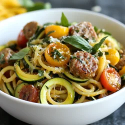 For this tasty dish, you will need: - 12 oz whole wheat spaghetti - 2 medium zucchinis, spiralized - 3 chicken sausages, sliced (Italian-style is best) - 2 tablespoons olive oil - 3 cloves garlic, minced - 1 cup cherry tomatoes, halved - 1 teaspoon dried oregano - Salt and pepper to taste These ingredients come together to create a delicious, healthy meal. Whole wheat spaghetti adds fiber and nutrients. Chicken sausage brings protein and a savory taste. Zucchini noodles offer a light and fresh texture. You can boost the flavor with: - ΒΌ cup grated Parmesan cheese (optional) - Fresh basil leaves for garnish Adding Parmesan cheese gives a salty, creamy touch. Fresh basil adds a pop of color and freshness. Feel free to skip these if you want a lighter dish. This meal is a great choice for many diets. Each serving has about: - Calories: 350 - Protein: 22g - Carbohydrates: 45g - Fiber: 7g This dish is high in protein and fiber, making it filling. It is also lower in fat if you skip the cheese. If you need gluten-free options, use gluten-free pasta. {{ingredient_image_1}} First, grab a large pot. Fill it with water and add a good amount of salt. Bring the water to a boil. Once itβs bubbling, add 12 ounces of whole wheat spaghetti. Cook it based on the package instructions until it's al dente. This usually takes about 8 to 10 minutes. While cooking, save Β½ cup of the pasta water. This will help later. After cooking, drain the spaghetti and set it aside. Next, take a large skillet and heat 2 tablespoons of olive oil over medium heat. Once hot, add 3 sliced chicken sausages. I prefer Italian-style sausages for this dish. Cook them for about 5 to 7 minutes. You want them browned and heated through. The smell will start to fill your kitchen, and itβs delightful! Now, itβs time to add flavor! Stir in 3 minced garlic cloves and cook for about 1 minute. Then, add 1 cup of halved cherry tomatoes and 1 teaspoon of dried oregano. SautΓ© this mix for another 2 to 3 minutes. The tomatoes should soften nicely. Next, toss in the spiralized zucchini and mix everything well. Cook for 3 to 5 minutes until the zucchini is tender but still has a little crunch. Finally, add the cooked spaghetti to the skillet. Pour in the reserved pasta water, one to two tablespoons at a time. This helps create a light sauce. Mix it all together. Season with salt and pepper to taste. Remove from heat and serve! To cook whole wheat spaghetti, start with a large pot. Fill it with water and add salt. Bring the water to a boil. Add the spaghetti and stir it gently. Check the package for cooking time. Cook until the pasta is al dente, which means firm but not hard. This usually takes about 8-10 minutes. Remember to reserve some pasta water before draining. This water helps make your sauce creamy. To spiralize zucchini, you need a spiralizer. Cut the ends off each zucchini first. Insert one end into the spiralizer and twist. The zucchini will turn into long noodles. Do this for both zucchinis. If you donβt have a spiralizer, you can use a vegetable peeler for wide strips. Keep the zucchini noodles a little thick for a nice bite. Avoid overcooking them to keep a crisp texture in your pasta. If you want a healthier version of this dish, there are easy swaps. You can use gluten-free pasta instead of whole wheat. For extra veggies, add bell peppers or spinach. If you prefer less fat, you can cut down on olive oil or skip the cheese. Instead of chicken sausage, try turkey sausage or a plant-based option. These swaps keep the flavors while making it lighter. Pro Tips Use Fresh Ingredients: Fresh zucchini and ripe cherry tomatoes will enhance the flavor and texture of your dish. Don't Overcook the Zucchini: Aim for tender yet crisp zucchini noodles to maintain their vibrant color and nutritional value. Reserve Pasta Water: The starchy pasta water helps to create a silky sauce that clings to the noodles beautifully. Experiment with Seasonings: Feel free to add red pepper flakes or fresh herbs for an extra kick of flavor. {{image_2}} You can make this dish even better by adding more vegetables. Try bell peppers, spinach, or mushrooms. Each vegetable gives a unique taste and texture. For more color, add carrots or cherry tomatoes. Mix and match to find your favorite combination. This keeps the dish fresh and exciting. If you want a different protein, turkey sausage works great. It has a similar taste and texture. For a meat-free option, use vegetarian sausage. It adds flavor without meat. Both options make the dish lighter while still being filling. Boost the flavor with fresh herbs or spices. Basil and parsley add a nice touch. You can also try red pepper flakes for some heat. A squeeze of lemon juice brightens the dish. Experiment with your favorite flavors to make it your own. To store your Chicken Sausage Zucchini Pasta, let it cool first. Place it in an airtight container. This helps keep it fresh. Store it in the fridge for up to three days. If you want to enjoy it later, freezing is a great option. When ready to eat, reheat the pasta on the stove for the best taste. Add a splash of water or olive oil to keep it moist. Heat it over medium-low heat. Stir often until it is warm. You can also use the microwave. Just cover it with a microwave-safe lid. Heat in short bursts, stirring in between. To freeze the pasta, use a freezer-safe container. Make sure to leave some space at the top. The pasta will expand as it freezes. It can last up to three months in the freezer. When you are ready to eat it, thaw it overnight in the fridge. Then, reheat it on the stove or microwave as described above. Yes, you can use regular pasta. It will work fine in this dish. Whole wheat pasta adds fiber, making it a healthier choice. Regular pasta has a softer texture, which some may prefer. Just follow cooking time on the package. You can try marinara or pesto for different flavors. Garlic and oil also work well. A light cream sauce can add richness. Each sauce changes the taste and texture of the dish. Feel free to experiment with your favorites! To keep zucchini noodles firm, avoid overcooking them. SautΓ© them for just 3-5 minutes. You can also sprinkle some salt on them before cooking. Let them sit for a few minutes, then pat dry. This helps remove excess moisture before you add them to the dish. Youβve learned how to make a tasty chicken sausage zucchini pasta. We covered key ingredients, nutritional info, and handy tips. I showed you how to cook the pasta and sausage just right. You also learned to add your favorite veggies or swap proteins. Remember to store leftovers well and reheat for best taste. This dish is simple, healthy, and full of flavor. Enjoy making it your way!