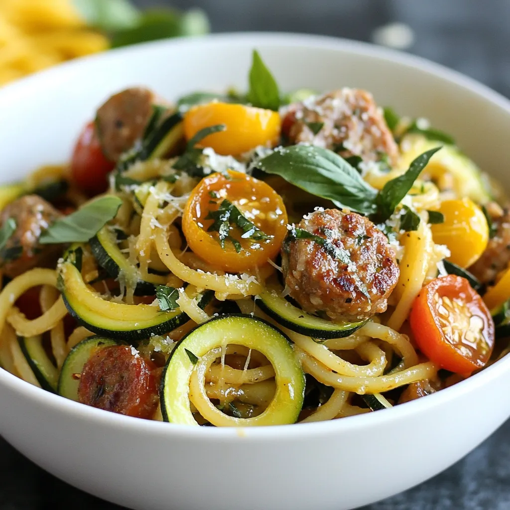 For this tasty dish, you will need: - 12 oz whole wheat spaghetti - 2 medium zucchinis, spiralized - 3 chicken sausages, sliced (Italian-style is best) - 2 tablespoons olive oil - 3 cloves garlic, minced - 1 cup cherry tomatoes, halved - 1 teaspoon dried oregano - Salt and pepper to taste These ingredients come together to create a delicious, healthy meal. Whole wheat spaghetti adds fiber and nutrients. Chicken sausage brings protein and a savory taste. Zucchini noodles offer a light and fresh texture. You can boost the flavor with: - ¼ cup grated Parmesan cheese (optional) - Fresh basil leaves for garnish Adding Parmesan cheese gives a salty, creamy touch. Fresh basil adds a pop of color and freshness. Feel free to skip these if you want a lighter dish. This meal is a great choice for many diets. Each serving has about: - Calories: 350 - Protein: 22g - Carbohydrates: 45g - Fiber: 7g This dish is high in protein and fiber, making it filling. It is also lower in fat if you skip the cheese. If you need gluten-free options, use gluten-free pasta. {{ingredient_image_1}} First, grab a large pot. Fill it with water and add a good amount of salt. Bring the water to a boil. Once it’s bubbling, add 12 ounces of whole wheat spaghetti. Cook it based on the package instructions until it's al dente. This usually takes about 8 to 10 minutes. While cooking, save ½ cup of the pasta water. This will help later. After cooking, drain the spaghetti and set it aside. Next, take a large skillet and heat 2 tablespoons of olive oil over medium heat. Once hot, add 3 sliced chicken sausages. I prefer Italian-style sausages for this dish. Cook them for about 5 to 7 minutes. You want them browned and heated through. The smell will start to fill your kitchen, and it’s delightful! Now, it’s time to add flavor! Stir in 3 minced garlic cloves and cook for about 1 minute. Then, add 1 cup of halved cherry tomatoes and 1 teaspoon of dried oregano. Sauté this mix for another 2 to 3 minutes. The tomatoes should soften nicely. Next, toss in the spiralized zucchini and mix everything well. Cook for 3 to 5 minutes until the zucchini is tender but still has a little crunch. Finally, add the cooked spaghetti to the skillet. Pour in the reserved pasta water, one to two tablespoons at a time. This helps create a light sauce. Mix it all together. Season with salt and pepper to taste. Remove from heat and serve! To cook whole wheat spaghetti, start with a large pot. Fill it with water and add salt. Bring the water to a boil. Add the spaghetti and stir it gently. Check the package for cooking time. Cook until the pasta is al dente, which means firm but not hard. This usually takes about 8-10 minutes. Remember to reserve some pasta water before draining. This water helps make your sauce creamy. To spiralize zucchini, you need a spiralizer. Cut the ends off each zucchini first. Insert one end into the spiralizer and twist. The zucchini will turn into long noodles. Do this for both zucchinis. If you don’t have a spiralizer, you can use a vegetable peeler for wide strips. Keep the zucchini noodles a little thick for a nice bite. Avoid overcooking them to keep a crisp texture in your pasta. If you want a healthier version of this dish, there are easy swaps. You can use gluten-free pasta instead of whole wheat. For extra veggies, add bell peppers or spinach. If you prefer less fat, you can cut down on olive oil or skip the cheese. Instead of chicken sausage, try turkey sausage or a plant-based option. These swaps keep the flavors while making it lighter. Pro Tips Use Fresh Ingredients: Fresh zucchini and ripe cherry tomatoes will enhance the flavor and texture of your dish. Don't Overcook the Zucchini: Aim for tender yet crisp zucchini noodles to maintain their vibrant color and nutritional value. Reserve Pasta Water: The starchy pasta water helps to create a silky sauce that clings to the noodles beautifully. Experiment with Seasonings: Feel free to add red pepper flakes or fresh herbs for an extra kick of flavor. {{image_2}} You can make this dish even better by adding more vegetables. Try bell peppers, spinach, or mushrooms. Each vegetable gives a unique taste and texture. For more color, add carrots or cherry tomatoes. Mix and match to find your favorite combination. This keeps the dish fresh and exciting. If you want a different protein, turkey sausage works great. It has a similar taste and texture. For a meat-free option, use vegetarian sausage. It adds flavor without meat. Both options make the dish lighter while still being filling. Boost the flavor with fresh herbs or spices. Basil and parsley add a nice touch. You can also try red pepper flakes for some heat. A squeeze of lemon juice brightens the dish. Experiment with your favorite flavors to make it your own. To store your Chicken Sausage Zucchini Pasta, let it cool first. Place it in an airtight container. This helps keep it fresh. Store it in the fridge for up to three days. If you want to enjoy it later, freezing is a great option. When ready to eat, reheat the pasta on the stove for the best taste. Add a splash of water or olive oil to keep it moist. Heat it over medium-low heat. Stir often until it is warm. You can also use the microwave. Just cover it with a microwave-safe lid. Heat in short bursts, stirring in between. To freeze the pasta, use a freezer-safe container. Make sure to leave some space at the top. The pasta will expand as it freezes. It can last up to three months in the freezer. When you are ready to eat it, thaw it overnight in the fridge. Then, reheat it on the stove or microwave as described above. Yes, you can use regular pasta. It will work fine in this dish. Whole wheat pasta adds fiber, making it a healthier choice. Regular pasta has a softer texture, which some may prefer. Just follow cooking time on the package. You can try marinara or pesto for different flavors. Garlic and oil also work well. A light cream sauce can add richness. Each sauce changes the taste and texture of the dish. Feel free to experiment with your favorites! To keep zucchini noodles firm, avoid overcooking them. Sauté them for just 3-5 minutes. You can also sprinkle some salt on them before cooking. Let them sit for a few minutes, then pat dry. This helps remove excess moisture before you add them to the dish. You’ve learned how to make a tasty chicken sausage zucchini pasta. We covered key ingredients, nutritional info, and handy tips. I showed you how to cook the pasta and sausage just right. You also learned to add your favorite veggies or swap proteins. Remember to store leftovers well and reheat for best taste. This dish is simple, healthy, and full of flavor. Enjoy making it your way!
