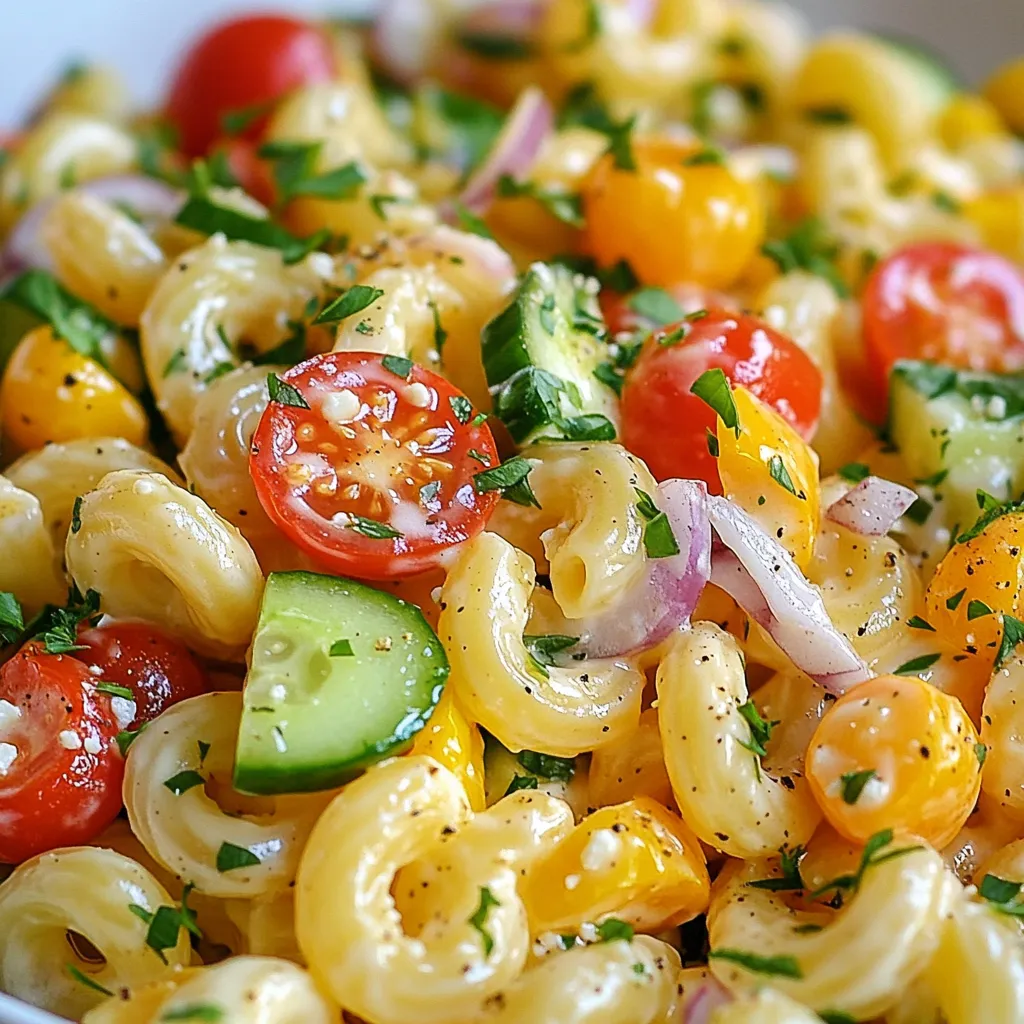 To make this tasty macaroni salad, gather these key ingredients: - 2 cups elbow macaroni - 1 cup cherry tomatoes, halved - 1 cup cucumber, diced - 1/2 cup red onion, finely chopped - 3/4 cup mayonnaise - 1 tablespoon Dijon mustard - 1 tablespoon apple cider vinegar - 1 teaspoon garlic powder - 1 teaspoon smoked paprika - Salt and pepper to taste - 1/4 cup fresh parsley, chopped - 1/4 cup crumbled feta cheese (optional) These ingredients create a creamy and flavorful dish. The elbow macaroni serves as the base, while fresh veggies add crunch. The dressing combines mayonnaise with mustard and vinegar for a tangy kick. You can make your macaroni salad even better with these options: - Chopped bell peppers for sweetness - Cooked bacon bits for a smoky flavor - Sliced olives for a briny touch - Avocado for creaminess - Fresh herbs like dill or basil for extra zest Adding these ingredients can bring new flavors and textures to your salad. Mix and match based on what you enjoy! If you need to swap ingredients, consider these options: - Use gluten-free pasta if you are gluten-intolerant. - Swap mayonnaise for Greek yogurt for a lighter option. - Replace feta with a dairy-free cheese for vegan diets. - Use honey mustard instead of Dijon for a sweeter taste. These substitutes keep the dish tasty while accommodating dietary needs. Enjoy creating your own version of this delightful macaroni salad! {{ingredient_image_1}} First, fill a big pot with water and add salt. Bring it to a boil. Add 2 cups of elbow macaroni. Cook it according to the package's time. Once it's al dente, drain the macaroni and rinse it under cold water. This stops the cooking and keeps it firm. Set the macaroni aside to cool. Next, grab a large mixing bowl. In this bowl, mix 3/4 cup of mayonnaise. Then add 1 tablespoon of Dijon mustard and 1 tablespoon of apple cider vinegar. Sprinkle in 1 teaspoon of garlic powder and 1 teaspoon of smoked paprika. Whisk these ingredients together until they blend well. The dressing should be smooth and creamy. Now, add the cooled macaroni to the dressing. Stir gently to coat the pasta evenly. Then, fold in 1 cup of halved cherry tomatoes, 1 cup of diced cucumber, and 1/2 cup of finely chopped red onion. Add 1/4 cup of fresh chopped parsley for a burst of flavor. Mix everything until well combined. Season with salt and pepper to taste. If you like, gently fold in 1/4 cup of crumbled feta cheese for extra creaminess. Chill the salad in the fridge for at least 30 minutes before serving. This allows all the flavors to mix perfectly. Serve it cold for a delightful dish. To make the best macaroni salad, start with good ingredients. Use fresh veggies for a crunch. Always cook your pasta al dente. This keeps it firm and tasty. Rinse the pasta after cooking. This cools it down and stops the cooking process. Mix your dressing well. A smooth dressing coats the pasta better. Don't rush the chilling time. Let it rest for at least 30 minutes in the fridge. This helps the flavors mix. Avoid overcooking the pasta. Soft pasta will turn mushy in your salad. Don’t skip the rinsing step. This is key to keeping the texture right. Be careful with the salt. Taste first, then add more if needed. Using too much mayo can make it heavy. A little can go a long way. Lastly, don’t forget the herbs! They add a fresh taste that lifts the dish. The right balance makes a big difference. Use a mix of sweet and tangy. Cherry tomatoes add sweetness, while apple cider vinegar brings tang. Don’t forget the spices! Garlic powder and smoked paprika add depth. Adding feta cheese can enhance the creaminess. Chop fresh parsley finely. It adds color and freshness. Let your salad chill. This allows all the flavors to blend beautifully. Enjoy the burst of taste in every bite! Pro Tips Cook Pasta Al Dente: Cooking the elbow macaroni until al dente ensures the pasta retains a slight bite, preventing it from becoming mushy when mixed with the dressing. Chill for Flavor: Allowing the macaroni salad to chill in the refrigerator for at least 30 minutes helps the flavors meld together, enhancing the overall taste. Fresh Ingredients Matter: Using fresh vegetables like cherry tomatoes and cucumbers not only adds crunch but also elevates the dish with vibrant flavors. Customize Your Add-ins: Feel free to customize the salad by adding ingredients like olives, bell peppers, or even proteins like chicken or tuna for a heartier meal. {{image_2}} You can easily make this macaroni salad vegetarian or vegan. To do this, simply swap out the mayonnaise for a vegan version. There are many brands that offer tasty vegan mayo. You can also use silken tofu blended until smooth as a creamy base. This keeps the salad rich and delicious without animal products. If you want to boost the flavor, try adding other ingredients. Some great choices are: - Bell peppers: Chop up red, yellow, or green bell peppers for a sweet crunch. - Olives: Sliced black or green olives add a nice briny touch. - Sweet corn: Fresh or canned corn adds sweetness and texture. - Bacon: Cooked and crumbled bacon gives a smoky flavor that many love. These extras can make your salad exciting and unique. While elbow macaroni is classic, you can use other pasta shapes. Here are some fun options: - Penne: This tube-shaped pasta holds the dressing well. - Fusilli: The spirals catch bits of veggies and flavor. - Shells: These can create a fun, playful look and texture. Trying different pastas can change the whole feel of your macaroni salad. Enjoy experimenting with these variations! To keep your macaroni salad fresh, store it in an airtight container. Make sure the lid seals tightly. This helps keep out air and moisture. You can also cover a bowl with plastic wrap. Always chill the salad in the fridge. This keeps it cool and safe to eat. Avoid leaving it out at room temperature for long. Gordon Ramsay's macaroni salad can last for about three to five days in the fridge. After that, the flavors may fade. If you notice any off smells or changes in texture, it's best to toss it. Always check for freshness before serving. The salad is best enjoyed within the first few days. Refrigerating is the best option for storing macaroni salad. Freezing is not recommended. When you freeze it, the pasta can become mushy. The texture of vegetables also changes. If you want to store it long-term, think about making a smaller batch. Enjoy the creamy goodness fresh for the best taste! Gordon Ramsay's macaroni salad stands out due to its fresh ingredients. The mix of cherry tomatoes, cucumbers, and red onion adds great crunch. The creamy dressing combines mayonnaise, Dijon mustard, and apple cider vinegar for depth. Garlic powder and smoked paprika give it a unique flavor kick. Fresh parsley and optional feta add brightness and tang. Each bite is rich in taste, making it a true delight. Yes, you can make macaroni salad in advance. It is best to chill it for at least 30 minutes before serving. This allows the flavors to mix well. You can prepare it a day ahead and keep it in the fridge. Just be sure to add any delicate ingredients, like feta, right before serving. This keeps the salad fresh and tasty. To make macaroni salad creamy without mayonnaise, you can use Greek yogurt. Greek yogurt gives a nice, thick texture. You can also try sour cream for a rich taste. Blend in some mustard and vinegar to keep the flavor bright. Adding mashed avocado can also create creaminess. This way, you still achieve the creamy delight without using mayo. This guide covered the main ingredients and cooking steps for Gordon Ramsay's macaroni salad. We explored ways to enhance flavor, made ingredient substitutions for dietary needs, and shared tips to avoid common mistakes. You learned about variations for different diets and how to properly store leftovers. In closing, making this dish is easy and fun. With the right ingredients and techniques, you'll impress everyone. Enjoy your macaroni salad journey!