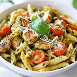 To make this quick dish, gather these main ingredients: - 8 oz (about 225g) penne pasta - 2 tablespoons olive oil - 1 pound (450g) chicken breast, cut into small cubes - 1 teaspoon garlic powder - Salt and pepper to taste - 1 cup basil pesto (store-bought or homemade) - 1/2 cup cherry tomatoes, halved - 1/4 cup grated Parmesan cheese - Fresh basil leaves for garnish These ingredients create a tasty balance of flavors. The chicken adds protein. The pesto brings a fresh taste, while the pasta ties it all together. You can adjust the recipe to fit your taste. Consider these optional ingredients: - Spinach or arugula for extra greens - Sun-dried tomatoes for a tangy twist - Pine nuts for a crunchy texture - Red pepper flakes for heat Feel free to mix and match! This flexibility makes the dish even more fun. To cook this meal, you’ll need a few essential tools: - Large pot for boiling pasta - Large skillet for sautéing chicken - Measuring cups and spoons for accurate portions - Colander for draining pasta - Tongs or a spatula for tossing ingredients Having the right equipment makes cooking smooth and easy. Enjoy your time in the kitchen as you whip up this delightful meal! {{ingredient_image_1}} Start by boiling a large pot of salted water. This step is key for flavor. Once the water bubbles, add 8 ounces of penne pasta. Cook the pasta according to the package instructions until it's al dente. This means it should be firm but not hard. After cooking, drain the pasta but save a little pasta water. Set it aside for later. Now, heat 2 tablespoons of olive oil in a large skillet over medium heat. Add 1 pound of cubed chicken breast to the pan. Sprinkle in 1 teaspoon of garlic powder, plus some salt and pepper. Cook the chicken for about 5 to 7 minutes. You want it to turn golden brown and be fully cooked. This step gives your dish a nice depth of flavor. Lower the heat and add the cooked penne pasta to the skillet with the chicken. Pour in 1 cup of basil pesto and toss everything together. If the pasta looks dry, add a splash of the reserved pasta water. This helps to make the sauce creamy. Next, gently stir in 1/2 cup of halved cherry tomatoes. Mixing these in adds a fresh burst of flavor. Finally, serve the pesto chicken pasta in bowls. Top each bowl with 1/4 cup of grated Parmesan cheese and garnish with fresh basil leaves. Enjoy your meal! To cook chicken just right, start with small cubes. This helps them cook evenly. Heat the olive oil in a skillet over medium heat. Add the chicken, garlic powder, salt, and pepper. Cook for 5-7 minutes. Stir often to prevent sticking. Look for a golden brown color. Always check that the chicken is no longer pink inside. This means it's fully cooked and safe to eat. Simple seasonings can make a big difference. Use garlic powder for a nice touch. Salt and pepper enhance the chicken’s natural flavor. When you add the basil pesto, it brings freshness and depth. If you want more flavor, try adding red pepper flakes for a bit of heat. Don't forget to taste your dish before serving. Adjust seasonings to match your preference. Presentation matters, even for quick meals. Use shallow bowls for serving. This gives an elegant look. Top each bowl with grated Parmesan cheese. It adds richness and a nice visual touch. A drizzle of olive oil on top makes the dish shine. Finally, add fresh basil leaves to brighten the plate. This not only looks good but also enhances the flavor. Pro Tips Use Fresh Pesto: If possible, opt for homemade pesto made with fresh basil for a vibrant flavor boost. Cooking Chicken Evenly: Ensure that chicken cubes are similar in size for even cooking and texture. Reserve Pasta Water: Always save some pasta cooking water; it’s great for adjusting sauce consistency. Garnish Smartly: Enhance presentation with a sprinkle of toasted pine nuts or a drizzle of balsamic reduction. {{image_2}} If you need a gluten-free meal, swap penne pasta for gluten-free pasta. Many brands offer great options. Brown rice or chickpea pasta works well. They cook in similar times, so it's easy. Just check cooking instructions on the package. Want a meatless dish? Use firm tofu instead of chicken. Cut the tofu into small cubes and cook it just like the chicken. Sauté it until it's golden brown. This option is healthy and full of protein. You can also add a dash of soy sauce for extra flavor. Boost your dish by adding seasonal veggies. Spinach or zucchini adds color and nutrition. You can add these right after the chicken. Cook them until soft, then mix in the pasta. Cherry tomatoes are already in the recipe, but feel free to add bell peppers or asparagus for a fresh twist. After enjoying your pesto chicken pasta, store any leftovers in an airtight container. Make sure to cool the pasta before sealing it. You can keep it in the fridge for up to three days. If you want to enjoy it later, don’t forget to label the container with the date. To reheat, you have a few options. For a quick method, use the microwave. Place the pasta in a microwave-safe dish. Add a splash of water to help keep it moist. Heat it for one minute, then stir and check if it needs more time. If you prefer the stovetop, heat a skillet over medium heat. Add the pasta and a few drops of olive oil. Stir often until warmed through. If you want to save some for later, freezing works great. Place the cooled pasta in freezer-safe bags. Squeeze out as much air as possible before sealing. You can freeze it for up to three months. When ready to eat, thaw it in the fridge overnight. Then, reheat it using the stovetop or microwave method. Enjoy a tasty meal without much fuss! Making homemade pesto is simple. You need fresh basil, garlic, pine nuts, Parmesan cheese, and olive oil. Here’s how: 1. Blend Ingredients: In a food processor, add 2 cups of fresh basil leaves, 2 cloves of garlic, 1/4 cup of pine nuts, and 1/2 cup of grated Parmesan cheese. 2. Add Olive Oil: While blending, slowly drizzle in 1/2 cup of olive oil until smooth. 3. Season: Add salt and pepper to taste. This pesto is fresh and bright. It’s perfect for your pasta! Yes, you can use any pasta you like. Penne works well, but here are some options: - Spaghetti: A classic choice that holds sauce well. - Fusilli: Its spiral shape catches the pesto nicely. - Gluten-Free Pasta: If you need gluten-free options, look for rice or corn pasta. Feel free to choose what you enjoy most! If you want to swap chicken, here are some great choices: - Turkey: Ground turkey or turkey breast works well. - Tofu: Firm tofu is perfect for a vegetarian meal. Just cube and sauté. - Shrimp: Cooked shrimp adds a nice seafood twist. These options keep your meal tasty and fun! Pesto chicken pasta is simple and tasty. You learned about ingredients, steps, and tips. Customizing this dish is easy and fun with many options. Remember to store leftovers properly for future meals. You can enjoy this recipe with gluten-free or vegetarian choices. Use what you have and make it your own. Cooking should be enjoyable, not hard. Happy cooking!