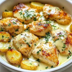 For this tasty Garlic Parmesan Crockpot Chicken and Potatoes, you will need: - 4 boneless, skinless chicken breasts - 1.5 pounds baby potatoes, halved - 1 cup chicken broth - 4 cloves garlic, minced - 1 cup grated Parmesan cheese - 1 tablespoon Italian seasoning - 1 teaspoon paprika - 1 teaspoon salt - 1/2 teaspoon black pepper - 1/2 cup heavy cream (or half-and-half) - Fresh parsley, chopped (for garnish) These ingredients create a rich and creamy dish that will impress everyone. You can add fun toppings to make your meal even better: - Extra grated Parmesan cheese for a cheesy touch - Fresh basil or thyme for more flavor - Lemon zest for a bright kick - Crushed red pepper flakes for heat These simple additions can enhance your dish and let you customize it to your taste. If you don’t have some ingredients, here are easy swaps: - Use chicken thighs instead of breasts for more juiciness - Swap baby potatoes for sweet potatoes or carrots - Replace chicken broth with vegetable broth for a vegetarian option - Use plain yogurt instead of heavy cream for a lighter sauce These substitutions can help you make a delicious meal with what you have on hand. {{ingredient_image_1}} First, wash the baby potatoes. If they are large, cut them in half. Next, mince four cloves of garlic until finely chopped. This step adds great flavor. Don’t forget to chop fresh parsley for garnishing later. Keep it aside for now. Begin layering the crockpot. Place the halved potatoes at the bottom. This forms a nice base for the chicken. Next, prepare the seasoning mix. In a bowl, blend the minced garlic, Italian seasoning, paprika, salt, and black pepper. Rub this mix over the chicken breasts. Make sure each piece is coated well. Now, lay the seasoned chicken on top of the potatoes in the crockpot. Pour in one cup of chicken broth. Ensure the chicken is mostly submerged. Cover the crockpot with its lid. Cook on low for 6 to 7 hours or on high for 3 to 4 hours. The chicken should be fork-tender when done. In the last 30 minutes, stir in half a cup of heavy cream and one cup of grated Parmesan cheese. Mix everything well. Taste the dish and adjust the salt and pepper if needed. Let it cook until thickened. When ready, serve the chicken and potatoes on plates. Drizzle some creamy sauce on top. Finish with a sprinkle of chopped parsley for a burst of color. Enjoy your meal! - Use fresh garlic. Fresh garlic gives a strong flavor. - Try different herbs. You can use rosemary or thyme for a new twist. - Add lemon juice. A splash of lemon brightens the taste. - Use quality cheese. Freshly grated Parmesan melts better and tastes richer. These tips help you boost the flavor. Each step adds a layer of taste. - Don't skip seasoning. Chicken needs flavor to be good. - Avoid overcooking. Check the chicken so it stays juicy. - Don't rush the cream. Add it late to keep the sauce rich. - Use too much broth. Too much liquid makes the dish soupy. Avoid these mistakes to ensure a great meal. Simple steps can change the outcome. - Use a meat thermometer. The chicken should reach 165°F for safety. - Cut chicken into similar sizes. This helps all pieces cook evenly. - Layer properly. Place potatoes first, then chicken, to allow even cooking. - Monitor cooking time. Stick to 6-7 hours on low or 3-4 hours on high. Following these tips ensures tender and juicy chicken. You will love the results! Pro Tips Choose the Right Potatoes: For the best texture, opt for waxy potatoes like baby Yukon Gold or red potatoes; they hold up well during slow cooking. Enhance Flavor with Marinade: Marinate the chicken in the seasoning mix and chicken broth overnight for deeper flavor absorption. Use Fresh Garlic: Freshly minced garlic provides a more robust flavor compared to pre-minced garlic in jars, making your dish even more delicious. Thicken Sauce with Cornstarch: If you prefer a thicker sauce, mix a tablespoon of cornstarch with cold water and stir it in during the last 10 minutes of cooking. {{image_2}} You can easily change the flavor of Garlic Parmesan chicken by swapping some ingredients. Instead of chicken breasts, try chicken thighs for a juicier bite. You can also use sweet potatoes instead of baby potatoes for a sweeter taste. For a different cheese flavor, use feta or cheddar. If you want a tangy taste, add a splash of lemon juice or replace some broth with white wine. To boost the nutrition of this dish, add veggies. Carrots and green beans work well. You can also toss in spinach or kale during the last hour of cooking. If you want more fiber, try adding beans or chickpeas. These additions will not only make the dish healthier but also add color and texture. If you enjoy heat, turn up the spice! Add some red pepper flakes to the seasoning mix. You can also use spicy Italian sausage instead of chicken. Another option is to mix in some diced jalapeños or hot sauce when you add the cream and cheese. This will give your Garlic Parmesan chicken a nice kick! To store leftovers, let the dish cool to room temperature. Use an airtight container. Place the chicken and potatoes in the container. Make sure to cover the dish tightly. Store it in the fridge for up to three days. This keeps the flavors fresh and tasty. You can also freeze this meal. First, cool it completely. Then, place it in a freezer-safe container. Label it with the date. You can freeze it for up to three months. When you are ready to eat, simply thaw it in the fridge overnight before reheating. To reheat, use a microwave or oven. If using a microwave, heat it in short bursts. Stir between each burst to ensure even heating. If using the oven, preheat it to 350°F. Place the dish in an oven-safe dish, cover it with foil, and heat for 20-30 minutes. This keeps the chicken moist and the potatoes soft. Enjoy your meal just like it was fresh! Cooking Garlic Parmesan Chicken in a crockpot takes about 6 to 7 hours on low. If you are in a hurry, you can cook it on high for 3 to 4 hours. The chicken should be fork-tender and fully cooked. Always check the internal temperature. It should reach 165°F for safety. Yes, you can use frozen chicken breasts. However, I recommend thawing them first for best results. Frozen chicken may not cook evenly. If you use frozen chicken, add an extra hour to the cooking time. Always check that the chicken reaches 165°F before serving. Garlic Parmesan Chicken and Potatoes pairs well with many sides. Here are some ideas: - Steamed green beans - Roasted Brussels sprouts - A fresh garden salad - Garlic bread These sides add color and flavor to your meal. Enjoy your delicious feast! In this blog post, we explored how to make Garlic Parmesan Chicken in a crockpot. We covered key ingredients, preparation steps, and helpful tips for the best flavor. You learned about ingredient swaps, storage, and even ways to add nutrition. Cooking should be fun and easy. Enjoy experimenting with your recipes. Finding what you love is part of the joy in cooking. Keep these tips in mind for delicious meals every time.