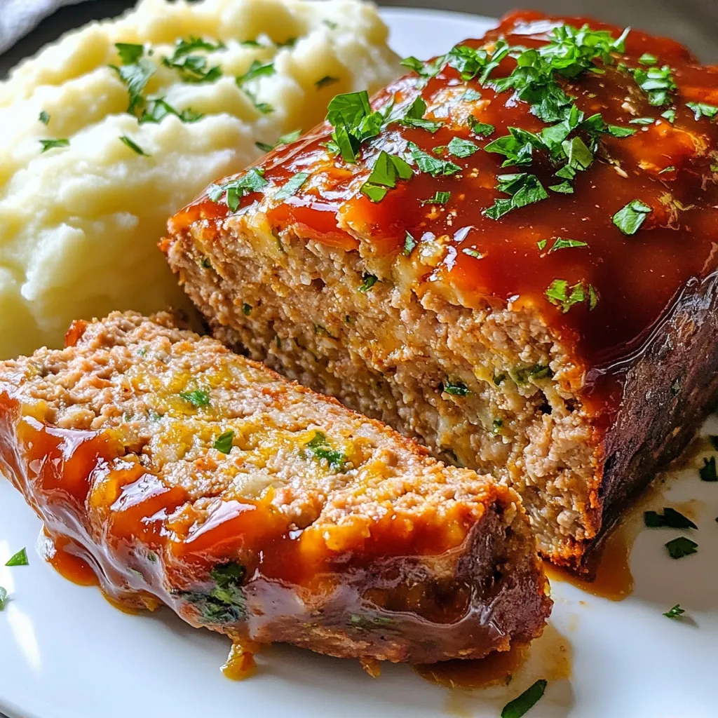 For this tasty meatloaf, you'll need: - 1 lb ground chicken - 1 cup breadcrumbs - 1/2 cup grated Parmesan cheese - 1/2 cup chopped fresh parsley - 3 cloves garlic, minced - 1/4 cup finely chopped onion - 1 large egg - 1/4 cup milk - 1 teaspoon Italian seasoning - Salt and pepper to taste - 1/4 cup ketchup (for glaze) - Extra Parmesan and parsley for topping These ingredients make a moist and flavorful meatloaf. The ground chicken gives it a light texture. The breadcrumbs help hold everything together. Parmesan cheese adds a nice salty kick. Fresh parsley and garlic bring in fresh flavors. You can add other ingredients for extra taste: - Chopped bell peppers - Diced mushrooms - Crushed red pepper flakes - Worcestershire sauce These options can change the flavor profile. Bell peppers or mushrooms add moisture and depth. Red pepper flakes give a bit of heat, while Worcestershire sauce adds umami. To make a complete meal, consider these sides: - Mashed potatoes - Fresh green salad - Steamed vegetables - Garlic bread Mashed potatoes go well with meatloaf. They soak up the juices. A fresh salad adds crunch and brightness. Steamed veggies provide color and nutrients. Garlic bread can round out the meal nicely. {{ingredient_image_1}} First, preheat your oven to 375°F (190°C). This step is key for even cooking. Next, grab a large mixing bowl and add these ingredients: - 1 lb ground chicken - 1 cup breadcrumbs - 1/2 cup grated Parmesan cheese - 1/2 cup chopped fresh parsley - 3 cloves garlic, minced - 1/4 cup finely chopped onion - 1 large egg - 1/4 cup milk - 1 teaspoon Italian seasoning - Salt and pepper to taste Mix all the ingredients well. I like to use my hands for this part. Just be gentle; overmixing can make it tough. Once the mix is ready, transfer it into a greased loaf pan. Shape it into a nice loaf. This is where you can get creative. Smooth the top for a nice finish. In a small bowl, mix 1/4 cup ketchup with a pinch of salt and pepper. Spread this mixture evenly on top of the meatloaf. Then, sprinkle some extra Parmesan and parsley on top for more flavor. Place the pan in the oven and bake for 45-55 minutes. You're looking for that golden brown color on top and an internal temp of 165°F (74°C). To check if your meatloaf is done, use a meat thermometer. It should read 165°F (74°C) in the center. This ensures it’s safe to eat. When it’s done, take it out and let it rest for about 10 minutes. This resting time allows the juices to settle, making it more tasty. After resting, slice it up and enjoy! To keep your meatloaf moist, use ground chicken with some fat. You can blend chicken thighs with chicken breast for better moisture. Adding milk and egg helps too. These ingredients bind and add moisture. Don’t overmix your meatloaf. Mix just until combined. This prevents it from becoming tough. Let it rest after baking. This allows juices to settle. When mixing ground chicken, use your hands for the best feel. Ensure all ingredients blend well without overworking the meat. Start with dry ingredients, then add chicken. Pour in wet ingredients, mixing gently. This keeps the meatloaf tender. Always wash your hands before and after mixing to stay clean. Seasoning makes your meatloaf shine. Use salt and pepper as a base. Italian seasoning adds depth. Fresh herbs like parsley bring brightness. You can add minced bell peppers or shredded carrots for extra flavor. Grated cheese can add richness too. A touch of Worcestershire sauce gives a savory kick. Explore different spices to make it your own. Pro Tips Use Fresh Ingredients: Fresh parsley and garlic will elevate the flavor of your meatloaf significantly compared to dried or pre-minced alternatives. Don't Overmix: When combining the ingredients, mix just until everything is combined. Overmixing can lead to a dense meatloaf. Rest Before Slicing: Allowing the meatloaf to rest for about 10 minutes after baking helps retain its juices and makes for cleaner slices. Experiment with Toppings: Feel free to customize the glaze by mixing in different sauces or spices to suit your taste preferences. {{image_2}} You can add veggies to make the meatloaf healthier. Try adding finely chopped bell peppers, carrots, or zucchini. These add color and taste. You want to chop them small so they mix well. About one cup of veggies is a good amount. They will keep the meatloaf moist and add nutrients. Parmesan cheese is great, but you can mix it up. Try using mozzarella for a gooey texture. Feta adds a nice tangy flavor too. You can even use cheddar cheese for a sharp, bold taste. Just use about 1/2 cup of your chosen cheese. Each option brings a new twist to the dish. If you need a gluten-free option, swap regular breadcrumbs for gluten-free ones. You can also use crushed gluten-free crackers or oats. Both work well in the recipe. Just make sure to check the labels. They should be certified gluten-free to be safe. This way, everyone can enjoy your meatloaf! After you bake your meatloaf, let it cool down. Leave it on the counter for about 10 minutes. This helps it firm up and makes slicing easier. Once it cools, wrap the leftovers tightly in plastic wrap or aluminum foil. You can also store it in an airtight container. This keeps it fresh and tasty. Store the meatloaf in the fridge for up to three days. If you want to save some for later, freezing is a great option. Wrap the cooled meatloaf tightly in plastic wrap and then foil. This prevents freezer burn. You can also slice it before freezing for easy meals later. It will stay good in the freezer for up to three months. Just remember to label it with the date! When you're ready to eat your leftover meatloaf, reheating properly is key. Preheat your oven to 350°F (175°C). Place the meatloaf in a baking dish and cover it with foil. This keeps it moist. Heat for about 20 to 25 minutes or until warm. If you want a crispy top, remove the foil for the last 5 minutes. Enjoy your tasty meatloaf just like it was fresh! Yes, you can make this meatloaf ahead! Prepare the mixture, shape it, and place it in the loaf pan. Cover it with plastic wrap and store it in the fridge. It stays fresh for up to one day. When you are ready, bake it as usual. This saves time on busy days. If you want a different flavor, try ground turkey or ground beef. Both work well in this recipe. Ground pork also adds a nice twist. Just adjust the cooking time if you change the meat type. Each option brings its own taste to the dish. To check if the meatloaf is done, use a meat thermometer. The center should reach 165°F (74°C). If you don’t have a thermometer, cut into the loaf. The meat should be no longer pink, and juices should run clear. Let it rest for 10 minutes before slicing. This helps keep it juicy. Garlic Parmesan Chicken Meatloaf is easy to make and full of flavor. We covered key ingredients, preparation steps, and tips for the best texture. You learned about adding vegetables and using different cheeses for variety. Proper storage keeps your leftovers fresh and tasty. With these insights, you can cook a meatloaf your family will love. Use this dish to impress at dinner or simply enjoy a comforting meal today. Let's make dinner memorable!