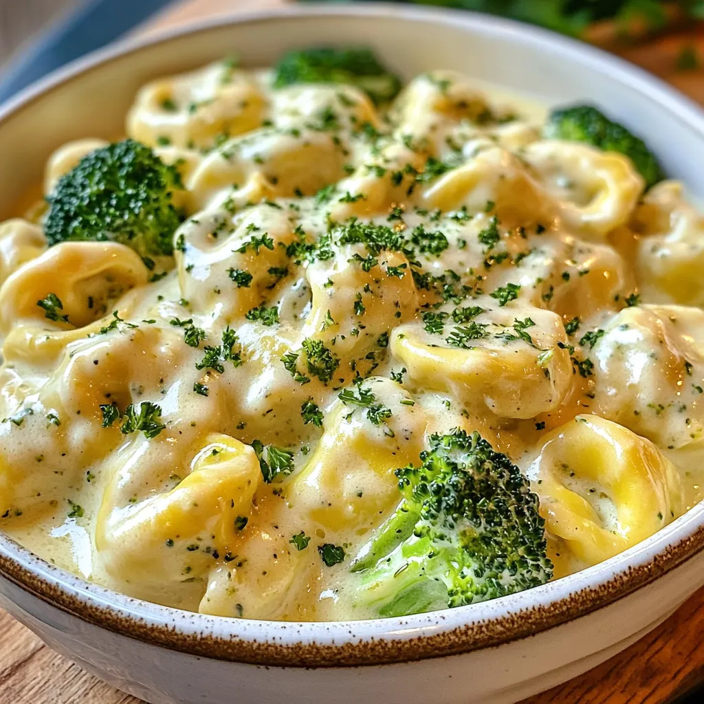 - 8 oz cheese tortellini - 1 cup cooked chicken, shredded - 2 cups broccoli florets, steamed - 1 cup heavy cream - 1 cup shredded mozzarella cheese - 1/2 cup grated Parmesan cheese - 1 tablespoon garlic, minced - 1 teaspoon onion powder - 1/2 teaspoon black pepper - Salt to taste - 2 tablespoons olive oil - Fresh parsley, chopped (for garnish) To make sure you get it right, measure each ingredient carefully. For the cheese tortellini, you can use fresh or frozen. If you need a chicken substitute, try rotisserie chicken or even tofu. For the broccoli, fresh or frozen is fine. The heavy cream can be swapped with half-and-half for a lighter sauce. Use any cheese you love, like cheddar, if you prefer a different flavor. You will need a large pot to boil the tortellini. A big skillet works well for making the sauce. A wooden spoon helps mix the ingredients nicely. Don't forget measuring cups and spoons for accuracy. A colander is also handy for draining the tortellini after cooking. {{ingredient_image_1}} - Boiling and Draining Start by bringing a large pot of salted water to a boil. This helps to enhance the flavor of the tortellini. Once the water is boiling, add 8 oz of cheese tortellini. Cook them according to the package instructions until they are al dente. This usually takes about 3-5 minutes. When they are done, drain the tortellini in a colander and set them aside while you prepare the sauce. - Sautéing Garlic and Adding Cream In a large skillet, heat 2 tablespoons of olive oil over medium heat. Then, add 1 tablespoon of minced garlic. Sauté the garlic for about 1 minute until it gives off a nice aroma. Next, pour in 1 cup of heavy cream. Stir it well and let it simmer for 2-3 minutes. This helps the cream thicken a bit, making your sauce rich and creamy. - Incorporating Cheese Reduce the heat to low. Now, add 1 cup of shredded mozzarella cheese and 1/2 cup of grated Parmesan cheese to the skillet. Stir continuously until the cheeses melt and create a smooth sauce. This step is key to achieving that deliciously cheesy flavor you want in your dish. - Adding Chicken and Broccoli Once the cheese has melted, it’s time to add 1 cup of cooked, shredded chicken and 2 cups of steamed broccoli florets to the skillet. Sprinkle in 1 teaspoon of onion powder, 1/2 teaspoon of black pepper, and salt to taste. Mix everything together well. Make sure all the ingredients are coated in that lovely cheese sauce. - Folding in Tortellini and Heating Now, gently fold in the cooked tortellini. Make sure they are well-coated in the cheesy sauce. Cook the mixture for an additional 2-3 minutes, stirring occasionally. This ensures everything is hot and ready to serve. Once done, remove the skillet from heat, and don’t forget to garnish with fresh parsley before serving! To make a smooth cheese sauce, heat your cream slowly. Stir it gently as it warms. This helps the cheese mix well. Do not rush this step! When adding cheese, keep stirring until it melts. If you see lumps, it might be too hot. Lower the heat to fix it. To prevent curdling in cream-based sauces, use fresh ingredients. Old cream can spoil your sauce. Always add cheese slowly. This keeps it creamy. If your sauce curdles, add a splash of warm milk. Stir it gently to bring it back together. If you use fresh tortellini, cook it for 2-3 minutes less than frozen ones. Fresh pasta cooks faster. For stuffed tortellini, check the package for exact times. Generally, boiling for 3-5 minutes should work well. For the broccoli, steaming is best. It only takes 3-4 minutes to steam until tender. If you prefer, you can also use frozen broccoli. Just add it to the dish while it heats. For presentation, serve the Cheesy Chicken Broccoli Tortellini in a shallow bowl. This shows off the creamy sauce. Top it with extra Parmesan cheese for flavor. A sprinkle of fresh parsley adds a nice touch too. Pair this dish with a light salad. A simple mixed greens salad works great. You can also serve it with garlic bread. This adds a nice crunch and flavor to your meal. Pro Tips Cook Tortellini Al Dente: Make sure to cook the tortellini just until al dente for the best texture. This will help them hold up better when mixed with the sauce. Fresh Garlic for Flavor: Using freshly minced garlic enhances the flavor of the dish. Avoid pre-minced garlic for the best results. Customize Veggies: Feel free to add other vegetables like bell peppers or spinach to increase the nutritional value and flavor of your dish. Leftover Chicken Works: This recipe is a great way to use up leftover rotisserie chicken, making it a quick and convenient meal option. {{image_2}} Using Different Proteins You can swap out chicken for turkey or even shrimp. Both options work well. If you want a vegetarian dish, try using cooked mushrooms or tofu instead. These swaps add new flavors and textures. Vegetable Alternatives Broccoli is great, but you can use other veggies too. Spinach, peas, or bell peppers can add color and taste. Just make sure to steam or sauté them to keep them tender. Gluten-Free Tortellini Options If you need a gluten-free meal, look for gluten-free tortellini. Many brands offer tasty choices made from rice or corn. Cooking times may vary, so check the package. Dairy-Free Cheese Suggestions For a dairy-free option, try using vegan cheese. Look for brands that melt well, like cashew or almond-based cheese. This keeps the dish creamy without dairy. Adding Spices or Herbs Spice up your dish with herbs like basil or thyme. A pinch of red pepper flakes can add a nice kick. Experiment with your favorite spices to make it your own. Extra Ingredients for Flavor Boost Consider adding sun-dried tomatoes or olives for a burst of flavor. Chopped nuts, like walnuts or pine nuts, can give a nice crunch. These extras make the dish even more delicious. - Best Practices for Refrigeration: Store leftover Cheesy Chicken Broccoli Tortellini in the fridge. Keep it in an airtight container. Make sure it cools down before sealing. - Containers for Storage: Use glass or plastic containers with tight lids. This helps keep the dish fresh. Avoid using metal containers, as they may react with the food. - How to Freeze the Dish: To freeze, let the dish cool completely. Portion it into freezer-safe bags or containers. Squeeze out excess air to prevent freezer burn. - Reheating Tips for Frozen Portions: Thaw the dish overnight in the fridge. Reheat it in a skillet over medium heat. Add a splash of cream or milk to help revive the sauce. - How Long It Lasts in the Fridge: The dish stays good in the fridge for 3 to 4 days. Always check for freshness before eating. - Signs of Spoilage: Look for changes in color, smell, or texture. If it smells sour or has mold, throw it away. Always prioritize safety when it comes to food. Yes, you can use frozen tortellini. It makes cooking even easier. To cook frozen tortellini, boil a large pot of salted water. Add the frozen tortellini and cook for 3-5 minutes longer than the package suggests. Stir gently to prevent sticking. Once they float, they are done. Drain them well and set aside before adding to the sauce. To keep the sauce smooth and creamy, add more cream. If it gets too thick, stir in a little milk or broth. You can also add a splash of pasta water while mixing everything together. This will help lighten the sauce. Always taste the sauce. Adjust seasoning as needed. This dish pairs well with many sides. Try crusty bread or garlic bread for dipping. A fresh garden salad adds a nice crunch. You can also serve it with roasted vegetables for more color and flavor. A light vinaigrette can brighten the meal. Enjoy your delightful dish! This blog post covered how to make a tasty Cheesy Chicken Broccoli Tortellini dish. We explored the main ingredients, preparation steps, and helpful tips. You learned about making a smooth cheese sauce and how to modify the recipe for your needs. The variations and storage info gave you great options for leftovers, too. Now you can create this meal with ease. Enjoy cooking, and don’t be afraid to experiment! Your own twist will make this dish even better.