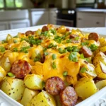 - 4 medium russet potatoes - 12 ounces smoked sausage - 1 cup shredded cheddar cheese - 1/2 cup ranch dressing - 1 tablespoon olive oil - 1 teaspoon garlic powder - 1 teaspoon onion powder - 1/2 teaspoon smoked paprika - Salt and black pepper to taste - 2 green onions I love using russet potatoes for this dish. Their starchy texture gives a nice bite. The smoked sausage adds a rich flavor, while cheddar cheese creates that gooey goodness we crave. For seasoning, I use ranch dressing for creaminess and flavor. Olive oil helps the potatoes brown nicely. Garlic and onion powder bring out amazing tastes in every bite. Smoked paprika adds a subtle warmth. Don’t forget salt and black pepper to enhance the flavors. For a fresh touch, I add sliced green onions on top. They not only look nice but also add a little crunch. This mix of ingredients creates a delightful dish everyone will love. 1. Preheat the oven: Start by preheating your oven to 400°F (200°C). This step is key for crisping the potatoes and sausage. 2. Prepare the potato and sausage mixture: In a large mixing bowl, add the diced potatoes and sliced smoked sausage. Then, pour in the olive oil, garlic powder, onion powder, smoked paprika, salt, and black pepper. Stir well until everything is coated nicely. 1. Spread on the baking sheet: Line a large baking sheet with parchment paper. Spread the potato and sausage mixture in a single layer. This helps them cook evenly. 2. Roast and check doneness: Place the baking sheet in the oven. Roast for about 25-30 minutes. Halfway through, stir the mixture to ensure even cooking. Check if the potatoes are tender and golden brown. 1. Add ranch dressing: Once the potatoes and sausage are done, take them out of the oven. Drizzle the ranch dressing over the top. Toss everything together gently to mix. 2. Top with cheddar cheese: Sprinkle the shredded cheddar cheese evenly over the mixture. This adds a rich, gooey layer. 3. Garnish and serve: Return the dish to the oven. Bake for another 5-7 minutes until the cheese is melted and bubbly. Remove from the oven, let cool for a few minutes, and then garnish with sliced green onions before serving. Enjoy your meal! To make your Cheesy Ranch Potatoes with Smoked Sausage perfect, even cooking is key. Stir the mixture halfway through roasting. This helps all the potatoes and sausage cook well without burning. When it comes to potatoes, I prefer medium russet potatoes. They are starchy and create a crispy outside while staying soft inside. You can also use Yukon gold potatoes for a buttery taste. If you want to prep ahead, chop the potatoes and sausage a day before. Store them in an airtight container in the fridge. This cuts down your cooking time. For reheating, use the oven for best results. Preheat it to 350°F (175°C). Place the dish on a baking sheet and heat until warm. This keeps it crispy, not soggy. Adding spices can make this dish even better. Try adding a pinch of cayenne pepper for heat, or a sprinkle of Italian seasoning for depth. As for toppings, don’t stop at cheese! You can add crispy bacon bits or even sour cream. Fresh herbs like parsley or cilantro also add nice flavor and color. {{image_2}} If you want to switch up the meat, try chicken or turkey sausage. They offer a lighter option but keep the great taste. Both pair well with the ranch and cheese. You can also make it vegetarian. Use plant-based sausage or skip the meat altogether. Add more veggies for a tasty twist. For those needing gluten-free options, ensure your ranch dressing is gluten-free. This dish can still be flavorful without gluten. If you want to cut carbs, use cauliflower instead of potatoes. It roasts nicely and soaks up flavors well. Feel free to experiment with different cheese varieties. Monterey Jack or pepper jack can add a fun kick. You can also switch the veggies. Bell peppers or zucchini add color and nutrition. Get creative, and make it your own! To store leftovers, let your Cheesy Ranch Potatoes cool down first. Place them in an airtight container. This helps keep them fresh. You can store them in the fridge for up to three days. For the best results, use glass or plastic containers with tight lids. They help prevent any moisture loss. You can reheat your leftovers in the oven or microwave. For the oven, preheat it to 350°F (175°C). Spread the potatoes on a baking sheet. Heat for about 15 minutes, or until warm. If you use a microwave, place a portion in a microwave-safe bowl. Heat for 1-2 minutes, stirring halfway. This keeps the dish moist and tasty. If you want to freeze the dish, do it before baking. Just mix the ingredients and place them in a freezer-safe bag. Squeeze out excess air and seal it tightly. You can keep it in the freezer for up to three months. To thaw, move the bag to the fridge overnight. Once thawed, bake as normal. This way, your Cheesy Ranch Potatoes will taste fresh and delicious! Can I use different types of potatoes? Yes, you can use different types of potatoes. Yukon Gold or red potatoes work well. They add a nice flavor and texture too. How can I make this dish spicier? To add some heat, sprinkle in cayenne pepper or red pepper flakes. You can also use spicy sausage for a bigger kick. What should I serve with Cheesy Ranch Potatoes? These tasty potatoes pair well with a simple green salad or steamed veggies. You could also serve them with grilled chicken or steak. My potatoes are undercooked, what should I do? If your potatoes are undercooked, return them to the oven. Roast for an additional 5-10 minutes. Check for tenderness with a fork. How can I prevent the cheese from burning? To avoid burnt cheese, add it during the last few minutes of cooking. Keep an eye on it to make sure it melts nicely. Caloric content for one serving One serving of Cheesy Ranch Potatoes with Smoked Sausage has about 450 calories. This can vary based on portion size and ingredients used. Dietary considerations for allergies This dish contains dairy and may have gluten based on the sausage brand. Always check labels for allergens if needed. This dish combines simple ingredients for a tasty meal. You learned how to prepare Cheesy Ranch Potatoes with sausages, seasonings, and garnishes. I shared tips for making it ahead and offered variations based on dietary needs. Remember to store leftovers properly for later enjoyment. With a few easy adjustments, you can make this dish fit your taste. Dive into cooking, and enjoy each bite of your flavorful creation!