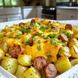 - 4 medium russet potatoes - 12 ounces smoked sausage - 1 cup shredded cheddar cheese - 1/2 cup ranch dressing - 1 tablespoon olive oil - 1 teaspoon garlic powder - 1 teaspoon onion powder - 1/2 teaspoon smoked paprika - Salt and black pepper to taste - 2 green onions I love using russet potatoes for this dish. Their starchy texture gives a nice bite. The smoked sausage adds a rich flavor, while cheddar cheese creates that gooey goodness we crave. For seasoning, I use ranch dressing for creaminess and flavor. Olive oil helps the potatoes brown nicely. Garlic and onion powder bring out amazing tastes in every bite. Smoked paprika adds a subtle warmth. Don’t forget salt and black pepper to enhance the flavors. For a fresh touch, I add sliced green onions on top. They not only look nice but also add a little crunch. This mix of ingredients creates a delightful dish everyone will love. 1. Preheat the oven: Start by preheating your oven to 400°F (200°C). This step is key for crisping the potatoes and sausage. 2. Prepare the potato and sausage mixture: In a large mixing bowl, add the diced potatoes and sliced smoked sausage. Then, pour in the olive oil, garlic powder, onion powder, smoked paprika, salt, and black pepper. Stir well until everything is coated nicely. 1. Spread on the baking sheet: Line a large baking sheet with parchment paper. Spread the potato and sausage mixture in a single layer. This helps them cook evenly. 2. Roast and check doneness: Place the baking sheet in the oven. Roast for about 25-30 minutes. Halfway through, stir the mixture to ensure even cooking. Check if the potatoes are tender and golden brown. 1. Add ranch dressing: Once the potatoes and sausage are done, take them out of the oven. Drizzle the ranch dressing over the top. Toss everything together gently to mix. 2. Top with cheddar cheese: Sprinkle the shredded cheddar cheese evenly over the mixture. This adds a rich, gooey layer. 3. Garnish and serve: Return the dish to the oven. Bake for another 5-7 minutes until the cheese is melted and bubbly. Remove from the oven, let cool for a few minutes, and then garnish with sliced green onions before serving. Enjoy your meal! To make your Cheesy Ranch Potatoes with Smoked Sausage perfect, even cooking is key. Stir the mixture halfway through roasting. This helps all the potatoes and sausage cook well without burning. When it comes to potatoes, I prefer medium russet potatoes. They are starchy and create a crispy outside while staying soft inside. You can also use Yukon gold potatoes for a buttery taste. If you want to prep ahead, chop the potatoes and sausage a day before. Store them in an airtight container in the fridge. This cuts down your cooking time. For reheating, use the oven for best results. Preheat it to 350°F (175°C). Place the dish on a baking sheet and heat until warm. This keeps it crispy, not soggy. Adding spices can make this dish even better. Try adding a pinch of cayenne pepper for heat, or a sprinkle of Italian seasoning for depth. As for toppings, don’t stop at cheese! You can add crispy bacon bits or even sour cream. Fresh herbs like parsley or cilantro also add nice flavor and color. {{image_2}} If you want to switch up the meat, try chicken or turkey sausage. They offer a lighter option but keep the great taste. Both pair well with the ranch and cheese. You can also make it vegetarian. Use plant-based sausage or skip the meat altogether. Add more veggies for a tasty twist. For those needing gluten-free options, ensure your ranch dressing is gluten-free. This dish can still be flavorful without gluten. If you want to cut carbs, use cauliflower instead of potatoes. It roasts nicely and soaks up flavors well. Feel free to experiment with different cheese varieties. Monterey Jack or pepper jack can add a fun kick. You can also switch the veggies. Bell peppers or zucchini add color and nutrition. Get creative, and make it your own! To store leftovers, let your Cheesy Ranch Potatoes cool down first. Place them in an airtight container. This helps keep them fresh. You can store them in the fridge for up to three days. For the best results, use glass or plastic containers with tight lids. They help prevent any moisture loss. You can reheat your leftovers in the oven or microwave. For the oven, preheat it to 350°F (175°C). Spread the potatoes on a baking sheet. Heat for about 15 minutes, or until warm. If you use a microwave, place a portion in a microwave-safe bowl. Heat for 1-2 minutes, stirring halfway. This keeps the dish moist and tasty. If you want to freeze the dish, do it before baking. Just mix the ingredients and place them in a freezer-safe bag. Squeeze out excess air and seal it tightly. You can keep it in the freezer for up to three months. To thaw, move the bag to the fridge overnight. Once thawed, bake as normal. This way, your Cheesy Ranch Potatoes will taste fresh and delicious! Can I use different types of potatoes? Yes, you can use different types of potatoes. Yukon Gold or red potatoes work well. They add a nice flavor and texture too. How can I make this dish spicier? To add some heat, sprinkle in cayenne pepper or red pepper flakes. You can also use spicy sausage for a bigger kick. What should I serve with Cheesy Ranch Potatoes? These tasty potatoes pair well with a simple green salad or steamed veggies. You could also serve them with grilled chicken or steak. My potatoes are undercooked, what should I do? If your potatoes are undercooked, return them to the oven. Roast for an additional 5-10 minutes. Check for tenderness with a fork. How can I prevent the cheese from burning? To avoid burnt cheese, add it during the last few minutes of cooking. Keep an eye on it to make sure it melts nicely. Caloric content for one serving One serving of Cheesy Ranch Potatoes with Smoked Sausage has about 450 calories. This can vary based on portion size and ingredients used. Dietary considerations for allergies This dish contains dairy and may have gluten based on the sausage brand. Always check labels for allergens if needed. This dish combines simple ingredients for a tasty meal. You learned how to prepare Cheesy Ranch Potatoes with sausages, seasonings, and garnishes. I shared tips for making it ahead and offered variations based on dietary needs. Remember to store leftovers properly for later enjoyment. With a few easy adjustments, you can make this dish fit your taste. Dive into cooking, and enjoy each bite of your flavorful creation!