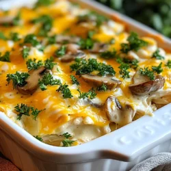 - 2 cups cooked chicken, shredded - 1 cup mushrooms, sliced (button or cremini) - 1 cup heavy cream - 1 cup shredded cheddar cheese - 1/2 cup cream cheese, softened - 2 tablespoons olive oil - 2 cloves garlic, minced - 1 teaspoon onion powder - 1 teaspoon garlic powder - 1/2 teaspoon paprika - Salt and pepper, to taste - Fresh parsley, chopped (for garnish) For this recipe, I like to use cooked chicken. You can use rotisserie chicken for ease. If you want a different flavor, try using turkey. For mushrooms, button or cremini work great. If you prefer, you can swap them for spinach or zucchini. Heavy cream adds richness, but you can use coconut cream for a dairy-free option. Cream cheese helps bind the dish. If you want to avoid dairy, try using cashew cream instead. This casserole serves four and is a keto-friendly dish. Each serving has about 450 calories. It contains around 30 grams of fat, 30 grams of protein, and only 5 grams of carbs. The low carb count makes it perfect for those on a keto diet. The high protein and fat content help keep you full. Enjoy this dish without guilt while sticking to your diet goals! {{ingredient_image_1}} Start by gathering your ingredients. You will need: - 2 cups cooked chicken, shredded - 1 cup mushrooms, sliced - 1 cup heavy cream - 1 cup shredded cheddar cheese - 1/2 cup cream cheese, softened - 2 tablespoons olive oil - 2 cloves garlic, minced - 1 teaspoon onion powder - 1 teaspoon garlic powder - 1/2 teaspoon paprika - Salt and pepper, to taste - Fresh parsley, chopped Next, preheat your oven to 375°F (190°C). This ensures your casserole cooks evenly. In a large skillet, heat 2 tablespoons of olive oil over medium heat. Add the sliced mushrooms. Sauté the mushrooms for 5-7 minutes. They should turn golden and tender. Add 2 cloves of minced garlic to the skillet. Cook for one more minute. The garlic should smell great now. In a separate bowl, mix the heavy cream, cream cheese, onion powder, garlic powder, paprika, salt, and pepper. Stir until the mixture is smooth and creamy. Now, it's time to layer your casserole. In a large baking dish, spread the shredded chicken evenly at the bottom. Pour the cream mixture over the chicken. Make sure to cover it well. Then, add the sautéed mushrooms on top. Sprinkle 1 cup of shredded cheddar cheese evenly over the entire dish. This will create a delicious, cheesy crust. Place the casserole in the preheated oven. Bake for 25-30 minutes. You want the cheese to become bubbly and golden brown. Once done, carefully remove the casserole from the oven. Let it cool for a few minutes. This helps the dish set. Before serving, garnish it with freshly chopped parsley. This adds a nice touch and a hint of freshness. Enjoy your Keto Chicken Mushroom Casserole! To make the casserole creamy, use heavy cream and cream cheese. These ingredients blend well. Mix them until smooth before adding to the dish. It helps to warm the cream cheese slightly. This makes it easier to mix. You want a nice, thick sauce for the chicken and mushrooms. If the sauce seems too thick, add a bit of chicken broth. This keeps the flavors rich while adding moisture. When cooking mushrooms, heat the oil in a large skillet over medium heat. Add the sliced mushrooms after the oil is warm. This helps them brown nicely. Sauté for about 5-7 minutes until they turn golden. Be sure not to crowd the pan. This allows the mushrooms to cook evenly. Stir in garlic after the mushrooms are tender. This adds flavor without burning the garlic. To boost the flavor of your casserole, use spices like paprika and onion powder. These add depth to the dish. Fresh herbs, like parsley, can also enhance the taste. Add them right before serving for a fresh flavor burst. Experiment with different spices, such as thyme or oregano, for a unique twist. A squeeze of lemon juice can brighten the flavors, too. Pro Tips Use Leftover Chicken: This recipe is perfect for using up any leftover rotisserie chicken or cooked chicken breast. Cheese Variations: Feel free to experiment with different cheeses such as mozzarella or pepper jack for a unique flavor. Make Ahead: You can prepare the casserole in advance and store it in the refrigerator. Just bake it when you’re ready to serve! Garnishing: Fresh herbs like thyme or rosemary can enhance the flavor profile—don’t hesitate to add them as a garnish! {{image_2}} You can swap the chicken for other meats. Turkey works great in this dish. You can also try cooked beef or pork. If you want a plant-based option, use tofu or seitan. Each protein brings its own flavor. Adjust cooking times based on your choice. Cooked meat should always be tender and juicy for the best taste. Feel free to add more veggies for extra nutrients. Broccoli, spinach, or bell peppers all fit well. Simply chop them up and throw them in. I often add spinach as it wilts down nicely. This adds color and flavor without many carbs. Remember to sauté any firm veggies first. This ensures they cook through in the oven. This casserole is naturally gluten-free, which is great! Just check your cream and cheese brands. Some may add gluten or fillers. Use gluten-free alternatives if you want to be safe. You can also serve this dish with a side salad. This keeps everything light and fresh. Enjoying this meal without gluten is easy and tasty! To keep your Keto Chicken Mushroom Casserole fresh, store it in an airtight container. Make sure it cools down first. This helps avoid moisture build-up, which can make your dish soggy. You can keep it in the fridge for up to four days. If you want to enjoy it later, freezing is a great option. Reheating is simple. You can use the oven or microwave. For the oven, preheat it to 350°F (175°C). Place the casserole in an oven-safe dish and cover it with foil. Heat for about 20 minutes or until hot. If you’re using a microwave, heat it in 1-minute intervals. Stir between intervals for even heating. Freezing is a smart way to save this dish. Make sure to store it in a freezer-safe container. You can freeze the casserole for up to three months. When you’re ready to eat it, thaw it overnight in the fridge. Then, reheat it using the instructions above. This way, you can enjoy a tasty meal anytime! Yes, you can use fresh mushrooms. Fresh ones add great flavor. I prefer button or cremini mushrooms. They cook well and taste amazing. Sauté them in olive oil for about 5-7 minutes. This helps release their rich flavors and makes them tender. To make this dish dairy-free, swap the heavy cream and cream cheese. Use coconut cream instead of heavy cream. For cream cheese, try a dairy-free soft cheese. These swaps keep the casserole creamy and delicious. You can also use nutritional yeast for a cheesy flavor without dairy. The carb count for this casserole is low. It has about 5 grams of carbs per serving. This makes it a great option for a keto diet. Most carbs come from the mushrooms and cream. But with the right ingredients, you can keep it keto-friendly. In this post, we explored key ingredients, cooking steps, and useful tips for your casserole. I shared ways to achieve a creamy texture, improve flavors, and suggested variations for different diets. Proper storage and reheating methods ensure your dish stays fresh and delicious. Remember, cooking is fun! Feel free to experiment with ingredients and make this recipe your own. With these tools, you are ready to create a tasty casserole that everyone will enjoy.