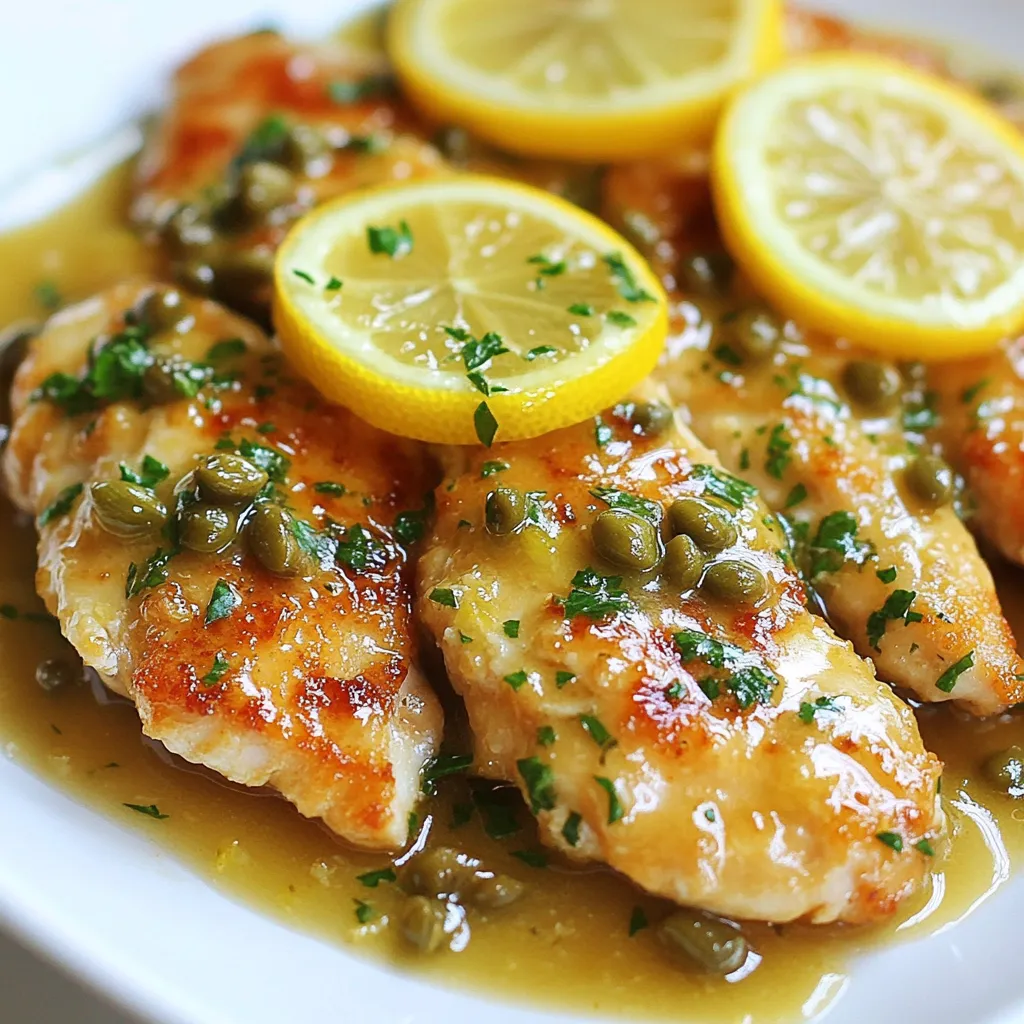 - 4 boneless, skinless chicken breasts - 1/2 cup all-purpose flour - Salt and pepper to taste - 1/4 cup olive oil - 1/4 cup unsalted butter The main star of this dish is the chicken. I use boneless, skinless chicken breasts for a tender texture. The flour gives a nice coating when you cook them. A sprinkle of salt and pepper adds basic flavor that shines through the sauce. - 3 lemons (juiced) - 2 cloves garlic, minced - 2 tablespoons capers, rinsed and drained Lemons bring a bright, zesty taste. I juice three fresh lemons to add a tangy kick. Garlic adds warmth and depth. Capers give a nice briny bite that balances the dish perfectly. - Fresh parsley, chopped for garnish - Lemon wedges Fresh parsley adds a pop of color on the plate. I like to serve lemon wedges on the side for extra zest. These bright touches make the dish look appealing and fresh. {{ingredient_image_1}} Start with chicken breasts. Place them between two sheets of plastic wrap. Use a meat mallet to pound them gently. Aim for an even thickness of about 1/2 inch. This step helps the chicken cook evenly. If the pieces are too thick, they may not cook through. Next, mix flour, salt, and pepper in a shallow dish. This is your coating mix. Take each chicken breast and coat both sides well. Shake off any excess flour. Even seasoning is key for great flavor. If you skip this, the chicken may taste bland. Heat a large skillet over medium-high heat. Add olive oil and two tablespoons of butter. Wait until the oil is hot. Then, add the chicken breasts. Sear them for 4-5 minutes on each side. Look for a golden brown color. This shows they are getting crisp. Once cooked through, remove the chicken from the skillet and set aside. In the same skillet, lower the heat to medium. Add minced garlic and sauté it for about 30 seconds. You want it fragrant but not burnt. Pour in the chicken broth and lemon juice. Scrape any brown bits from the bottom of the pan. This adds rich flavor to your sauce. Now, stir in the rinsed capers and the remaining butter. Let the sauce simmer for 3-4 minutes. This helps to reduce it slightly. After that, return the cooked chicken to the skillet. Spoon the sauce over the chicken. Simmer for an additional 2-3 minutes to heat through. Finally, plate each chicken breast. Pour the lemon-caper sauce over the top. This adds a lovely shine and flavor. Sprinkle freshly chopped parsley on top for a pop of color. It makes the dish look bright and inviting. Enjoy your Lemon Chicken Piccata! To make a great chicken piccata, start with even chicken breasts. Pound them gently to about 1/2 inch thick. This helps them cook evenly. Avoid overcooking the chicken. Use medium-high heat and check for a golden color. The sauce should be thick but not too heavy. If it’s too thin, let it simmer longer. If it’s too thick, add a splash of chicken broth. Balancing the tangy lemon with the rich butter is key. Taste as you go to find the right mix. For busy cooks, you can prep chicken a day ahead. Pound and season it, then store it in the fridge. You can also make the sauce ahead. Just reheat it gently before serving. This will save time and stress on busy nights. Pro Tips Use Fresh Lemons: Freshly squeezed lemon juice elevates the flavor of the sauce significantly compared to bottled juice. Always opt for fresh for the best taste. Let Chicken Rest: After cooking, allow the chicken to rest for a few minutes before serving. This helps retain moisture and enhances tenderness. Adjust Sauce Consistency: If you prefer a thicker sauce, whisk in a slurry of cornstarch and water during the simmering process to achieve your desired texture. Capers Substitute: If you don't have capers on hand, chopped green olives can provide a similar briny flavor to the dish, though the taste will be slightly different. {{image_2}} To make Lemon Chicken Piccata healthier, consider these tips: - Baked vs. Fried: Instead of frying, bake the chicken. Coat the chicken in flour and bake at 400°F for 20-25 minutes until golden. This cuts down on oil. - Substituting Ingredients: Use whole wheat flour for added fiber. You can also swap butter for a light oil, like avocado oil, for a healthier fat option. Adding new flavors can make this dish exciting: - Adding Herbs or Spices: Mix in fresh herbs like thyme or rosemary. These add a nice touch of flavor and aroma. - Different Types of Citrus: Swap lemons for limes or oranges. Each citrus gives a unique twist to the sauce. Try using a mix of citrus for a refreshing taste. Picky eaters might enjoy these changes: - Modifications for Picky Eaters: Keep the chicken simple. Omit capers and garlic. Serve the chicken with just lemon juice for a milder taste. - Offering Dips: Serve the sauce on the side. Kids can dip the chicken, making it fun and interactive. These variations keep the dish fun and can please everyone at the table! To keep your Lemon Chicken Piccata fresh, cool it down right away. Let it sit at room temperature for no more than two hours. Transfer the chicken and sauce into airtight containers. This helps keep flavors intact. Store in the fridge for up to three days. You can freeze Lemon Chicken Piccata for later use. First, let it cool completely. Place the chicken and sauce in freezer-safe bags or containers. Remove as much air as possible to prevent freezer burn. It will stay fresh for about three months. To thaw, move it to the fridge overnight. For a quicker option, use the microwave. Just make sure to use the defrost setting to avoid cooking the chicken. When reheating, aim to keep the chicken moist and tender. Use a skillet over low heat. Add a splash of chicken broth or water to the pan. This adds moisture. Cover the skillet to keep steam in. Heat until warm, about 5 to 7 minutes. You can also microwave in short bursts, stirring in between. This keeps the dish from drying out. Enjoy your Lemon Chicken Piccata just as delicious as when it was first made! Lemon Chicken Piccata is a bright, tasty dish. It comes from Italian cuisine. The dish features thin chicken breasts, lemon juice, and capers. It has a crisp coating and a rich sauce. This recipe is simple but full of flavor. Yes, you can easily make Lemon Chicken Piccata gluten-free. Use almond flour or rice flour instead of all-purpose flour. Both options work well for dredging the chicken. They give a nice texture without gluten. This dish takes about 15 minutes to prep and 15 minutes to cook. So, in total, it takes around 30 minutes. This makes it a great option for a quick weeknight dinner. Lemon Chicken Piccata pairs well with many side dishes. You can serve it with pasta, rice, or a fresh salad. Steamed vegetables or garlic bread also make great choices. These sides complement the flavors of the dish. Yes, you can use chicken thighs instead of chicken breasts. Thighs have a richer flavor and stay juicy. Just make sure to adjust cooking times slightly, as thighs may take a bit longer to cook through. Lemon Chicken Piccata is a tasty dish with bright flavors. You learned about key ingredients, preparation methods, and tips to avoid mistakes. With options for healthier alternatives and kid-friendly tweaks, this dish fits many tastes. Remember to store leftovers properly to keep them fresh. Don’t hesitate to experiment with flavors and sides. Enjoy making this easy meal for any occasion! With practice, you can master this dish and impress your family.