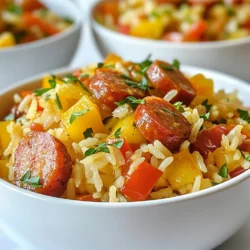 - 1 pound smoked sausage, sliced into coins - 1 cup long-grain rice, rinsed - 1 medium onion, chopped - 1 bell pepper (any color), diced - 3 cloves garlic, minced - 1 can (14.5 oz) diced tomatoes, with juices - 2 cups chicken broth - 1 teaspoon smoked paprika - Salt and pepper to taste - 1 tablespoon olive oil - 1/2 teaspoon cayenne pepper (optional, for heat) - Fresh parsley or cilantro for garnish Each ingredient adds its own touch. The smoked sausage gives a rich flavor. The long-grain rice absorbs all the tasty juices. Onions, bell peppers, and garlic bring a fresh crunch and aroma. Diced tomatoes add moisture and sweetness. Chicken broth enhances the overall taste. Smoked paprika gives a warm, smoky kick. Feel free to add cayenne for some heat if you like spice. Fresh herbs like parsley or cilantro can make your dish pop with color and taste. This mix of ingredients makes Smoked Sausage One-Pot Rice a simple yet flavorful meal. {{ingredient_image_1}} - Slicing smoked sausage: Start by slicing the smoked sausage into half-inch coins. Use a sharp knife for clean cuts. This helps the sausage cook evenly and adds great flavor. - Chopping vegetables: Next, chop the onion and bell pepper into small pieces. Mince the garlic cloves. This step adds texture and flavor to your dish. - Browning the sausage: In a large pot, heat olive oil over medium heat. Add the sliced sausage. Cook it for about 5 to 7 minutes until it’s nicely browned. This step adds a rich, smoky taste to the meal. Once browned, set the sausage aside but keep the tasty fats in the pot. - Sautéing vegetables and spices: Add the chopped onion and bell pepper to the pot. Sauté them for about 4 to 5 minutes until the onions look clear. Then, stir in the minced garlic, smoked paprika, and cayenne pepper if you like heat. Cook this mix for just one minute to bring out the aromas. - Adding rice, tomatoes, and broth: Pour the rinsed rice into the pot. Stir it well so the rice gets coated with the sausage and veggies. Then add the can of diced tomatoes (with juices) and chicken broth. Mix everything together and bring it to a boil. - Simmering and final steps: Once it boils, lower the heat to a gentle simmer. Cover the pot and cook for 20 minutes. The rice will absorb the broth and flavors. After 20 minutes, fluff the rice with a fork, then stir in the frozen peas and the browned sausage. Let everything heat for 5 more minutes. Season with salt and pepper to your taste. To make your dish even tastier, adjust the spice levels. If you like more heat, add more cayenne pepper. Start with a little, then taste as you go. For a milder dish, skip it altogether. Using fresh herbs can brighten up flavors. Fresh parsley or cilantro adds a nice touch. Dried herbs work too, but the taste is not as strong. Use one tablespoon of fresh herbs or one teaspoon of dried herbs for a great boost. Rinsing rice is very important. It removes excess starch. This helps keep the rice from getting sticky. Rinse it under cold water until the water runs clear. Even cooking is key for this dish. Stir the rice and liquid well before simmering. This ensures all the rice cooks evenly. If you notice some grains sticking to the bottom, gently stir them back in. Garnishing makes your dish look special. Top your one-pot rice with freshly chopped parsley or cilantro. This adds color and freshness. You can also add lemon slices on the side for a zesty flavor. When serving, use deep bowls. This keeps the meal warm and looks inviting. Add a spoon or fork on the side for easy eating. Pro Tips Use Quality Sausage: Select high-quality smoked sausage for the best flavor. Look for brands that use natural ingredients without fillers. Rinse the Rice: Rinsing the rice removes excess starch, preventing it from becoming gummy. This helps achieve a light and fluffy texture. Adjust the Spice: Feel free to adjust the cayenne pepper based on your heat preference. For a milder dish, omit it entirely. Rest Before Serving: Let the dish sit covered for a few minutes after cooking. This allows the flavors to meld and the rice to firm up. {{image_2}} You can switch the smoked sausage for chicken or turkey sausage. These options keep the dish light and tasty. Chicken sausage adds a mild flavor, while turkey sausage gives a leaner choice. You can also add shrimp or other seafood for a twist. Shrimp cooks quickly and adds a nice touch. Just toss it in during the last few minutes of cooking. If you want a vegetarian meal, replace the sausage with plant-based alternatives. Options like tofu or tempeh work well. They absorb flavors and add protein. You can also add more vegetables. Try zucchini, carrots, or spinach. They add color and nutrition. This way, you keep the dish vibrant and healthy. Changing spices can give you new flavors. You might add cumin or oregano for a different taste. Try adding a splash of soy sauce for umami. You can also swap the chicken broth for vegetable broth. This keeps it vegetarian and adds depth. Feel free to experiment and find your favorite combinations. You can keep smoked sausage one-pot rice in the fridge for about 3 to 4 days. Store it in an airtight container to keep it fresh. This helps prevent the rice from drying out or absorbing other smells. Always let it cool to room temperature before you put it in the fridge. If you want to save some for later, freezing is a great option. Divide the rice into portions that fit in your freezer bags. Make sure to squeeze out as much air as you can before sealing. When you are ready to eat, thaw it overnight in the fridge. Reheat it in the microwave or on the stove until it's hot all the way through. Making this dish in advance saves you time. You can cook a big batch and enjoy it for days. It’s easy to serve from the fridge or freezer. You can also pair it with a salad or some bread for a complete meal. Plus, the flavors get even better after a day in the fridge! Yes, you can use brown rice. Brown rice takes longer to cook. You should increase the liquid to 2 ½ cups. Simmer for about 40-45 minutes, until the rice is tender. To add heat, use cayenne pepper or red pepper flakes. You can also add diced jalapeños. Another option is to serve with hot sauce on the side, so everyone can adjust the spice. This dish pairs well with garlic bread or a fresh salad. You can also serve it with roasted vegetables for a complete meal. For a zesty touch, add lemon wedges on the side. In this post, we explored making a tasty smoked sausage one-pot rice dish. I shared key ingredients like smoked sausage, rice, and fresh veggies. You learned step-by-step instructions to prepare, cook, and combine these flavors. We also looked at tips to enhance flavor and ideas for variations. Plus, I covered storage options for your leftovers. This dish is easy and fun to make. You can adapt it to your taste and enjoy every bite!