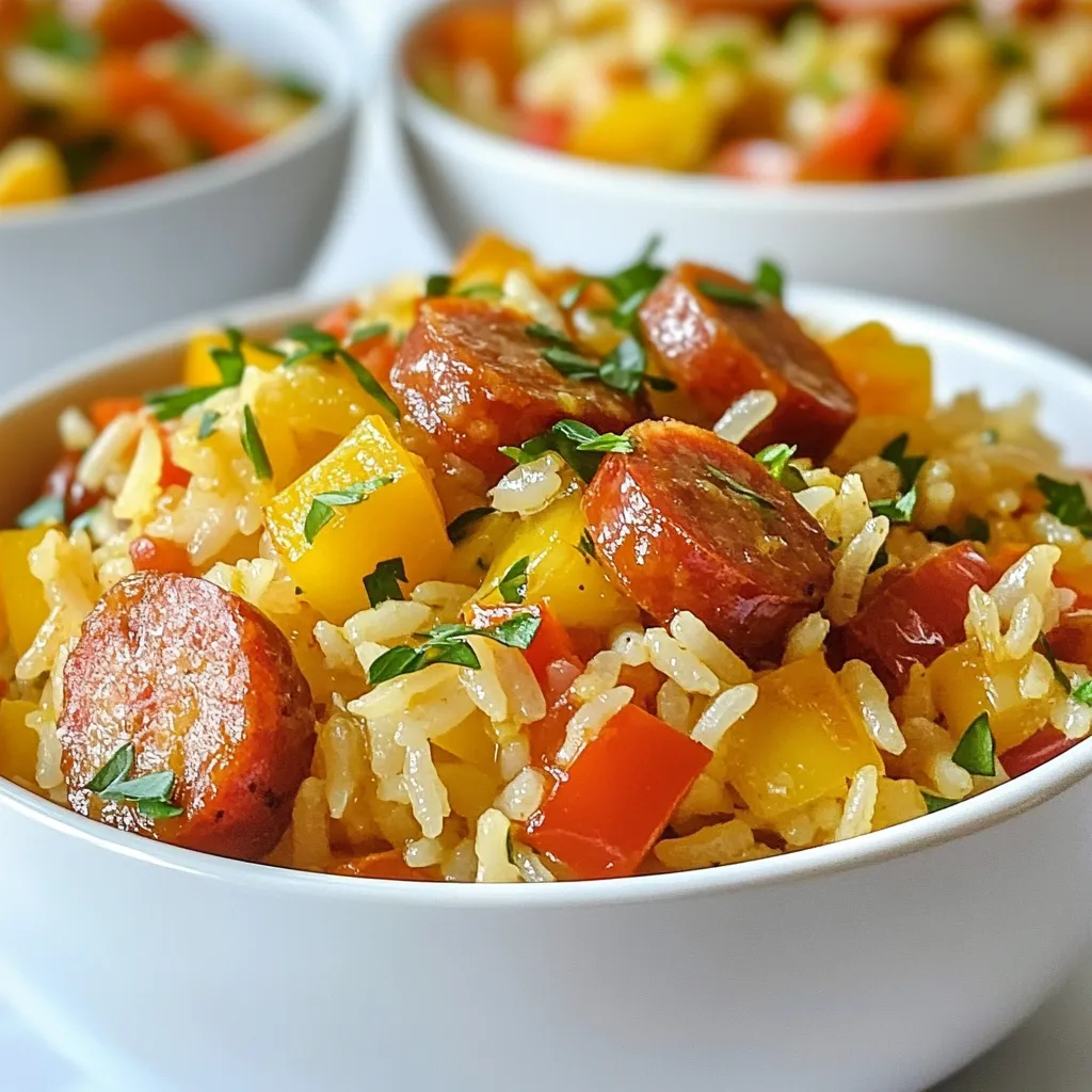 - 1 pound smoked sausage, sliced into coins - 1 cup long-grain rice, rinsed - 1 medium onion, chopped - 1 bell pepper (any color), diced - 3 cloves garlic, minced - 1 can (14.5 oz) diced tomatoes, with juices - 2 cups chicken broth - 1 teaspoon smoked paprika - Salt and pepper to taste - 1 tablespoon olive oil - 1/2 teaspoon cayenne pepper (optional, for heat) - Fresh parsley or cilantro for garnish Each ingredient adds its own touch. The smoked sausage gives a rich flavor. The long-grain rice absorbs all the tasty juices. Onions, bell peppers, and garlic bring a fresh crunch and aroma. Diced tomatoes add moisture and sweetness. Chicken broth enhances the overall taste. Smoked paprika gives a warm, smoky kick. Feel free to add cayenne for some heat if you like spice. Fresh herbs like parsley or cilantro can make your dish pop with color and taste. This mix of ingredients makes Smoked Sausage One-Pot Rice a simple yet flavorful meal. {{ingredient_image_1}} - Slicing smoked sausage: Start by slicing the smoked sausage into half-inch coins. Use a sharp knife for clean cuts. This helps the sausage cook evenly and adds great flavor. - Chopping vegetables: Next, chop the onion and bell pepper into small pieces. Mince the garlic cloves. This step adds texture and flavor to your dish. - Browning the sausage: In a large pot, heat olive oil over medium heat. Add the sliced sausage. Cook it for about 5 to 7 minutes until it’s nicely browned. This step adds a rich, smoky taste to the meal. Once browned, set the sausage aside but keep the tasty fats in the pot. - Sautéing vegetables and spices: Add the chopped onion and bell pepper to the pot. Sauté them for about 4 to 5 minutes until the onions look clear. Then, stir in the minced garlic, smoked paprika, and cayenne pepper if you like heat. Cook this mix for just one minute to bring out the aromas. - Adding rice, tomatoes, and broth: Pour the rinsed rice into the pot. Stir it well so the rice gets coated with the sausage and veggies. Then add the can of diced tomatoes (with juices) and chicken broth. Mix everything together and bring it to a boil. - Simmering and final steps: Once it boils, lower the heat to a gentle simmer. Cover the pot and cook for 20 minutes. The rice will absorb the broth and flavors. After 20 minutes, fluff the rice with a fork, then stir in the frozen peas and the browned sausage. Let everything heat for 5 more minutes. Season with salt and pepper to your taste. To make your dish even tastier, adjust the spice levels. If you like more heat, add more cayenne pepper. Start with a little, then taste as you go. For a milder dish, skip it altogether. Using fresh herbs can brighten up flavors. Fresh parsley or cilantro adds a nice touch. Dried herbs work too, but the taste is not as strong. Use one tablespoon of fresh herbs or one teaspoon of dried herbs for a great boost. Rinsing rice is very important. It removes excess starch. This helps keep the rice from getting sticky. Rinse it under cold water until the water runs clear. Even cooking is key for this dish. Stir the rice and liquid well before simmering. This ensures all the rice cooks evenly. If you notice some grains sticking to the bottom, gently stir them back in. Garnishing makes your dish look special. Top your one-pot rice with freshly chopped parsley or cilantro. This adds color and freshness. You can also add lemon slices on the side for a zesty flavor. When serving, use deep bowls. This keeps the meal warm and looks inviting. Add a spoon or fork on the side for easy eating. Pro Tips Use Quality Sausage: Select high-quality smoked sausage for the best flavor. Look for brands that use natural ingredients without fillers. Rinse the Rice: Rinsing the rice removes excess starch, preventing it from becoming gummy. This helps achieve a light and fluffy texture. Adjust the Spice: Feel free to adjust the cayenne pepper based on your heat preference. For a milder dish, omit it entirely. Rest Before Serving: Let the dish sit covered for a few minutes after cooking. This allows the flavors to meld and the rice to firm up. {{image_2}} You can switch the smoked sausage for chicken or turkey sausage. These options keep the dish light and tasty. Chicken sausage adds a mild flavor, while turkey sausage gives a leaner choice. You can also add shrimp or other seafood for a twist. Shrimp cooks quickly and adds a nice touch. Just toss it in during the last few minutes of cooking. If you want a vegetarian meal, replace the sausage with plant-based alternatives. Options like tofu or tempeh work well. They absorb flavors and add protein. You can also add more vegetables. Try zucchini, carrots, or spinach. They add color and nutrition. This way, you keep the dish vibrant and healthy. Changing spices can give you new flavors. You might add cumin or oregano for a different taste. Try adding a splash of soy sauce for umami. You can also swap the chicken broth for vegetable broth. This keeps it vegetarian and adds depth. Feel free to experiment and find your favorite combinations. You can keep smoked sausage one-pot rice in the fridge for about 3 to 4 days. Store it in an airtight container to keep it fresh. This helps prevent the rice from drying out or absorbing other smells. Always let it cool to room temperature before you put it in the fridge. If you want to save some for later, freezing is a great option. Divide the rice into portions that fit in your freezer bags. Make sure to squeeze out as much air as you can before sealing. When you are ready to eat, thaw it overnight in the fridge. Reheat it in the microwave or on the stove until it's hot all the way through. Making this dish in advance saves you time. You can cook a big batch and enjoy it for days. It’s easy to serve from the fridge or freezer. You can also pair it with a salad or some bread for a complete meal. Plus, the flavors get even better after a day in the fridge! Yes, you can use brown rice. Brown rice takes longer to cook. You should increase the liquid to 2 ½ cups. Simmer for about 40-45 minutes, until the rice is tender. To add heat, use cayenne pepper or red pepper flakes. You can also add diced jalapeños. Another option is to serve with hot sauce on the side, so everyone can adjust the spice. This dish pairs well with garlic bread or a fresh salad. You can also serve it with roasted vegetables for a complete meal. For a zesty touch, add lemon wedges on the side. In this post, we explored making a tasty smoked sausage one-pot rice dish. I shared key ingredients like smoked sausage, rice, and fresh veggies. You learned step-by-step instructions to prepare, cook, and combine these flavors. We also looked at tips to enhance flavor and ideas for variations. Plus, I covered storage options for your leftovers. This dish is easy and fun to make. You can adapt it to your taste and enjoy every bite!