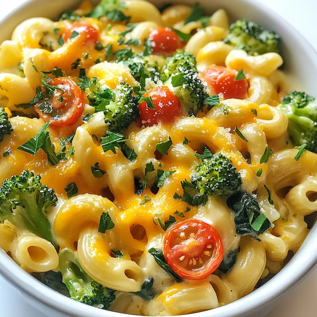 To make One-Pot Veggie Mac and Cheese, gather these items: - 2 cups elbow macaroni - 1 tablespoon olive oil - 1 small onion, finely chopped - 2 cloves garlic, minced - 1 cup broccoli florets - 1 cup cherry tomatoes, halved - 1 cup baby spinach - 3 cups vegetable broth - 1 ½ cups shredded sharp cheddar cheese - ½ cup grated Parmesan cheese - 1 teaspoon paprika - Salt and pepper to taste - Fresh parsley, chopped (for garnish) You can swap some ingredients based on your needs. For the macaroni, use any small pasta like shells or penne. If you don’t have broccoli, try zucchini or bell peppers instead. For cheese, feel free to use mozzarella or gouda. You can replace vegetable broth with chicken broth if you prefer. If you're short on fresh parsley, dried herbs can work too. To cook this dish, you'll need: - A large pot - A stirring spoon - A chopping board - A knife - Measuring cups and spoons This setup helps you make a tasty meal with ease. {{ingredient_image_1}} Start by gathering all your ingredients. You need: - 2 cups elbow macaroni - 1 tablespoon olive oil - 1 small onion, finely chopped - 2 cloves garlic, minced - 1 cup broccoli florets - 1 cup cherry tomatoes, halved - 1 cup baby spinach - 3 cups vegetable broth - 1 ½ cups shredded sharp cheddar cheese - ½ cup grated Parmesan cheese - 1 teaspoon paprika - Salt and pepper to taste - Fresh parsley, chopped (for garnish) Chop your onion and mince the garlic. This makes your dish flavorful. In a large pot, heat the olive oil over medium heat. Add the chopped onion. Cook it for 3-4 minutes until it turns soft. Stir in the minced garlic and cook for about 30 seconds until you smell its great aroma. Next, add the elbow macaroni, vegetable broth, broccoli florets, and cherry tomatoes to the pot. Sprinkle in the paprika, salt, and pepper. Bring this mix to a boil. Once boiling, reduce the heat to low and cover the pot. Let it simmer for 8-10 minutes. Stir it every now and then. You want the pasta cooked and most of the liquid gone. Once the pasta is ready, toss in the baby spinach. Stir until it wilts, which should take about 1-2 minutes. Now, remove the pot from the heat. Gradually mix in the sharp cheddar cheese and Parmesan cheese. Keep stirring until everything melts and turns creamy. Taste it and adjust the seasoning if needed. Serve this dish hot. Don't forget to garnish with chopped parsley. It adds a nice touch! To get creamy mac and cheese, start with the right cheese. Sharp cheddar and Parmesan melt well and add great flavor. Mix them in slowly after cooking. Stir them gently to make it smooth. If it's too thick, add a splash of broth or milk to loosen it. For the best taste, use a mix of cheeses. I love sharp cheddar for its strong flavor. Parmesan adds a nice salty kick. You can also try Gruyère or Monterey Jack. They melt well and make your mac and cheese extra creamy. To spice things up, add more paprika or a pinch of cayenne. You can also toss in some black pepper for heat. For a fresh taste, add lemon juice or zest. If you want a herb flavor, mix in fresh basil or thyme. Pro Tips Use Whole Wheat Pasta: For a healthier twist, substitute regular elbow macaroni with whole wheat pasta. It adds extra fiber and nutrients. Experiment with Cheese: Feel free to mix different types of cheese like mozzarella or gouda with the cheddar for a unique flavor profile. Cook Vegetables to Your Preference: If you prefer your vegetables softer, add them to the pot earlier in the cooking process. Leftover Storage: This dish stores well in the fridge for up to 3 days. Reheat in the microwave, adding a splash of vegetable broth to keep it creamy. {{image_2}} You can add protein to your One-Pot Veggie Mac and Cheese for more nutrition. Tofu works well. Just press it to remove extra moisture, then cube it. Add it to the pot when you sauté the onion and garlic. Chickpeas are another great option. Just drain and rinse a can of chickpeas. Stir them in with the pasta and broth. Both options boost protein and add great texture. Feel free to mix and match veggies in your mac and cheese. Zucchini and bell peppers add color and flavor. Mushrooms bring a nice earthy taste. You can even use frozen mixed veggies for convenience. Add them in when you combine the pasta and broth. This dish is flexible, so use what you have on hand! If you're gluten-free, you can still enjoy this dish. Use gluten-free elbow macaroni instead of regular pasta. Many brands offer tasty options that cook well. Check the cooking time, as it may vary. You can also use rice pasta for a different twist. Just be sure to read the package instructions for the best results. Enjoy your creamy, cheesy dish without worry! After enjoying your veggie mac and cheese, let it cool down. Then, place it in an airtight container. This keeps it fresh. Store it in the fridge for up to three days. If you want to keep it longer, consider freezing it. To reheat, you can use the microwave or the stovetop. If using the microwave, heat it in short bursts. Stir in between to help it warm evenly. On the stovetop, add a splash of water or broth. Heat over low heat, stirring until warm. This helps keep your mac and cheese creamy. You can freeze this dish for up to three months. To do this, let it cool completely. Then, place portions in freezer-safe bags or containers. Squeeze out excess air and seal tightly. When you are ready to eat, thaw it overnight in the fridge. Then, reheat using the methods above. Enjoying your veggie mac and cheese later is just as good! Yes, you can easily make this dish vegan. To do this, swap the cheese for plant-based cheese. You can also use almond or cashew milk instead of vegetable broth. This way, you keep the creamy texture while making it dairy-free. One-Pot Veggie Mac and Cheese lasts about three to four days in the fridge. Store it in an airtight container to keep it fresh. When you want to eat it, just reheat it on the stove or in the microwave. Absolutely! You can use any pasta shape you like. Penne, shell, or fusilli all work well. Just make sure to adjust the cooking time according to the pasta you choose. This dish pairs well with a simple side salad or garlic bread. You can also add some grilled chicken or tofu for extra protein. Enjoy it with a glass of cold lemonade for a delightful meal! You learned how to make One-Pot Veggie Mac and Cheese. We covered ingredients, equipment, and simple steps. You can customize with proteins or veggies. I shared tips for creaminess and flavor. You now know how to store and reheat leftovers. Enjoy crafting this dish, knowing you can adapt it to your taste. Mac and cheese brings comfort and joy. I hope you create a plate that your family loves!