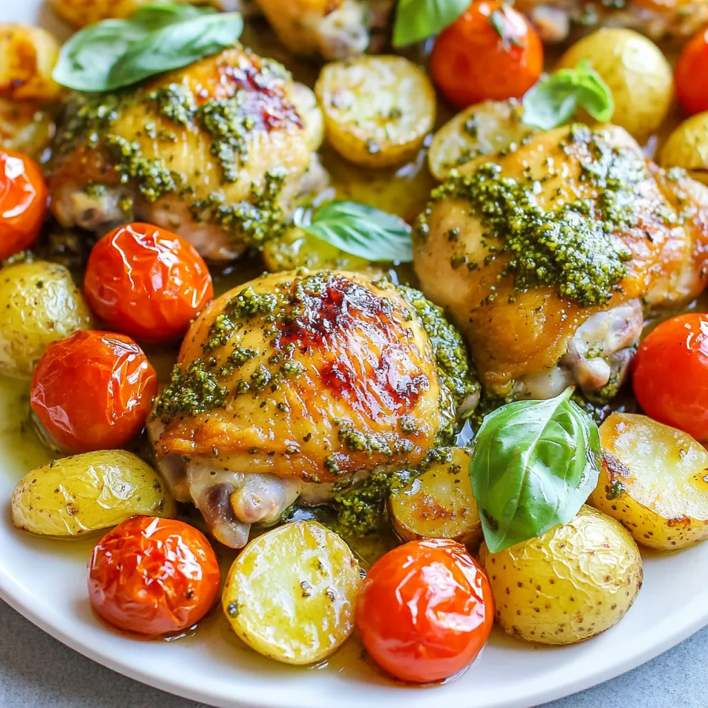 Cooking is fun when you have the right ingredients. Here’s what you need for sheet pan pesto chicken thighs: - 4 bone-in, skin-on chicken thighs - 1 cup basil pesto (store-bought or homemade) - 2 cups baby potatoes, halved - 1 cup cherry tomatoes, halved - 1 red bell pepper, sliced - 2 tablespoons olive oil - 1 teaspoon garlic powder - Salt and pepper to taste - Fresh basil leaves for garnish (optional) Each ingredient plays a key role in this dish. The chicken thighs provide rich flavor and juicy texture. Basil pesto adds a fresh and herby taste that makes each bite special. Baby potatoes are fluffy inside and crispy outside, giving a nice contrast. Cherry tomatoes burst with sweetness, while red bell pepper adds crunch and color. Olive oil and garlic powder enhance the overall flavor, and salt and pepper tie everything together. Fresh basil for garnish adds a pop of color and extra freshness. With these ingredients, you will create a delightful dinner that everyone will love. {{ingredient_image_1}} - Preheating the oven Start by preheating your oven to 425°F (220°C). This step is key for getting crispy chicken. - Marinating the chicken thighs In a large bowl, mix the chicken thighs with the basil pesto. Toss the chicken well to coat it evenly. Let it sit for about 15 minutes. This allows the flavors to soak in. - Preparing the vegetables In another bowl, take the halved baby potatoes and drizzle them with olive oil. Add garlic powder, salt, and pepper. Toss them until they are fully coated. Set these aside for later. - Arranging ingredients on the baking sheet Grab a large baking sheet. Place the marinated chicken thighs in the center. Scatter the seasoned baby potatoes around the chicken. Add the halved cherry tomatoes and sliced red bell pepper. Spread everything out evenly for best cooking. - Roasting in the oven Put the baking sheet in the preheated oven. Roast for about 30 to 35 minutes. The chicken should reach an internal temperature of 165°F (75°C). You want the skin to look crispy and golden brown. - Optional broiling for extra crispiness For an extra crunchy finish, switch your oven to broil. Broil for the last 3 to 5 minutes. Watch closely to avoid burning. This step gives your chicken a delightful crispy layer. Enjoy the rich flavors and easy cleanup that comes with this dish! - How to achieve crispy chicken skin To get that perfect crispy skin, start with bone-in, skin-on thighs. Pat them dry with a paper towel. This helps remove moisture. Then, coat them well with pesto. The oil in the pesto helps crisp the skin. For extra crunch, broil them for the last few minutes. Keep an eye on them so they don’t burn. - Adjusting cooking time for larger/thicker thighs If you use larger thighs, check their size. They may need more cooking time. Use a meat thermometer to check for doneness. The internal temperature should reach 165°F. If your thighs are thick, roast them for an extra 5-10 minutes. This ensures they cook all the way through. - Store-bought vs. homemade pesto You can use store-bought pesto for speed. It’s convenient and tasty. However, homemade pesto can give you a fresher taste. If you have time, blend fresh basil, garlic, nuts, olive oil, and cheese. It’s easy to make and adds a personal touch. - Flavor variations in pesto Pesto is not just basil! Try using other herbs like cilantro or spinach. You can also mix in different nuts like walnuts or pecans. Adding a squeeze of lemon juice can brighten the flavor. Experimenting with flavors can make your dish unique and fun. Pro Tips Marinate Longer for Flavor: If time allows, marinate the chicken thighs in the pesto for a few hours or overnight in the fridge for maximum flavor absorption. Use Fresh Ingredients: For the best taste, opt for fresh basil and ripe tomatoes. Fresh ingredients elevate the overall flavor of the dish. Check for Doneness: Always use a meat thermometer to ensure the chicken has reached an internal temperature of 165°F (75°C) for safe consumption. Customize Your Veggies: Feel free to swap in your favorite vegetables or whatever you have on hand. Zucchini, asparagus, or bell peppers work great too! {{image_2}} You can change the protein if you want. Chicken breasts work well. They cook faster, so check them sooner. You can also try turkey thighs for a leaner option. For veggies, think about using zucchini or asparagus. Zucchini gives a soft bite. Asparagus adds a nice crunch. Both bring flavor and color to the dish. Add some cheese to elevate the taste. Grated Parmesan melts nicely and adds a salty kick. Mozzarella offers creaminess and stretches beautifully. You can also experiment with herbs and spices. Try adding thyme or rosemary for a fragrant touch. A pinch of red pepper flakes adds heat and depth. These small changes can make your meal exciting. To store leftovers, let the dish cool first. Place the chicken and veggies in an airtight container. This keeps the flavors fresh and safe. You can store it in the fridge for up to three days. Make sure you label the container with the date. This way, you can track how long it has been there. To reheat your sheet pan pesto chicken thighs, use the oven for best results. Preheat your oven to 350°F (175°C). Place the chicken and veggies on a baking sheet. Cover them with foil to keep moisture in. Heat for about 15-20 minutes or until warmed through. You can also use a microwave, but it may dry out the chicken. If you choose this method, cover it with a damp paper towel. This helps keep the chicken juicy. Enjoy your tasty leftovers! Can I use boneless chicken thighs? Yes, you can use boneless chicken thighs. They will cook faster, so check them early. Boneless thighs are juicy and easy to handle. The flavor from the pesto will still shine through. What should I serve with sheet pan pesto chicken thighs? You can serve this dish with a fresh salad or warm bread. Rice or quinoa also pairs well. The bright flavors of the chicken complement lighter sides nicely. How long does it take to cook chicken thighs? Cooking chicken thighs takes about 30 to 35 minutes at 425°F (220°C). The best way to know they are done is by checking their internal temperature. It should be 165°F (75°C). Can I prepare this recipe in advance? Yes, you can prepare this recipe in advance. Marinate the chicken thighs and chop the veggies ahead of time. Just store them in the fridge until you are ready to cook. This post provided a clear guide to making sheet pan pesto chicken thighs. You learned about the ingredients, preparation steps, and cooking methods. I also shared tips for perfecting the dish, along with variations and storage advice. Remember, you can customize this meal to fit your taste. Try different proteins or veggies to make it yours. Enjoy your cooking adventure and make great meals with ease!