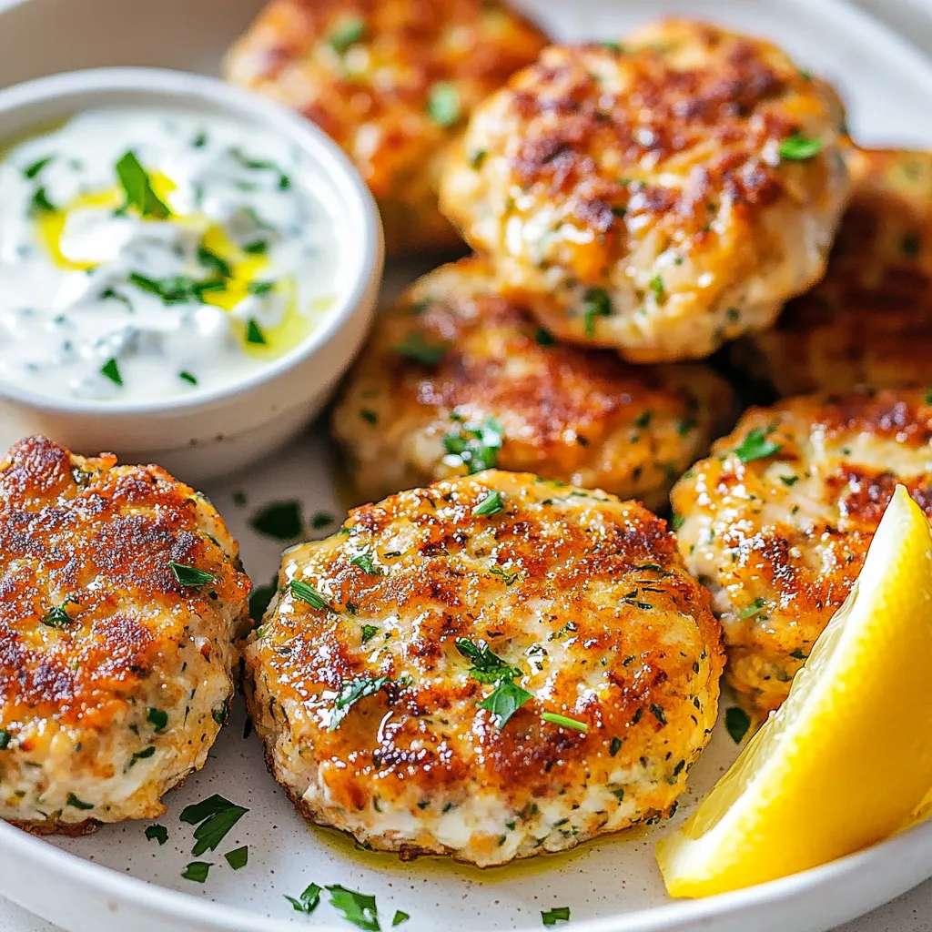 To make tasty chicken rissoles, you will need: - 500g ground chicken - 1 cup fresh breadcrumbs - 1/2 cup grated Parmesan cheese - 1 small onion, finely chopped - 2 garlic cloves, minced - 1/4 cup chopped fresh parsley - 1 teaspoon dried thyme - 1 teaspoon paprika - 1 egg, beaten - Salt and pepper to taste - Olive oil for frying Each serving of chicken rissoles offers a balance of protein, carbs, and fats. Here’s a quick look at the nutrition per serving: - Calories: Approximately 300 - Protein: 25g - Carbohydrates: 20g - Fat: 15g - Fiber: 1g This dish is a great source of protein from the chicken and cheese. If you don’t have some ingredients, here are a few easy swaps: - Use ground turkey or beef instead of chicken. - Swap breadcrumbs with oats or crushed crackers. - For cheese, any hard cheese can work. - Fresh herbs can be replaced with dried ones. - Use other spices like cumin or Italian seasoning for a twist. These substitutions keep the flavor while making the recipe more flexible! {{ingredient_image_1}} To start, gather your ingredients. You will need: - 500g ground chicken - 1 cup fresh breadcrumbs - 1/2 cup grated Parmesan cheese - 1 small onion, finely chopped - 2 garlic cloves, minced - 1/4 cup chopped fresh parsley - 1 teaspoon dried thyme - 1 teaspoon paprika - 1 egg, beaten - Salt and pepper to taste - Olive oil for frying Make sure everything is fresh. Measure each ingredient and set them aside. This will make mixing easier. In a large bowl, add the ground chicken, breadcrumbs, and grated cheese. Next, toss in the chopped onion, minced garlic, parsley, dried thyme, and paprika. These flavors blend well together. Now, crack the egg into the bowl. This helps bind the mixture. Season with salt and pepper to taste. Use your hands to mix everything thoroughly. The mixture should be moist but not sticky. Once mixed, shape the mixture into small patties. Each patty should be about 2 inches wide. This size helps them cook evenly. Heat a generous amount of olive oil in a non-stick frying pan over medium heat. Make sure the oil is hot before adding the rissoles. This helps them brown nicely. Carefully place the patties into the pan. Don’t overcrowd them. Fry each side for about 4-5 minutes. You want them golden brown and cooked through. After cooking, remove the rissoles and place them on paper towels. This step helps drain excess oil. Serve them warm for the best taste! You have a few options for cooking chicken rissoles. The best method is frying. Use a non-stick pan with olive oil. This method gives them a nice, crispy outside. You can also bake them for a healthier choice. Preheat your oven to 200°C (400°F) and place them on a baking tray. Bake for about 20-25 minutes, flipping halfway through, until golden. The texture of your rissoles matters. To get it just right, don’t overmix. Combine the ingredients until they are just mixed. This keeps them tender. Use fresh breadcrumbs as they hold moisture better than dried ones. If the mixture feels too wet, add more breadcrumbs little by little. You want them to hold together but not be too dry. Serving your chicken rissoles is a fun part. Place them on a platter with fresh greens. They look great that way. For dips, mix yogurt with lemon juice and herbs. This adds a nice zing. You can also serve them with a simple salad or roasted veggies. This makes a perfect meal or snack for any time. Pro Tips Ingredient Freshness: Use fresh herbs and ingredients for the best flavor. Fresh parsley and garlic can significantly enhance the taste of your rissoles. Consistent Sizing: Try to make your patties uniform in size for even cooking. This ensures that all rissoles cook through at the same rate. Preventing Stickiness: Lightly oil your hands while shaping the patties to prevent the mixture from sticking to your fingers. Serving Suggestions: Pair your rissoles with a tangy yogurt dip or a fresh salad to complement the savory flavors. {{image_2}} You can change the flavor of your rissoles by adding herbs and spices. Try using fresh basil or cilantro for a bright taste. For a spicy kick, add red pepper flakes. You can also mix in dried oregano or rosemary for a warm flavor. Experimenting with these can make each batch unique. Cheese adds creaminess and flavor to your rissoles. Swap out Parmesan for feta or cheddar. You can also mix in chopped spinach or sun-dried tomatoes for added texture. If you like a little sweetness, try adding finely chopped apples. These fillings can create new taste experiences. Sauces can elevate your rissoles. A yogurt sauce with lemon and herbs adds freshness. You can also serve them with ketchup or barbecue sauce for a classic touch. For a gourmet twist, try a spicy aioli. These sauces can make your meal even more enjoyable. After cooking your chicken rissoles, let them cool. Place them in an airtight container. You can keep them in the fridge for up to three days. This way, they stay fresh and tasty for your next meal. If you want to keep them longer, consider freezing. To reheat your rissoles, preheat your oven to 350°F (175°C). Place the rissoles on a baking sheet. Heat for about 10-15 minutes, or until warm. You can also use a microwave. Just place them on a plate and cover with a damp paper towel. Heat for 1-2 minutes. Check to ensure they are hot all the way through. To freeze your rissoles, first let them cool completely. Lay them flat on a baking sheet. Freeze for about an hour until firm. Once frozen, transfer them to a freezer bag. Remove as much air as possible before sealing. They can last up to three months in the freezer. When ready to eat, you can bake or pan-fry them directly from frozen. Chicken rissoles are small, savory patties made from ground chicken. They mix chicken with breadcrumbs, cheese, and herbs. You can fry them until they are golden brown. They are tasty and great for any meal. Yes, you can make chicken rissoles ahead of time. Prepare the mixture and shape the patties. Store them in the fridge for up to one day. You can also freeze them for later. Just make sure to wrap them well. When ready, thaw and cook them as usual. To check if rissoles are cooked, cut one in half. The inside should be white and no longer pink. You can also use a meat thermometer. The center should reach 75°C (165°F). Proper cooking keeps them safe to eat and tasty. We explored how to make delicious chicken rissoles in this guide. You learned about the key ingredients, how to prepare and cook them, and tips for perfect texture. I also provided fun variations to try and simple storage tips for leftovers. In conclusion, chicken rissoles are easy to make and vary with your taste. You can enjoy these bites any time you want!