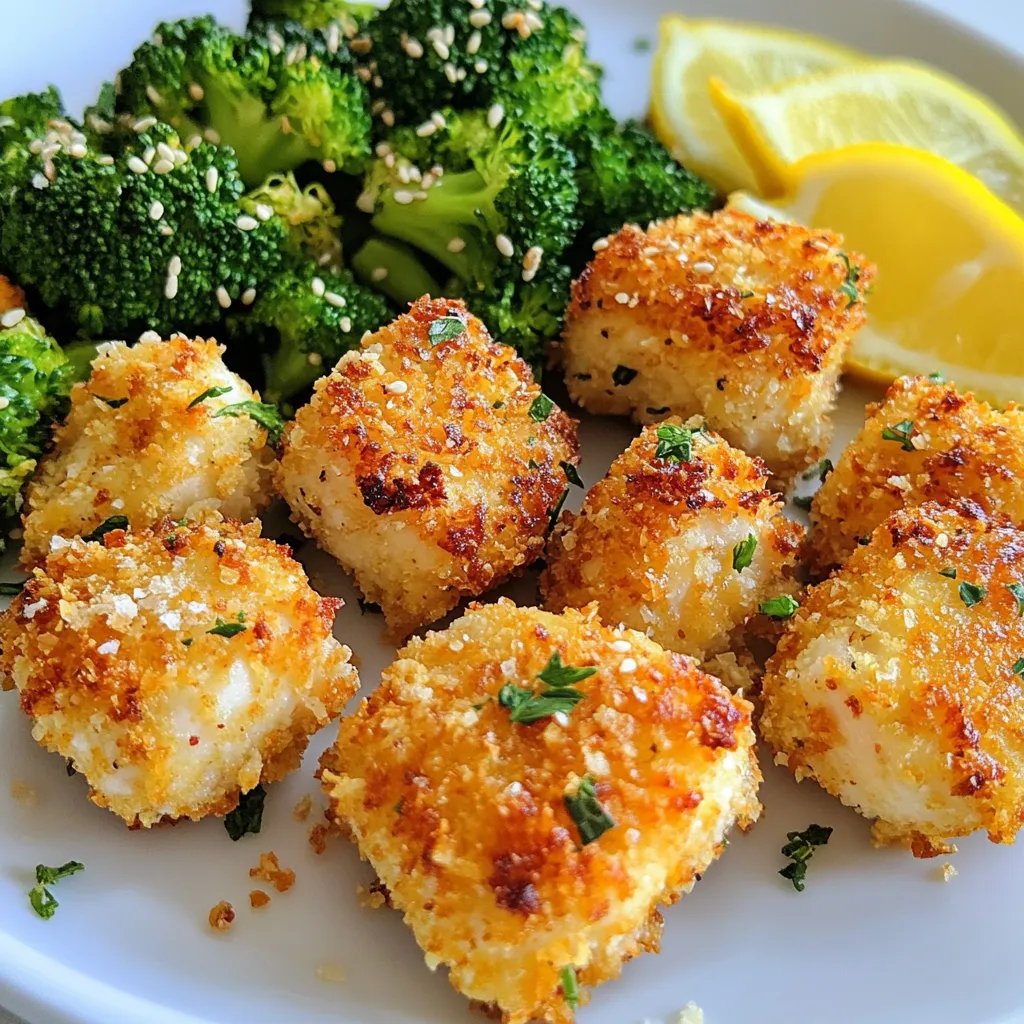 - 1 lb boneless, skinless chicken breasts, cut into bite-sized pieces - 2 tablespoons olive oil - 1 teaspoon garlic powder - 1 teaspoon paprika - 1/2 teaspoon salt - 1/4 teaspoon black pepper - 1 cup breadcrumbs (panko for extra crunch) - 1/2 cup grated Parmesan cheese - 1 head of broccoli, cut into florets - Zest and juice of 1 lemon - Pinch of salt and pepper - Optional: 1 tablespoon of sesame seeds for garnish To make these air fryer chicken bites and broccoli, gather these ingredients first. This keeps your cooking fun and organized. The chicken bites get their flavor from the spices and oil. The coating gives them that crispy finish. The broccoli adds a zesty kick with lemon. I love how these ingredients come together for a tasty meal. You can even add sesame seeds for extra crunch. {{ingredient_image_1}} Start with one pound of boneless, skinless chicken breasts. Cut them into bite-sized pieces. In a large bowl, combine the chicken with two tablespoons of olive oil. Add one teaspoon of garlic powder, one teaspoon of paprika, half a teaspoon of salt, and a quarter teaspoon of black pepper. Toss everything well so the chicken gets a nice, even coating. In another bowl, mix one cup of breadcrumbs with half a cup of grated Parmesan cheese. This mixture will give your chicken a tasty and crunchy crust. Make sure to combine them well. Preheat your air fryer to 400°F (200°C) for about 3-5 minutes. This step is important for a crispy texture. Now, take each marinated chicken piece and dip it into the breadcrumb mix. Press lightly to make sure the coating sticks. Place the coated bites in a single layer in the air fryer basket. Cook them for 10-12 minutes. Shake the basket halfway through to ensure they cook evenly. They should turn golden brown and crispy. While the chicken cooks, it’s time to prepare the broccoli. Cut one head of broccoli into florets. In a mixing bowl, toss the florets with olive oil, lemon zest, and lemon juice. Season with a pinch of salt and pepper. When the chicken is done, set it aside and add the broccoli to the air fryer. Cook at 400°F (200°C) for about 7-9 minutes. The broccoli should be tender and a bit crispy on the edges. Plate your crispy chicken bites next to the zesty broccoli. For a fun touch, sprinkle some sesame seeds on top for extra crunch. Enjoy your meal! To make your chicken bites extra crispy, use panko breadcrumbs. They create a light, crunchy layer. Make sure to coat each piece well. Press the breadcrumbs onto the chicken to help them stick. Preheating your air fryer is key too. Set it to 400°F (200°C) for a few minutes before adding the chicken. This helps lock in moisture while making the outside crispy. For the best broccoli texture, cut the florets into even sizes. This ensures they cook evenly. Toss them in olive oil, lemon zest, and juice to enhance flavor. Adding a pinch of salt and pepper helps too. Air fry the broccoli at 400°F (200°C) for 7-9 minutes. This gives a tender yet slightly crispy result. Shake the basket halfway through for even cooking. Feel free to get creative with seasonings! Besides garlic powder and paprika, try adding onion powder or cayenne for heat. For the broccoli, a sprinkle of chili flakes can spice things up. You can also swap the Parmesan for other cheeses, like cheddar or Romano. If you want a nutty flavor, toss in sesame seeds before serving. Pro Tips Use Panko Breadcrumbs: For maximum crunchiness, opt for panko breadcrumbs instead of regular breadcrumbs. They create a lighter and crispier coating. Let Chicken Rest: After air frying, allow the chicken bites to rest for a few minutes. This helps the juices redistribute, making the chicken more tender. Experiment with Seasonings: Feel free to customize the seasoning mix to your liking. Adding herbs like oregano or thyme can enhance the flavor profile. Batch Cooking: If you have a larger batch, cook the chicken in two or more rounds to avoid overcrowding the air fryer, ensuring even cooking and crispiness. {{image_2}} You can switch up the cheese for a new taste. Try using mozzarella for a gooey melt. Cheddar gives a sharp flavor, while feta adds a salty twist. Each cheese will change the dish's flavor and texture. Mix and match to find your favorite! Broccoli is great, but many veggies work well. Cauliflower florets can mimic the crunch of broccoli. Bell peppers add color and sweetness. Carrots roasted in the air fryer become tender and tasty. Feel free to add any veggies you enjoy for a colorful plate. Marinades can transform your chicken bites. A honey mustard mix adds sweetness. Teriyaki sauce gives a savory and sweet flavor that is delightful. For a kick, try a spicy marinade with sriracha and lime. Each marinade offers a new way to enjoy your meal. Store any leftover chicken bites and broccoli in an airtight container. Keep it in the fridge. They stay fresh for up to three days. Make sure to let them cool before sealing. When you’re ready to eat the leftovers, use the air fryer for reheating. Set it to 350°F (175°C) for about 5-7 minutes. This method keeps the chicken crispy and the broccoli tender. If you want to freeze the chicken bites and broccoli, let them cool first. Place them in a freezer-safe bag or container. They can last for up to three months in the freezer. To reheat, thaw in the fridge overnight and then air fry. Yes, you can use frozen chicken. Just be sure to thaw it first. Thawing allows the seasoning to stick better. You can place the chicken in the fridge overnight. If you're in a hurry, use the microwave on the defrost setting. You can serve these chicken bites with many sides. Some great options are: - Rice or quinoa - A fresh salad - Mashed potatoes - Veggie sticks with dip These pair well and make your meal balanced and filling. To keep broccoli tender but not mushy, watch the cooking time. Air fry it for about 7-9 minutes. Shake the basket halfway through to promote even cooking. You can also check it a minute early to see if it’s done to your liking. Yes, you can make this in a conventional oven. Preheat your oven to 400°F (200°C). Spread the chicken and broccoli on a baking sheet. Bake the chicken for 15-20 minutes and the broccoli for 10-12 minutes. Just make sure everything is cooked through before serving. This blog post covered tasty chicken bites, their crispy coating, and fresh broccoli. You learned how to prepare, cook, and serve them. I shared tips for extra crunch and crisp, and offered ideas for swaps and storage. These easy steps make a great meal for any time. Enjoy your cooking adventure and make it fun!