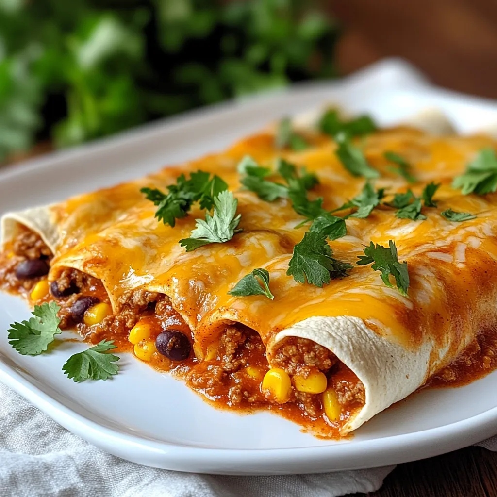 To make cheesy ground beef enchiladas, you need simple and fresh ingredients. Here’s what you’ll gather: - 1 lb ground beef - 1 small onion, diced - 2 cloves garlic, minced - 1 can (15 oz) black beans, drained and rinsed - 1 cup corn kernels (fresh or frozen) - 1 cup enchilada sauce (store-bought or homemade) - 2 cups shredded cheddar cheese - 8 small flour tortillas - 1 teaspoon cumin - 1 teaspoon chili powder - Salt and pepper to taste - Fresh cilantro, chopped (for garnish) - Sour cream (for serving) These ingredients bring rich flavors and textures. The ground beef forms a hearty base. The beans and corn add nice protein and sweetness. Onion and garlic give warmth and depth. Enchilada sauce ties everything together with a zesty kick. And, of course, cheese adds that gooey goodness we all love! {{ingredient_image_1}} Start by preheating your oven to 350°F (175°C). This step is key for cooking the enchiladas evenly. In a large skillet, add 1 pound of ground beef. Cook it over medium heat. Stir it well until it turns brown and crumbly, around 5-7 minutes. If there’s extra fat, drain it. This keeps the dish lighter. Next, add 1 small diced onion and 2 minced garlic cloves to the skillet. Cook these for about 2-3 minutes. You want the onion to turn soft and clear. Now, it’s time to mix in the fun stuff! Add 1 can of drained black beans and 1 cup of corn. Sprinkle in 1 teaspoon of cumin, 1 teaspoon of chili powder, salt, and pepper. Stir well and cook for another 2 minutes. This makes your filling tasty and full of flavor. Heat 8 small flour tortillas in the microwave or on a skillet for about 30 seconds. This makes them soft and easy to roll. Spoon about 1/4 cup of the beef mixture into each tortilla. Add a sprinkle of shredded cheddar cheese on top. Roll the tortillas tightly and place them seam-side down in a greased 9x13 inch baking dish. Pour 1 cup of enchilada sauce evenly over the rolled tortillas. Then, sprinkle the rest of the cheddar cheese on top. Bake in the preheated oven for 20-25 minutes. You know they’re ready when the cheese is bubbly and golden. Once baked, let the enchiladas cool for 5 minutes. This helps with serving. Garnish with fresh chopped cilantro. For a creamy touch, serve with a dollop of sour cream on top. Enjoy your cheesy ground beef enchiladas! To keep your tortillas from tearing, warm them before filling. You can microwave them for 30 seconds. This softens them and makes them flexible. If you heat them in a skillet, use low heat. This way, they won't dry out. Adding spices boosts the taste of your enchiladas. I suggest using cumin and chili powder. They give a warm, rich flavor. You can also add paprika or oregano for a twist. Always taste your filling and adjust the spices to your liking. Cheddar cheese is a classic choice for enchiladas. It melts well and adds great flavor. You can also try Monterey Jack or a blend of both. For a creamier texture, consider using queso fresco. Mix different cheeses for a unique taste. You need a few tools to make these enchiladas easy. A large skillet helps for cooking the beef and veggies. Use a 9x13 inch baking dish for baking the enchiladas. A spatula is great for lifting them out once baked. Don't forget a good knife for chopping! Pro Tips Warm the Tortillas: Heating tortillas before filling them makes them more pliable and prevents tearing when rolling. Customize Your Filling: Feel free to add chopped bell peppers, jalapeños, or any leftover veggies you have for extra flavor and nutrients. Homemade Enchilada Sauce: For a fresh twist, try making your own enchilada sauce using tomatoes, spices, and broth for a richer taste. Let Them Rest: Allow the enchiladas to rest for a few minutes after baking for easier slicing and serving. {{image_2}} You can easily make vegetarian cheesy enchiladas. Swap the ground beef for a mix of diced bell peppers, zucchini, and mushrooms. This gives a great texture and flavor. Keep the black beans and corn for extra protein. Use the same spices to keep that delicious taste. Top with cheese and follow the same baking steps. If you want to change up the protein, try chicken or ground turkey. For chicken, use shredded cooked chicken. It works well with the same spices. Ground turkey is also a lean choice. Cook it just like the ground beef. Both options still taste amazing in enchiladas. Just remember to adjust the cooking time if using precooked chicken. For a spicy kick, add jalapeños or diced green chilies to the beef mixture. You can also use spicy enchilada sauce instead of the regular kind. If you love heat, sprinkle some crushed red pepper on top before baking. This twist will make your enchiladas a hit at any dinner table. To store leftover enchiladas, place them in an airtight container. Let them cool first. If you leave them out, they can spoil quickly. Make sure to eat them within 3 to 4 days for the best taste. You can freeze enchiladas for later. Wrap them tightly in plastic wrap. Then, place them in a freezer-safe bag or container. They can last up to 3 months in the freezer. When you’re ready to eat, just thaw them in the fridge overnight. To reheat enchiladas, preheat your oven to 350°F (175°C). Place the enchiladas in a baking dish. Cover them with foil to keep them moist. Heat for about 20 minutes or until hot. You can also microwave them. Just cover them with a damp paper towel and heat for 2-3 minutes. Enjoy your cheesy goodness! Yes, you can use different cheeses. Monterey Jack or pepper jack work well. These cheeses melt nicely. You can also mix cheeses for more flavor. Just keep the amount similar to the recipe. To spice up your enchiladas, add jalapeños. You can use fresh or pickled. Another option is to add more chili powder or hot sauce. Adjust the heat to your taste. Always start with a small amount, then add more if you like. Absolutely! You can assemble the enchiladas and store them in the fridge. Cover them well to keep them fresh. Bake them the next day, adding a few extra minutes to the cooking time. This makes dinner easy on busy nights. Several side dishes go well with enchiladas. Consider serving rice or beans for a hearty meal. A fresh salad adds a nice crunch. You can also try guacamole and tortilla chips for extra flavor. These sides make your meal even more delicious! We covered how to make delicious enchiladas using simple ingredients. You learned about key steps from cooking the beef to baking the dish. I shared tips to avoid tears in tortillas and enhance flavor with spices. You also got to explore variations and how to store leftovers. Now, it’s time for you to try these recipes. Enjoy making your enchiladas unique and tasty! Whether you stick to the classic or go spicy, you can't go wrong. Happy cooking!