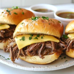 - 3 pounds beef chuck roast - 1 medium onion, sliced - 4 cloves garlic, minced - 4 cups beef broth - 2 tablespoons soy sauce - 1 tablespoon Worcestershire sauce - 1 teaspoon dried thyme - 1 teaspoon dried rosemary - Salt and pepper to taste - 8 crusty hoagie rolls - 8 slices provolone cheese - Fresh parsley, chopped for garnish The main star of this dish is the beef chuck roast. It’s tender and flavorful when slow-cooked. I like to use a medium onion and fresh garlic. They add a nice base flavor. For seasoning, I mix beef broth, soy sauce, and Worcestershire sauce. This blend makes the meat juicy. I add dried thyme and rosemary for some herbal notes. Salt and pepper round out the taste. For serving, I choose crusty hoagie rolls. They hold the beef well. Provolone cheese melts nicely on top. A sprinkle of fresh parsley adds color and freshness. You’ll want to make these sandwiches often! {{ingredient_image_1}} 1. Start by seasoning the beef chuck roast. Use salt and pepper. Be generous on all sides. 2. Heat some oil in a large skillet over medium-high heat. 3. Sear the roast for 3-4 minutes on each side until it turns brown. This step adds flavor. 1. Place sliced onions and minced garlic at the bottom of the crockpot. 2. Put the seared beef roast on top of the onions and garlic. 3. In a bowl, mix beef broth, soy sauce, Worcestershire sauce, dried thyme, and dried rosemary. 4. Pour this tasty mixture over the roast in the crockpot. 1. Cover the crockpot with its lid. Cook on low for 8 hours or high for 4 hours. 2. Check that the beef is tender and easy to shred. 3. Once cooked, take out the roast and shred the beef with two forks. 4. Return the shredded beef back to the crockpot. Let it soak up the tasty broth. To boost the taste of your French dip sandwiches, try adding herbs like oregano or basil. A pinch of smoked paprika can also bring depth to the dish. If you want a tangy kick, consider using a splash of balsamic vinegar in the broth. For marinades, mix soy sauce, garlic, and a bit of brown sugar. Let your meat soak in this mix for a few hours before cooking. This step adds layers of flavor that shine through in every bite. Searing the beef is key for improved flavor. It creates a nice crust that locks in juices. Heat your skillet to medium-high and add a little oil. Sear each side for about 3-4 minutes until it's brown. This small step makes a big difference. To ensure tender beef, cook on low for 8 hours. The longer cooking time allows the meat to break down and become super soft. If you’re in a hurry, the high setting cooks it in 4 hours, but low is best. How you serve your sandwiches can elevate the meal. Arrange them on a wooden board for a rustic touch. Layer the shredded beef on the hoagie rolls, then add a slice of provolone on top. If you can, pop them under the broiler for a few minutes. This melts the cheese and makes it bubbly. For a finishing touch, sprinkle fresh chopped parsley over the sandwiches. Serve the dipping broth in small bowls. This makes your meal look inviting and delicious. Pro Tips Season Generously: Don't be shy with the salt and pepper when seasoning your beef. A good seasoning will enhance the flavors of the meat as it cooks. Sear for Flavor: Searing the roast before placing it in the crockpot adds a depth of flavor to the dish. Make sure to get a nice brown crust on all sides. Rest the Meat: After cooking, let the meat rest for a few minutes before shredding. This helps retain the juices for a more flavorful sandwich. Cheese Melting Tip: For perfectly melted cheese, place your sandwiches under the broiler for just a couple of minutes. Keep an eye on them to avoid burning! {{image_2}} You can switch up the protein in your French dip sandwiches. Chicken or turkey works great. They cook well and soak up the flavors nicely. Simply adjust your cooking time to ensure they are tender. For a vegetarian option, try using mushrooms or jackfruit. Both absorb flavors well and give a meaty texture. You can also use lentils for a hearty filling. Cheese can change the whole taste of your sandwich. Provolone is classic, but mozzarella or Swiss are tasty too. Each cheese adds a unique flavor. If you want something sharp, try aged cheddar. For gluten-free options, use lettuce wraps or gluten-free rolls. These alternatives keep the sandwich fun and safe for everyone. Homemade broth can elevate your French dip sandwiches. It adds depth and richness. You can make a simple broth by simmering beef bones with veggies. Herbs like thyme and bay leaves add extra flavor. You can also try adding different spices, like smoked paprika or cumin, for a twist. This gives your broth a unique taste that pairs perfectly with the savory beef. After enjoying your sandwiches, you may have some beef and broth left. To store them, follow these steps: - Beef: Place shredded beef in an airtight container. Make sure it's cool before sealing. This helps keep it fresh. - Broth: Pour leftover broth into a separate container. Again, let it cool first. For best results, keep both in the fridge. Use them within three to four days for the best taste. When reheating your shredded beef, follow these tips: - Microwave: Place beef in a bowl. Add a splash of broth to keep it moist. Heat in short bursts until warm. - Stovetop: Add beef to a pan. Pour in some broth and heat on medium until hot. This keeps the beef flavorful. For the broth, reheat it in a pot over medium heat. Stir occasionally until it’s hot but not boiling. This keeps the taste fresh. If you want to save your leftovers for later, freezing is a great option. Here’s how: - Beef: Place shredded beef in a freezer-safe bag. Squeeze out as much air as you can. Label it with the date. It can stay frozen for up to three months. - Broth: Pour broth into ice cube trays or freezer-safe containers. This makes it easy to use later. When you are ready to use the frozen beef or broth, thaw them in the fridge overnight. For quick thawing, use the microwave on a low setting. This way, you keep the best flavor and texture. How long can I store leftover Crockpot French Dip Sandwiches? You can store leftover sandwiches in the fridge for up to three days. Make sure to keep the beef and rolls separate. This way, the rolls stay fresh. You can reheat the beef in the microwave or on the stove. Can I use frozen beef in this recipe? Yes, you can use frozen beef. Just make sure to thaw it before cooking. It will take longer to cook from frozen. Always check that the beef is tender before serving. How do I know when the beef is done? The beef is done when it is tender and shreds easily. You can test it with a fork. If it falls apart, it’s ready to eat. Cooking times may vary based on your crockpot. What can I serve with French Dip Sandwiches? These sandwiches go great with fries or a side salad. You can also serve chips for a crunchy side. A nice pickle adds a tangy touch that complements the flavors. Can I substitute the beef broth with another liquid? Yes, you can use vegetable broth or chicken broth. These will change the flavor a bit but still work well. Just remember to adjust the seasonings to your taste. What are good cheese alternatives for French Dip Sandwiches? You can use mozzarella, cheddar, or Swiss cheese. Each will give a different taste. Choose what you like best for a yummy sandwich. In this article, we explored making delicious Crockpot French Dip Sandwiches. We covered key ingredients like beef chuck roast and seasonings. I shared simple steps for preparing, cooking, and serving. Plus, I included helpful tips for enhancing flavor and ways to customize the dish. Enjoy crafting your sandwiches, and remember, cooking is all about experimenting. Try new flavors and enjoy the process. Your friends and family will love these hearty sandwiches. Happy cooking!