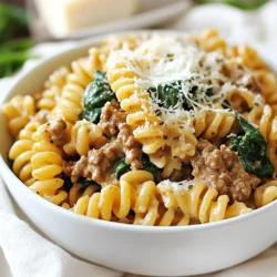 - 8 oz whole wheat pasta (any shape) - 1 lb lean ground beef - 1 cup Greek yogurt (plain, unsweetened) - 1 cup low-sodium beef broth - 1 cup spinach, chopped - 1 small onion, finely chopped - 2 cloves garlic, minced - 1 teaspoon Italian seasoning - Salt and pepper to taste - 1 tablespoon olive oil - 1/4 cup grated Parmesan cheese (optional) - Whole wheat pasta: This pasta has more fiber than regular pasta. Fiber helps with digestion and keeps you full longer. - Lean ground beef: It is high in protein, which builds muscles. It also gives iron for energy and good health. - Greek yogurt: This yogurt is creamy and packed with protein. It has probiotics that help gut health. - Low-sodium beef broth: It adds flavor without too much salt. The broth can help keep you hydrated. - Spinach: Spinach is rich in vitamins A and C. It has iron and calcium for strong bones. - Onion: Onions have antioxidants. They can help fight off sickness and improve heart health. - Garlic: Garlic boosts the immune system. It can help lower blood pressure and improve heart health. - Italian seasoning: This mix adds flavor without extra calories. It has herbs that may help with digestion. - Olive oil: This oil is healthy fat. It can improve heart health and lower bad cholesterol. - Parmesan cheese: This cheese adds flavor. It has protein and calcium for strong bones. - Pasta: Use gluten-free pasta for a gluten-free option. Quinoa or zucchini noodles also work well. - Ground beef: Swap with turkey, chicken, or plant-based meat for different flavors and diets. - Greek yogurt: Use dairy-free yogurt made from almond or coconut if avoiding dairy. - Spinach: Kale or Swiss chard can replace spinach if desired, adding different tastes and nutrition. - Broth: Vegetable broth is a great choice for a vegetarian option. It adds depth without meat. {{ingredient_image_1}} Start by boiling a large pot of salted water. Once the water bubbles, add 8 oz of whole wheat pasta. Follow the cooking time on the package until it's al dente. Stir occasionally to keep it from sticking. After cooking, drain the pasta and set it aside. In a large skillet, heat 1 tablespoon of olive oil over medium heat. Add 1 small finely chopped onion and 2 minced garlic cloves. Sauté for 2-3 minutes until you smell the lovely aroma. Now, add 1 lb of lean ground beef. Use a spatula to break it apart. Cook for 6-8 minutes until it's browned and no longer pink. Season with 1 teaspoon of Italian seasoning, salt, and pepper to taste. Lower the heat and pour in 1 cup of low-sodium beef broth. Let it simmer gently. Add 1 cup of plain Greek yogurt to the skillet. Stir well until the mixture is creamy and smooth. This sauce will give your dish a rich flavor without added fat. Next, add 1 cup of chopped spinach to the sauce. Stir until the spinach wilts, which takes about 2-3 minutes. Now, it’s time to mix in the drained pasta. Toss everything together until the pasta is well coated in the creamy beef sauce. Cook for an extra minute to warm it all up. If you like, sprinkle 1/4 cup of grated Parmesan cheese on top before serving. To get the best creamy texture, use Greek yogurt. It adds a rich creaminess without extra fat. Make sure to stir it in slowly after adding the beef broth. This keeps the yogurt from curdling. If you want it extra creamy, add a bit more yogurt. A sprinkle of Parmesan cheese on top can boost the creaminess too. Cook your whole wheat pasta in a large pot of salted water. This adds flavor to the pasta. Make sure to follow the package instructions for the best texture. You want it al dente, which means it should have a firm bite. Once it’s done, drain it well. Avoid rinsing it, as that removes the starch that helps the sauce stick. Seasonings can make or break your dish. Use Italian seasoning for a classic taste. Add salt and pepper to bring out the flavors. You can also try adding a pinch of red pepper flakes for heat. Fresh herbs like basil or parsley can add brightness too. Taste as you go and adjust until it’s just right! Pro Tips Choose the Right Pasta: Opt for whole wheat pasta for added nutrients and fiber, which will make your meal more filling and healthy. Season the Beef Well: Don't be shy with the seasoning! Ensure that your ground beef is well-seasoned to enhance the overall flavor of the dish. Use Fresh Spinach: Fresh spinach will wilt beautifully and add a vibrant color and nutrition boost to your pasta. If using frozen spinach, make sure to thaw and drain excess water. Make It Creamier: For an extra creamy sauce, consider adding a splash of milk or a little more Greek yogurt, adjusting to your preferred consistency. {{image_2}} You can easily make this dish vegetarian. Replace the ground beef with plant-based protein. Options like lentils or chickpeas work great. They add protein and a nice texture. You can also use meat substitutes like tempeh or tofu. Just season them well, and they will soak up the flavors. While this recipe uses whole wheat pasta, you can swap it for any shape you like. Try penne, fusilli, or even farfalle for fun. Each shape holds the sauce differently, giving you a new taste. If you want gluten-free, look for rice or quinoa pasta. Adding more vegetables boosts nutrition and flavor. You can mix in bell peppers, zucchini, or mushrooms. These veggies are easy to chop and cook. Just add them when you sauté the onion and garlic. You can also toss in frozen peas or broccoli for a pop of color and taste. Store any leftover high protein creamy beef pasta in an airtight container. Let it cool down to room temperature first. This helps keep the pasta fresh. Place it in the fridge for up to three days. Make sure to label the container with the date. This way, you won’t forget when you made it. Reheat the pasta on the stovetop for best results. Place it in a skillet over medium heat. Add a splash of beef broth or water to keep it moist. Stir it often until hot. You can also use a microwave. Place the pasta in a microwave-safe bowl and cover it with a lid or plate. Heat it in short bursts, stirring in between, until warm. You can freeze this dish if you have too many leftovers. Portion it into smaller containers, which makes thawing easier. Use freezer-safe bags or containers. Be sure to remove as much air as possible to prevent freezer burn. It can last in the freezer for up to three months. When ready to eat, thaw it overnight in the fridge. Then reheat as mentioned above. You can make this dish gluten-free by using gluten-free pasta. Many brands offer pasta made from rice, chickpeas, or lentils. Just follow the cooking instructions on the package. The rest of the recipe stays the same. You can enjoy a creamy beef pasta that fits your needs! Yes, you can use different meats! Try ground turkey or chicken for a leaner option. If you prefer pork, that works too. Each meat changes the flavor a bit. Just cook until it’s no longer pink, just like with beef. This pasta pairs well with a simple salad. A mix of greens, tomatoes, and cucumbers adds freshness. You can also serve garlic bread on the side for extra flavor. For a heartier meal, add steamed broccoli or roasted veggies. This blog post covered delicious ingredients and their health benefits. You learned how to make creamy pasta and browning beef right. I shared tips for texture and flavoring. You also discovered fun variations and smart storage tips. Remember, cooking is creative. Feel free to adjust recipes to fit your needs. Enjoy your meal and share it with others. Happy cooking!