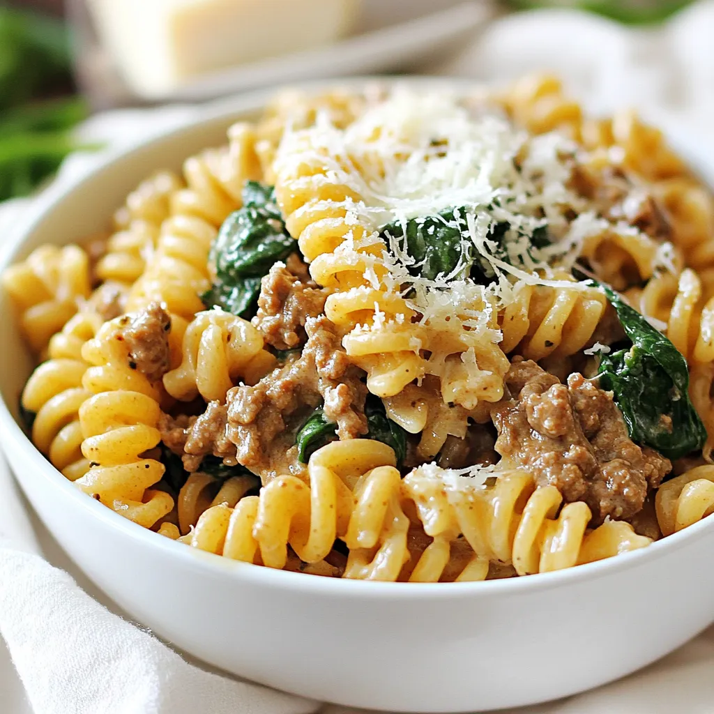 - 8 oz whole wheat pasta (any shape) - 1 lb lean ground beef - 1 cup Greek yogurt (plain, unsweetened) - 1 cup low-sodium beef broth - 1 cup spinach, chopped - 1 small onion, finely chopped - 2 cloves garlic, minced - 1 teaspoon Italian seasoning - Salt and pepper to taste - 1 tablespoon olive oil - 1/4 cup grated Parmesan cheese (optional) - Whole wheat pasta: This pasta has more fiber than regular pasta. Fiber helps with digestion and keeps you full longer. - Lean ground beef: It is high in protein, which builds muscles. It also gives iron for energy and good health. - Greek yogurt: This yogurt is creamy and packed with protein. It has probiotics that help gut health. - Low-sodium beef broth: It adds flavor without too much salt. The broth can help keep you hydrated. - Spinach: Spinach is rich in vitamins A and C. It has iron and calcium for strong bones. - Onion: Onions have antioxidants. They can help fight off sickness and improve heart health. - Garlic: Garlic boosts the immune system. It can help lower blood pressure and improve heart health. - Italian seasoning: This mix adds flavor without extra calories. It has herbs that may help with digestion. - Olive oil: This oil is healthy fat. It can improve heart health and lower bad cholesterol. - Parmesan cheese: This cheese adds flavor. It has protein and calcium for strong bones. - Pasta: Use gluten-free pasta for a gluten-free option. Quinoa or zucchini noodles also work well. - Ground beef: Swap with turkey, chicken, or plant-based meat for different flavors and diets. - Greek yogurt: Use dairy-free yogurt made from almond or coconut if avoiding dairy. - Spinach: Kale or Swiss chard can replace spinach if desired, adding different tastes and nutrition. - Broth: Vegetable broth is a great choice for a vegetarian option. It adds depth without meat. {{ingredient_image_1}} Start by boiling a large pot of salted water. Once the water bubbles, add 8 oz of whole wheat pasta. Follow the cooking time on the package until it's al dente. Stir occasionally to keep it from sticking. After cooking, drain the pasta and set it aside. In a large skillet, heat 1 tablespoon of olive oil over medium heat. Add 1 small finely chopped onion and 2 minced garlic cloves. Sauté for 2-3 minutes until you smell the lovely aroma. Now, add 1 lb of lean ground beef. Use a spatula to break it apart. Cook for 6-8 minutes until it's browned and no longer pink. Season with 1 teaspoon of Italian seasoning, salt, and pepper to taste. Lower the heat and pour in 1 cup of low-sodium beef broth. Let it simmer gently. Add 1 cup of plain Greek yogurt to the skillet. Stir well until the mixture is creamy and smooth. This sauce will give your dish a rich flavor without added fat. Next, add 1 cup of chopped spinach to the sauce. Stir until the spinach wilts, which takes about 2-3 minutes. Now, it’s time to mix in the drained pasta. Toss everything together until the pasta is well coated in the creamy beef sauce. Cook for an extra minute to warm it all up. If you like, sprinkle 1/4 cup of grated Parmesan cheese on top before serving. To get the best creamy texture, use Greek yogurt. It adds a rich creaminess without extra fat. Make sure to stir it in slowly after adding the beef broth. This keeps the yogurt from curdling. If you want it extra creamy, add a bit more yogurt. A sprinkle of Parmesan cheese on top can boost the creaminess too. Cook your whole wheat pasta in a large pot of salted water. This adds flavor to the pasta. Make sure to follow the package instructions for the best texture. You want it al dente, which means it should have a firm bite. Once it’s done, drain it well. Avoid rinsing it, as that removes the starch that helps the sauce stick. Seasonings can make or break your dish. Use Italian seasoning for a classic taste. Add salt and pepper to bring out the flavors. You can also try adding a pinch of red pepper flakes for heat. Fresh herbs like basil or parsley can add brightness too. Taste as you go and adjust until it’s just right! Pro Tips Choose the Right Pasta: Opt for whole wheat pasta for added nutrients and fiber, which will make your meal more filling and healthy. Season the Beef Well: Don't be shy with the seasoning! Ensure that your ground beef is well-seasoned to enhance the overall flavor of the dish. Use Fresh Spinach: Fresh spinach will wilt beautifully and add a vibrant color and nutrition boost to your pasta. If using frozen spinach, make sure to thaw and drain excess water. Make It Creamier: For an extra creamy sauce, consider adding a splash of milk or a little more Greek yogurt, adjusting to your preferred consistency. {{image_2}} You can easily make this dish vegetarian. Replace the ground beef with plant-based protein. Options like lentils or chickpeas work great. They add protein and a nice texture. You can also use meat substitutes like tempeh or tofu. Just season them well, and they will soak up the flavors. While this recipe uses whole wheat pasta, you can swap it for any shape you like. Try penne, fusilli, or even farfalle for fun. Each shape holds the sauce differently, giving you a new taste. If you want gluten-free, look for rice or quinoa pasta. Adding more vegetables boosts nutrition and flavor. You can mix in bell peppers, zucchini, or mushrooms. These veggies are easy to chop and cook. Just add them when you sauté the onion and garlic. You can also toss in frozen peas or broccoli for a pop of color and taste. Store any leftover high protein creamy beef pasta in an airtight container. Let it cool down to room temperature first. This helps keep the pasta fresh. Place it in the fridge for up to three days. Make sure to label the container with the date. This way, you won’t forget when you made it. Reheat the pasta on the stovetop for best results. Place it in a skillet over medium heat. Add a splash of beef broth or water to keep it moist. Stir it often until hot. You can also use a microwave. Place the pasta in a microwave-safe bowl and cover it with a lid or plate. Heat it in short bursts, stirring in between, until warm. You can freeze this dish if you have too many leftovers. Portion it into smaller containers, which makes thawing easier. Use freezer-safe bags or containers. Be sure to remove as much air as possible to prevent freezer burn. It can last in the freezer for up to three months. When ready to eat, thaw it overnight in the fridge. Then reheat as mentioned above. You can make this dish gluten-free by using gluten-free pasta. Many brands offer pasta made from rice, chickpeas, or lentils. Just follow the cooking instructions on the package. The rest of the recipe stays the same. You can enjoy a creamy beef pasta that fits your needs! Yes, you can use different meats! Try ground turkey or chicken for a leaner option. If you prefer pork, that works too. Each meat changes the flavor a bit. Just cook until it’s no longer pink, just like with beef. This pasta pairs well with a simple salad. A mix of greens, tomatoes, and cucumbers adds freshness. You can also serve garlic bread on the side for extra flavor. For a heartier meal, add steamed broccoli or roasted veggies. This blog post covered delicious ingredients and their health benefits. You learned how to make creamy pasta and browning beef right. I shared tips for texture and flavoring. You also discovered fun variations and smart storage tips. Remember, cooking is creative. Feel free to adjust recipes to fit your needs. Enjoy your meal and share it with others. Happy cooking!