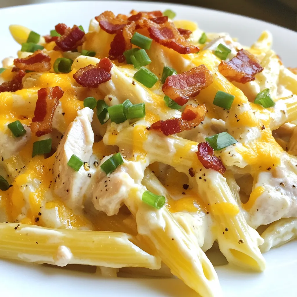 To make Crack Chicken Penne, you will need the following ingredients: - 2 cups penne pasta - 1 lb (450g) chicken breast, diced - 1 tablespoon olive oil - 1 packet ranch seasoning mix - 1 cup cream cheese, softened - 1 cup shredded cheddar cheese - 1/2 cup chicken broth - 1 cup cooked bacon pieces (omit for a vegetarian version) - 2 green onions, sliced - Salt and pepper to taste Each ingredient plays a key role in flavor and texture. Here are some tips: - Penne pasta: You can swap penne for any pasta shape you like. Bowtie or rotini work well too. - Chicken breast: If you prefer, use turkey or shredded rotisserie chicken. Both options save time. - Olive oil: Can be replaced with butter for a richer taste. - Ranch seasoning mix: If you don’t have this, make a mix of dried herbs like dill and garlic powder. - Cream cheese: Cream cheese adds creaminess. Use Greek yogurt for a lighter option. - Cheddar cheese: Feel free to use mozzarella or a cheese blend if you want different flavors. - Chicken broth: Vegetable broth works if you go for a vegetarian version. - Bacon pieces: Leave them out for a meat-free dish. You can add mushrooms for flavor. To create this dish, you will need: - A large pot for boiling pasta - A large skillet for cooking chicken and sauce - A wooden spoon or spatula for stirring - A sharp knife for dicing chicken - A measuring cup and spoons for accuracy - A colander for draining pasta These tools will help make the cooking process smooth and easy. Happy cooking! {{ingredient_image_1}} First, bring a large pot of salted water to a boil. Once boiling, add 2 cups of penne pasta. Cook it for about 8-10 minutes until it's al dente. Make sure to stir it occasionally. When done, drain the pasta and set it aside in a bowl. Next, heat 1 tablespoon of olive oil in a large skillet over medium heat. Add 1 pound of diced chicken breast to the skillet. Season it with salt, pepper, and half of the ranch seasoning mix. Cook the chicken for 6-8 minutes, stirring often, until it is browned and cooked through. Lower the heat to medium-low. Add 1 cup of softened cream cheese, 1/2 cup of chicken broth, and the remaining ranch seasoning mix into the skillet. Stir continuously until the cream cheese melts and the sauce becomes smooth. This should take around 3-5 minutes. Now, add the cooked penne pasta and 1 cup of shredded cheddar cheese to the skillet. Stir everything well to coat the pasta in that creamy sauce. If the sauce is too thick, you can add a bit more chicken broth to adjust the texture. For the final touch, stir in 1 cup of cooked bacon pieces and 2 sliced green onions. Cook for another 2-3 minutes until everything is heated through. Plate the Crack Chicken Penne and garnish with extra green onions or cheese, if you like. Enjoy this easy, flavorful dish! To get the best flavor in your Crack Chicken Penne, season your chicken well. Use salt, pepper, and ranch seasoning for a tasty kick. Sear the chicken until it is golden brown. This takes about 6-8 minutes. It adds a nice depth of flavor. When you make the creamy sauce, stir the cream cheese well. This helps it blend smoothly. Adding bacon boosts the taste, giving it a savory crunch. Don’t forget to sprinkle some green onions on top for freshness. One common mistake is overcooking the penne. Always follow the package time for al dente pasta. If you cook it too long, the pasta turns mushy. Also, be careful not to skip the ranch seasoning. It adds a unique taste that you don’t want to miss. Some cooks add too much cream cheese, making the sauce too thick. If it gets thick, just add more chicken broth until it's right. Lastly, remember to taste as you go. Adjust salt and pepper to suit your taste. To adjust the creaminess of your Crack Chicken Penne, you can add more or less cream cheese. If you want it creamier, add an extra half cup. For a lighter dish, cut back on the cream cheese. You can also swap in low-fat cream cheese. This helps keep the same flavor without too many calories. If the dish feels dry, pour in a bit more chicken broth. This adds moisture and keeps the pasta from sticking together. Pro Tips Cook Pasta Al Dente: To achieve the perfect texture, cook the penne pasta just until al dente. This will prevent it from becoming mushy when combined with the sauce. Use Fresh Ingredients: For the best flavor, use fresh green onions and high-quality chicken. Fresh ingredients elevate the dish and enhance the overall taste. Customize Your Cheese: Feel free to experiment with different types of cheese, such as pepper jack or mozzarella, for a unique flavor twist. Mixing cheeses can add depth to the dish. Make It Veggie-Friendly: To create a vegetarian version, omit the chicken and bacon, and consider adding vegetables like spinach or bell peppers for extra nutrition and color. {{image_2}} You can easily make Crack Chicken Penne vegetarian. Just leave out the bacon. Instead, add more cheese for flavor. You can also use tofu for protein. Tofu takes on the taste of the sauce well. It will help keep your dish hearty and satisfying. Adding vegetables boosts flavor and nutrition. Spinach is a great choice. It wilts nicely and adds a fresh taste. Bell peppers add crunch and color. You can sauté them with the chicken. Mix them in when you combine everything. You can also add broccoli or zucchini for extra variety. If you like heat, try making it spicy. Add red pepper flakes to the chicken. You can also mix in diced jalapeños. For a kick, use spicy ranch seasoning. This will add depth and flavor to your dish. Adjust the spice level to fit your taste. Enjoy the bold flavors! To store your Crack Chicken Penne, let it cool first. Place it in an airtight container. You can keep it in the fridge for up to three days. This dish tastes great even after sitting for a bit! When you’re ready to eat, put the leftovers in a pan. Heat on medium until it’s warm. You can add a splash of chicken broth to keep it creamy. Stir often to avoid sticking. If you prefer, you can use the microwave. Heat in short bursts, stirring in between. You can freeze Crack Chicken Penne for up to three months. Use a freezer-safe container or bag. Make sure to remove as much air as possible. To thaw, place it in the fridge overnight. Reheat it on the stove or microwave as needed. Enjoy it later! Crack Chicken Penne is a creamy pasta dish. It mixes penne pasta with chicken, ranch seasoning, and cheese. It is rich and comforting, perfect for any night. The dish also has bacon and green onions for added flavor. Yes, you can use different pasta. Bowtie, fusilli, or rigatoni work well too. Choose a pasta that holds sauce nicely. Adjust cooking time based on the type of pasta you use. Always check the package for best results. To lighten Crack Chicken Penne, use less cream cheese. You can also swap in Greek yogurt. Use whole grain pasta for more fiber. For protein, choose grilled chicken instead of bacon. These changes keep the taste while cutting calories. Yes, this recipe is great for meal prep. You can make a big batch and store it. Just keep it in airtight containers. It lasts well in the fridge for up to three days. Reheat in the microwave for a quick meal. You learned how to make delicious Crack Chicken Penne. We covered the key ingredients, tools, and step-by-step cooking. Tips helped you avoid mistakes and add your own twists. Remember to store leftovers well and reheat them properly. This dish can please everyone, and it's highly customizable. Whether you stick to the classic or try variations, you can enjoy a tasty meal. Get cooking and enjoy your delicious creation!