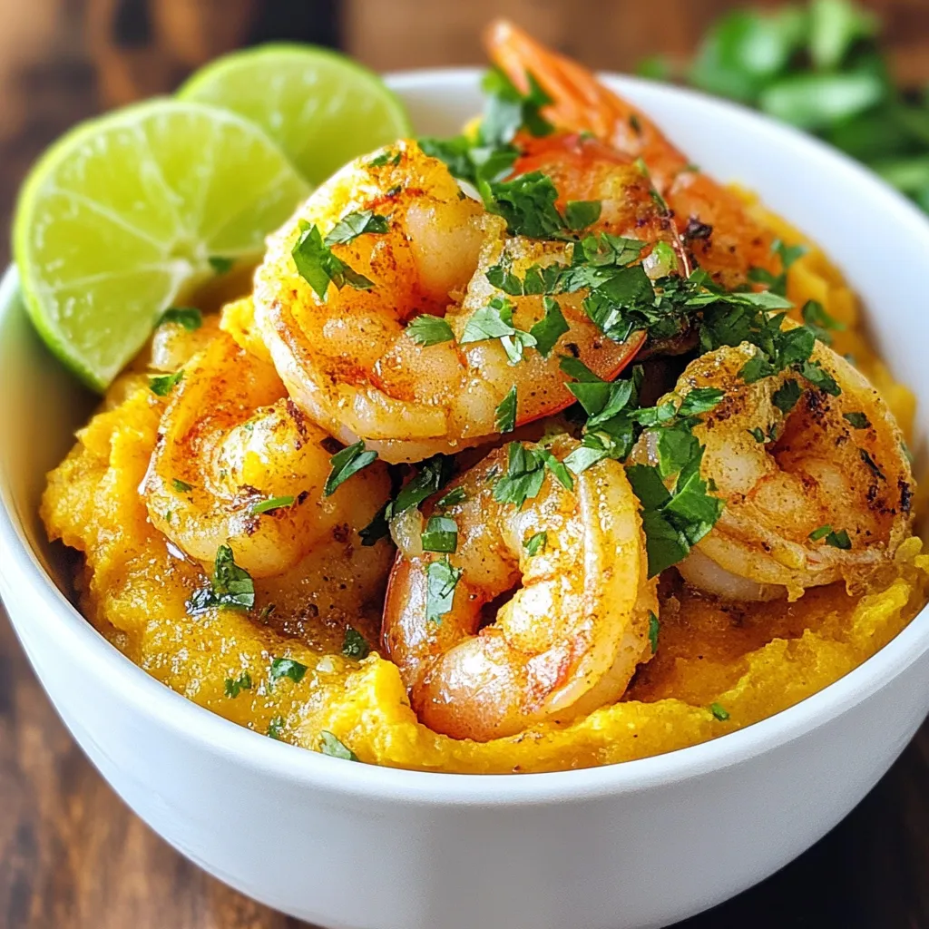 To make Garlic Shrimp Mofongo, you need: - 1 lb shrimp, peeled and deveined - 4 ripe plantains, peeled and cut into chunks - 4 garlic cloves, minced - 1/2 cup chicken broth - 1/2 cup olive oil - 1 teaspoon paprika - 1 teaspoon cumin - Salt and pepper to taste - 1/4 cup fresh cilantro, chopped (for garnish) - Lime wedges (for serving) These ingredients create a dish full of flavor and heartiness. You can change some ingredients if needed. For shrimp, use chicken or tofu for a different taste. If you want a vegan version, swap chicken broth with vegetable broth. You can also use garlic powder if fresh garlic is not available. For spice, feel free to use chili powder instead of paprika. These swaps can still give you a tasty dish. Garlic Shrimp Mofongo is not just delicious; it is also healthy. One serving has about: - Calories: 400 - Protein: 30g - Carbs: 60g - Fat: 10g This meal provides a good mix of protein and carbs, making it filling. Plus, you get fiber from the plantains, which is great for digestion. Enjoying this dish gives you energy and satisfaction. {{ingredient_image_1}} Start by bringing a large pot of salted water to a boil. Add the plantain chunks to the pot. Cook them for about 15 to 20 minutes, or until they are soft. You can check for tenderness by poking them with a fork. Once they are tender, drain the plantains and let them cool a bit. This step is key for a great texture. While the plantains cool, heat 2 tablespoons of olive oil in a skillet over medium heat. Add the minced garlic and sauté for about 1 to 2 minutes. This will release a lovely aroma. Next, add the shrimp to the skillet. Season them with paprika, cumin, salt, and pepper. Cook the shrimp for 3 to 5 minutes until they are pink and opaque. Pour in the chicken broth and let it simmer for one more minute. Turn off the heat and set the shrimp aside. In a large mixing bowl, combine the cooked plantains with the remaining olive oil. Use a fork or a mortar and pestle to mash the plantains. Aim for a smooth mix but keep some texture. This gives the mofongo character. Now, fold in the shrimp mixture with the mashed plantains. Make sure everything is mixed well. Taste it and adjust the seasoning if needed. Shape the mofongo into balls or mound it in a serving dish. Garnish with fresh chopped cilantro for a pop of color. Serve it with lime wedges on the side. Squeezing lime juice adds a bright flavor, enhancing the dish. Enjoy your garlic shrimp mofongo warm for a hearty delight! To cook shrimp perfectly, start with fresh or thawed shrimp. They should be peeled and deveined. Heat 2 tablespoons of olive oil in a skillet over medium heat. Add minced garlic and sauté for 1-2 minutes. This step brings out the garlic's flavor. Then, add the shrimp and season with paprika, cumin, salt, and pepper. Cook for 3-5 minutes. Watch for the shrimp to turn pink and opaque. This color change means they are done. Remove them from heat and add chicken broth for extra moisture and flavor. To boost flavor, use fresh herbs like cilantro. Adding fresh lime juice brightens the dish. You can also try adding a pinch of cayenne pepper for heat. If you like a smoky flavor, smoked paprika works great too. Consider marinating the shrimp for 30 minutes in olive oil, garlic, and spices before cooking. This step makes the shrimp even tastier. When mashing plantains, make sure they are tender but not mushy. Cook them in salted water for 15-20 minutes. Once they cool a bit, you can mash them. Use a fork or a mortar and pestle for better texture. Aim for a smooth yet chunky consistency. This balance gives the mofongo its unique feel. Mix in the remaining olive oil when mashing. This adds richness to the plantains. Pro Tips Choose the Right Plantains: Make sure to use ripe plantains for a sweeter flavor and softer texture, which makes for a better mofongo. Perfectly Cooked Shrimp: Don’t overcook the shrimp; they should only be cooked until they turn pink and opaque for the best texture. Texture Matters: When mashing the plantains, leave some chunks for a delightful texture contrast in the mofongo. Garnish Generously: Fresh cilantro and lime wedges not only enhance the presentation but also add a burst of flavor when served. {{image_2}} You can swap shrimp for other seafood. Try scallops or crab for a rich taste. Both options add a different texture and flavor. You can also use fish like tilapia or snapper. These will cook quickly and soak up the flavors well. Each choice brings a unique twist to this classic dish. Adding vegetables to your Garlic Shrimp Mofongo is a great idea. You can mix in bell peppers, onions, or spinach. These veggies add color and nutrition. They also provide a nice crunch to the soft mofongo. Sauté them with the garlic for extra flavor. This will make your dish even more hearty. You can change the flavor of Mofongo in fun ways. For a spicy kick, add crushed red pepper or cayenne. If you prefer a fresh taste, mix in herbs like parsley or dill. You can also experiment with different spices. For example, add a pinch of turmeric for warmth. This lets you customize each meal to your liking. Store your Garlic Shrimp Mofongo in an airtight container. Make sure it cools to room temperature first. Place it in the fridge if you plan to eat it in the next few days. It is best to eat leftovers within three days. To reheat, use a microwave or a pan. For the microwave, place a portion on a plate and cover it. Heat for about one to two minutes. If using a pan, add a splash of chicken broth to keep it moist. Heat on low until warm, stirring often. You can freeze Mofongo if you want to save some for later. Shape it into balls or store it in one big portion. Wrap it tightly in plastic wrap, then place it in a freezer bag. It can last up to three months in the freezer. When ready to eat, thaw it in the fridge overnight before reheating. Mofongo is a traditional Puerto Rican dish. It features mashed plantains mixed with garlic and spices. You can shape it into a ball or a mound. It often serves as a base for meats or seafood. The dish is rich in flavor and texture, making it a hearty meal. Yes, you can make mofongo without shrimp. Simply skip the shrimp in the recipe. You can use other proteins like chicken or pork. For a lighter option, you can add sautéed mushrooms or vegetables. This keeps the dish tasty and satisfying. To make vegan mofongo, replace the shrimp with vegetables or tofu. Use vegetable broth instead of chicken broth. You can also add spices to enhance the flavor. Garlic, cumin, and paprika work well in vegan versions. You still get that delicious mofongo taste without animal products. Garlic shrimp mofongo pairs well with various sides. You can serve it with a fresh salad for crunch. Rice and beans also complement the dish nicely. For extra flavor, add a spicy sauce or a drizzle of lime juice. This adds freshness to the hearty mofongo. Garlic shrimp mofongo lasts about 3 to 4 days in the refrigerator. Make sure to store it in an airtight container. This helps keep it fresh and tasty. When reheating, add a little broth for moisture. This keeps the mofongo from getting dry. In this post, we covered the ingredients, preparation, and serving of Garlic Shrimp Mofongo. We explored substitutions, nutrition, and tips for the best results. You can try different seafood or add veggies for variety. Proper storage ensures your dish stays fresh. Mofongo is a fun dish to make and enjoy. With practice, you will master it. Make it your own, and share with friends. Enjoy your cooking journey!