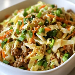 To make Egg Roll in a Bowl, gather these ingredients: - 1 lb ground turkey or chicken - 4 cups coleslaw mix (shredded cabbage and carrots) - 3 green onions, chopped - 2 cloves garlic, minced - 1 tablespoon fresh ginger, grated - 1/4 cup low-sodium soy sauce - 1 tablespoon sesame oil - 1 tablespoon rice vinegar - 1 teaspoon sriracha (optional, for heat) - Sesame seeds (for garnish) - Salt and pepper to taste These simple ingredients create a tasty meal that feels like a treat. You can switch up some of the ingredients. Ground turkey is great, but ground chicken works too. If you want a lighter option, try using lean ground beef. For a veggie boost, add more coleslaw mix or toss in some bell peppers. If you’re keeping it plant-based, use tofu instead of meat. Each serving of Egg Roll in a Bowl has about: - Calories: 300 - Protein: 25g - Carbohydrates: 11g - Fat: 18g - Fiber: 4g This dish is not only delicious but also packed with nutrients. It has protein for energy and fiber for digestion. Enjoy this meal knowing you made a healthy choice! 1. Start by heating sesame oil in a large skillet or wok over medium-high heat. 2. Next, add the minced garlic and grated ginger. Sauté for about 30 seconds until you smell it. 3. Then, add your ground turkey or chicken. Cook this for about 5 to 7 minutes. Keep breaking it apart with a spatula until it's browned. 4. After that, mix in the coleslaw. Cook this for another 3 to 4 minutes. You want the cabbage to wilt a bit. 5. Now, pour in the low-sodium soy sauce, rice vinegar, and sriracha if you want some heat. Stir well and let it cook for an extra 2 minutes. 6. Finally, stir in the chopped green onions. Season with salt and pepper to taste. 7. Remove from heat and serve right away. Don’t forget to sprinkle sesame seeds on top for garnish. - Use a spatula to break the meat into small pieces while cooking. This helps it cook evenly. - Don't overcrowd the pan. If you're making a big batch, cook it in two parts. - Ensure your heat is high enough to brown the meat. This adds great flavor. - Always check that your meat is fully cooked. It should no longer be pink inside. - A large skillet or wok is best for this recipe. It gives you enough room to stir. - A spatula helps you break up the meat and mix everything well. - A cutting board and knife are needed for chopping your green onions and mincing garlic and ginger. - A measuring cup is useful for measuring soy sauce and rice vinegar. Cooking Egg Roll in a Bowl is quick and fun. You’ll have a tasty meal ready in no time! To boost flavor in your Egg Roll in a Bowl, use spices and sauces. Consider adding more garlic or ginger for a punch. A dash of sesame oil adds depth. Soy sauce is key but try adding hoisin for sweetness. If you love heat, mix in more sriracha or a pinch of red pepper flakes. You can also top your dish with fresh herbs like cilantro or basil to brighten it up. One mistake is cooking the meat too long. This can make it dry. Make sure to break it apart as it cooks. Another mistake is not seasoning well. Taste as you cook and adjust the salt and pepper. Lastly, don’t skip the coleslaw mix. It adds crunch and flavor. If you let it wilt too much, you’ll lose that texture. If you want a vegetarian option, replace the meat with tofu or tempeh. Cook it the same way you do the meat. You can also add more veggies like bell peppers or mushrooms. For a gluten-free version, use tamari instead of soy sauce. This keeps the same flavor without gluten. If you're on a low-carb diet, skip the coleslaw and use shredded zucchini or spaghetti squash instead. {{image_2}} For a low-carb or keto version, swap the coleslaw mix for shredded zucchini. This change reduces carbs while keeping the dish crunchy. You can also use ground beef or pork for extra flavor. Be sure to check your soy sauce for low-carb options. To make this dish vegetarian or vegan, use plant-based protein instead of meat. Options like tofu, tempeh, or textured vegetable protein work great. You can still use all the other ingredients, and it will taste delicious. Just ensure your soy sauce is vegan. You can add many tasty ingredients to this dish. Bell peppers give a sweet crunch, while broccoli adds a nice bite. Mushrooms also work well, adding a savory flavor. Feel free to mix and match to find your favorite combination. This flexibility makes the dish fun and unique! To store leftovers, let the dish cool completely. Transfer it to an airtight container. Place the container in the fridge. It will keep for up to three days. Label the container with the date. This way, you won’t forget when you made it. When you're ready to eat, take out the leftovers. You can reheat them in a skillet over medium heat. Stir often until hot. You can also use the microwave. Place the food in a microwave-safe bowl. Heat for one to two minutes, stirring halfway. Make sure it’s hot all the way through before eating. If you want to freeze your Egg Roll in a Bowl, it’s easy. Use a freezer-safe container or bag. Squeeze out extra air to prevent freezer burn. Store it for up to three months. When you’re ready to eat, let it thaw in the fridge overnight. Reheat as described above for a quick meal. You can serve this dish with rice or cauliflower rice. It adds a nice base. You can also enjoy it with crispy wonton strips for extra crunch. A side of pickled vegetables or a simple salad works well too. These sides balance the flavors and textures. Yes, you can prepare Egg Roll in a Bowl ahead of time. Cook it and let it cool. Store it in the fridge for up to three days. When you are ready to eat, just reheat it on the stove. This saves time on busy days. This recipe can be made gluten-free. Use gluten-free soy sauce instead of regular soy sauce. Rice vinegar is usually gluten-free, but check the label. Enjoy this tasty dish without worry if you choose the right ingredients. This article covers all you need for a great Egg Roll in a Bowl. We explored ingredients, cooking steps, and tips to enhance flavors. You learned about substitutions, storage methods, and variations for different diets. Remember to avoid common cooking mistakes for best results. With simple techniques and ingredient swaps, you can make this dish suit your taste. Enjoy your cooking and make this dish your own!