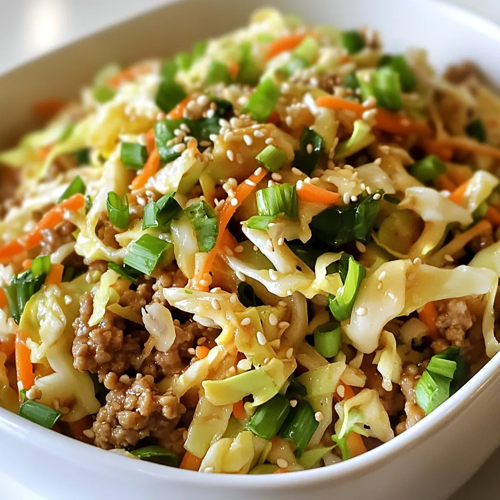 To make Egg Roll in a Bowl, gather these ingredients: - 1 lb ground turkey or chicken - 4 cups coleslaw mix (shredded cabbage and carrots) - 3 green onions, chopped - 2 cloves garlic, minced - 1 tablespoon fresh ginger, grated - 1/4 cup low-sodium soy sauce - 1 tablespoon sesame oil - 1 tablespoon rice vinegar - 1 teaspoon sriracha (optional, for heat) - Sesame seeds (for garnish) - Salt and pepper to taste These simple ingredients create a tasty meal that feels like a treat. You can switch up some of the ingredients. Ground turkey is great, but ground chicken works too. If you want a lighter option, try using lean ground beef. For a veggie boost, add more coleslaw mix or toss in some bell peppers. If you’re keeping it plant-based, use tofu instead of meat. Each serving of Egg Roll in a Bowl has about: - Calories: 300 - Protein: 25g - Carbohydrates: 11g - Fat: 18g - Fiber: 4g This dish is not only delicious but also packed with nutrients. It has protein for energy and fiber for digestion. Enjoy this meal knowing you made a healthy choice! 1. Start by heating sesame oil in a large skillet or wok over medium-high heat. 2. Next, add the minced garlic and grated ginger. Sauté for about 30 seconds until you smell it. 3. Then, add your ground turkey or chicken. Cook this for about 5 to 7 minutes. Keep breaking it apart with a spatula until it's browned. 4. After that, mix in the coleslaw. Cook this for another 3 to 4 minutes. You want the cabbage to wilt a bit. 5. Now, pour in the low-sodium soy sauce, rice vinegar, and sriracha if you want some heat. Stir well and let it cook for an extra 2 minutes. 6. Finally, stir in the chopped green onions. Season with salt and pepper to taste. 7. Remove from heat and serve right away. Don’t forget to sprinkle sesame seeds on top for garnish. - Use a spatula to break the meat into small pieces while cooking. This helps it cook evenly. - Don't overcrowd the pan. If you're making a big batch, cook it in two parts. - Ensure your heat is high enough to brown the meat. This adds great flavor. - Always check that your meat is fully cooked. It should no longer be pink inside. - A large skillet or wok is best for this recipe. It gives you enough room to stir. - A spatula helps you break up the meat and mix everything well. - A cutting board and knife are needed for chopping your green onions and mincing garlic and ginger. - A measuring cup is useful for measuring soy sauce and rice vinegar. Cooking Egg Roll in a Bowl is quick and fun. You’ll have a tasty meal ready in no time! To boost flavor in your Egg Roll in a Bowl, use spices and sauces. Consider adding more garlic or ginger for a punch. A dash of sesame oil adds depth. Soy sauce is key but try adding hoisin for sweetness. If you love heat, mix in more sriracha or a pinch of red pepper flakes. You can also top your dish with fresh herbs like cilantro or basil to brighten it up. One mistake is cooking the meat too long. This can make it dry. Make sure to break it apart as it cooks. Another mistake is not seasoning well. Taste as you cook and adjust the salt and pepper. Lastly, don’t skip the coleslaw mix. It adds crunch and flavor. If you let it wilt too much, you’ll lose that texture. If you want a vegetarian option, replace the meat with tofu or tempeh. Cook it the same way you do the meat. You can also add more veggies like bell peppers or mushrooms. For a gluten-free version, use tamari instead of soy sauce. This keeps the same flavor without gluten. If you're on a low-carb diet, skip the coleslaw and use shredded zucchini or spaghetti squash instead. {{image_2}} For a low-carb or keto version, swap the coleslaw mix for shredded zucchini. This change reduces carbs while keeping the dish crunchy. You can also use ground beef or pork for extra flavor. Be sure to check your soy sauce for low-carb options. To make this dish vegetarian or vegan, use plant-based protein instead of meat. Options like tofu, tempeh, or textured vegetable protein work great. You can still use all the other ingredients, and it will taste delicious. Just ensure your soy sauce is vegan. You can add many tasty ingredients to this dish. Bell peppers give a sweet crunch, while broccoli adds a nice bite. Mushrooms also work well, adding a savory flavor. Feel free to mix and match to find your favorite combination. This flexibility makes the dish fun and unique! To store leftovers, let the dish cool completely. Transfer it to an airtight container. Place the container in the fridge. It will keep for up to three days. Label the container with the date. This way, you won’t forget when you made it. When you're ready to eat, take out the leftovers. You can reheat them in a skillet over medium heat. Stir often until hot. You can also use the microwave. Place the food in a microwave-safe bowl. Heat for one to two minutes, stirring halfway. Make sure it’s hot all the way through before eating. If you want to freeze your Egg Roll in a Bowl, it’s easy. Use a freezer-safe container or bag. Squeeze out extra air to prevent freezer burn. Store it for up to three months. When you’re ready to eat, let it thaw in the fridge overnight. Reheat as described above for a quick meal. You can serve this dish with rice or cauliflower rice. It adds a nice base. You can also enjoy it with crispy wonton strips for extra crunch. A side of pickled vegetables or a simple salad works well too. These sides balance the flavors and textures. Yes, you can prepare Egg Roll in a Bowl ahead of time. Cook it and let it cool. Store it in the fridge for up to three days. When you are ready to eat, just reheat it on the stove. This saves time on busy days. This recipe can be made gluten-free. Use gluten-free soy sauce instead of regular soy sauce. Rice vinegar is usually gluten-free, but check the label. Enjoy this tasty dish without worry if you choose the right ingredients. This article covers all you need for a great Egg Roll in a Bowl. We explored ingredients, cooking steps, and tips to enhance flavors. You learned about substitutions, storage methods, and variations for different diets. Remember to avoid common cooking mistakes for best results. With simple techniques and ingredient swaps, you can make this dish suit your taste. Enjoy your cooking and make this dish your own!