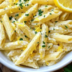To make creamy lemon feta pasta, gather these key ingredients: - 8 oz (225g) pasta (penne or spaghetti work well) - 1 cup crumbled feta cheese - 1/2 cup heavy cream - 1/4 cup freshly squeezed lemon juice - Zest of 1 lemon - 2 tablespoons olive oil - 2 tablespoons fresh parsley, chopped - 2 cloves garlic, minced - Salt and pepper to taste - Optional: crushed red pepper flakes for heat When making this dish, quality matters. Here are some tips: - Pasta: Choose a brand that cooks evenly. Look for bronze-cut pasta for better sauce adherence. - Feta Cheese: Go for a block of feta in brine. It has a fresher taste than crumbled feta. - Heavy Cream: Use pure heavy cream for the best texture. Avoid non-dairy creamers that may alter the taste. - Lemons: Pick firm, heavy lemons. They yield more juice and zest for a bright flavor. - Parsley: Fresh parsley adds a pop of color and taste. Check for bright green leaves without wilting. If you have dietary needs, here are some swaps: - Gluten-Free: Use gluten-free pasta made from rice or corn. - Dairy-Free: Try a plant-based cream and vegan feta for a dairy-free version. - Low-Fat: Use half-and-half instead of heavy cream for a lighter sauce. - Veggie Boost: Add spinach or peas for extra nutrients and color. With these tips and ingredient choices, you can create a delicious creamy lemon feta pasta that suits your taste and needs! {{ingredient_image_1}} 1. First, boil salted water in a large pot for the pasta. 2. Add 8 oz of pasta and cook until al dente, about 8-10 minutes. 3. Save 1/2 cup of pasta water before draining the pasta. 4. In a skillet, heat 2 tablespoons of olive oil over medium heat. 5. Add 2 cloves of minced garlic and sautΓ© for 1 minute. 6. Next, mix in 1 cup of crumbled feta cheese and 1/2 cup of heavy cream. 7. Stir until you get a creamy sauce. Cook for 3-4 minutes. 8. Add 1/4 cup of lemon juice and zest from 1 lemon. 9. If the sauce is thick, add some reserved pasta water. 10. Toss the cooked pasta in the creamy sauce. 11. Season with salt, pepper, and optional red pepper flakes. 12. Finally, stir in 2 tablespoons of chopped parsley for a fresh touch. - Always boil pasta in salted water. It enhances flavor. - Use a large skillet for the sauce. It helps with even cooking. - Stir frequently to prevent sticking and burning. - Adjust sauce thickness with reserved pasta water. - Garnish with fresh herbs for a pop of color. - Boiling pasta: 8-10 minutes. - SautΓ©ing garlic: 1 minute. - Mixing sauce: 3-4 minutes. - Tossing pasta and finishing: 2-3 minutes. - Total cooking time is about 25 minutes. To achieve a great creamy texture in your pasta, keep these tips in mind: - Use heavy cream for richness. - Crumble the feta cheese well before adding it to the skillet. - Stir the sauce gently to help it blend smoothly. - If the sauce seems thick, add pasta water little by little. - Cook the garlic just until fragrant to avoid burning. These steps ensure your sauce will be creamy and delightful. Many people make simple mistakes that affect the dish. Here are some to watch for: - Overcooking the pasta can lead to mushy results. - Not reserving enough pasta water can make the sauce too thick. - Skipping the lemon zest will reduce the flavor. - Adding salt too early can make the pasta gummy. - Forgetting to mix in the fresh parsley at the end loses freshness. Avoiding these mistakes will help you create the best creamy lemon feta pasta. You can elevate the flavor of your dish with a few easy enhancements: - Add crushed red pepper flakes for a spicy kick. - Toss in sautΓ©ed veggies like spinach or cherry tomatoes for added color. - Use a splash of white wine to deepen the flavor. - Experiment with fresh herbs like basil or dill for a twist. These enhancements will make your creamy lemon feta pasta even more delicious. Pro Tips Choose the Right Pasta: Pasta types like penne or spaghetti work best for this dish, as they hold the creamy sauce well. Adjust the Creaminess: If the sauce is too thick, gradually add the reserved pasta water until you reach your desired consistency. Add More Flavor: For an extra depth of flavor, consider adding a pinch of nutmeg or some sautΓ©ed vegetables like spinach or cherry tomatoes. Garnish for Presentation: A sprinkle of extra lemon zest and fresh parsley not only enhances flavor but also makes your dish visually appealing. {{image_2}} You can boost the protein in your Creamy Lemon Feta Pasta easily. Try adding grilled chicken or shrimp. Both options pair well with the creamy sauce. Simply cook the protein separately and add it to the pasta at the end. For a heartier meal, use cooked sausage or bacon. These meats add a nice, savory flavor. For a vegetarian twist, you can use mushrooms or spinach. SautΓ© them along with the garlic for added flavor. If you want a vegan version, swap the feta for a plant-based cheese. Use coconut cream instead of heavy cream for a rich texture. Nutritional yeast can add a cheesy flavor without dairy. You can play with flavors by swapping ingredients. Instead of lemon, try lime for a zesty twist. You could also use sun-dried tomatoes for a burst of sweetness. Fresh herbs like basil or mint can change the whole dish. If you like spice, add crushed red pepper flakes for heat. Each swap brings a new life to this dish! To keep your creamy lemon feta pasta fresh, store it in an airtight container. Make sure it cools down before sealing. This helps prevent extra moisture, which can cause sogginess. Place the container in the fridge. It will stay good for about 3 days. Reheat the pasta on the stove for the best results. Add a splash of water or cream to help restore creaminess. Heat on low, stirring often. This prevents burning. You can also use a microwave. Heat in short bursts, stirring in between. You can freeze creamy lemon feta pasta, but it may change texture. Allow it to cool completely before freezing. Use a freezer-safe container. It can last up to 2 months. To serve, thaw overnight in the fridge. Reheat gently as mentioned above. Creamy Lemon Feta Pasta stays fresh in the fridge for about 3 to 5 days. Be sure to store it in an airtight container. The pasta may absorb some sauce over time. To keep it creamy, add a splash of water or cream when reheating. Yes, you can make this pasta ahead of time. Cook the pasta and sauce in advance. Store them separately in the fridge. When you're ready to eat, heat the sauce and mix in the pasta. This way, the pasta stays fresh and the sauce remains creamy. Pairing this dish with fresh sides enhances the meal. Here are some great options: - A simple green salad with lemon vinaigrette - Roasted vegetables, like asparagus or zucchini - Garlic bread for a crunchy side - Steamed broccoli for extra greens These sides balance the richness of the pasta and add fresh flavors. In this post, we explored the ingredients needed for creamy lemon feta pasta, with tips on sourcing quality options and making substitutions for dietary needs. I shared a clear step-by-step guide, along with tips for perfect texture and flavor. We also covered variations to suit different tastes, plus storage methods to keep your dish fresh. Remember, your pasta can shine with the right choices and techniques. Enjoy making it your own!
