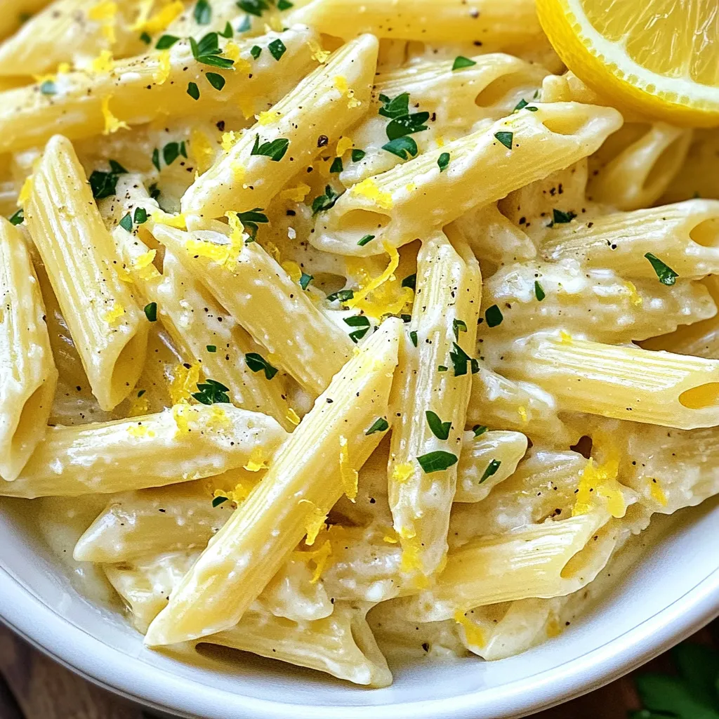 To make creamy lemon feta pasta, gather these key ingredients: - 8 oz (225g) pasta (penne or spaghetti work well) - 1 cup crumbled feta cheese - 1/2 cup heavy cream - 1/4 cup freshly squeezed lemon juice - Zest of 1 lemon - 2 tablespoons olive oil - 2 tablespoons fresh parsley, chopped - 2 cloves garlic, minced - Salt and pepper to taste - Optional: crushed red pepper flakes for heat When making this dish, quality matters. Here are some tips: - Pasta: Choose a brand that cooks evenly. Look for bronze-cut pasta for better sauce adherence. - Feta Cheese: Go for a block of feta in brine. It has a fresher taste than crumbled feta. - Heavy Cream: Use pure heavy cream for the best texture. Avoid non-dairy creamers that may alter the taste. - Lemons: Pick firm, heavy lemons. They yield more juice and zest for a bright flavor. - Parsley: Fresh parsley adds a pop of color and taste. Check for bright green leaves without wilting. If you have dietary needs, here are some swaps: - Gluten-Free: Use gluten-free pasta made from rice or corn. - Dairy-Free: Try a plant-based cream and vegan feta for a dairy-free version. - Low-Fat: Use half-and-half instead of heavy cream for a lighter sauce. - Veggie Boost: Add spinach or peas for extra nutrients and color. With these tips and ingredient choices, you can create a delicious creamy lemon feta pasta that suits your taste and needs! {{ingredient_image_1}} 1. First, boil salted water in a large pot for the pasta. 2. Add 8 oz of pasta and cook until al dente, about 8-10 minutes. 3. Save 1/2 cup of pasta water before draining the pasta. 4. In a skillet, heat 2 tablespoons of olive oil over medium heat. 5. Add 2 cloves of minced garlic and sauté for 1 minute. 6. Next, mix in 1 cup of crumbled feta cheese and 1/2 cup of heavy cream. 7. Stir until you get a creamy sauce. Cook for 3-4 minutes. 8. Add 1/4 cup of lemon juice and zest from 1 lemon. 9. If the sauce is thick, add some reserved pasta water. 10. Toss the cooked pasta in the creamy sauce. 11. Season with salt, pepper, and optional red pepper flakes. 12. Finally, stir in 2 tablespoons of chopped parsley for a fresh touch. - Always boil pasta in salted water. It enhances flavor. - Use a large skillet for the sauce. It helps with even cooking. - Stir frequently to prevent sticking and burning. - Adjust sauce thickness with reserved pasta water. - Garnish with fresh herbs for a pop of color. - Boiling pasta: 8-10 minutes. - Sautéing garlic: 1 minute. - Mixing sauce: 3-4 minutes. - Tossing pasta and finishing: 2-3 minutes. - Total cooking time is about 25 minutes. To achieve a great creamy texture in your pasta, keep these tips in mind: - Use heavy cream for richness. - Crumble the feta cheese well before adding it to the skillet. - Stir the sauce gently to help it blend smoothly. - If the sauce seems thick, add pasta water little by little. - Cook the garlic just until fragrant to avoid burning. These steps ensure your sauce will be creamy and delightful. Many people make simple mistakes that affect the dish. Here are some to watch for: - Overcooking the pasta can lead to mushy results. - Not reserving enough pasta water can make the sauce too thick. - Skipping the lemon zest will reduce the flavor. - Adding salt too early can make the pasta gummy. - Forgetting to mix in the fresh parsley at the end loses freshness. Avoiding these mistakes will help you create the best creamy lemon feta pasta. You can elevate the flavor of your dish with a few easy enhancements: - Add crushed red pepper flakes for a spicy kick. - Toss in sautéed veggies like spinach or cherry tomatoes for added color. - Use a splash of white wine to deepen the flavor. - Experiment with fresh herbs like basil or dill for a twist. These enhancements will make your creamy lemon feta pasta even more delicious. Pro Tips Choose the Right Pasta: Pasta types like penne or spaghetti work best for this dish, as they hold the creamy sauce well. Adjust the Creaminess: If the sauce is too thick, gradually add the reserved pasta water until you reach your desired consistency. Add More Flavor: For an extra depth of flavor, consider adding a pinch of nutmeg or some sautéed vegetables like spinach or cherry tomatoes. Garnish for Presentation: A sprinkle of extra lemon zest and fresh parsley not only enhances flavor but also makes your dish visually appealing. {{image_2}} You can boost the protein in your Creamy Lemon Feta Pasta easily. Try adding grilled chicken or shrimp. Both options pair well with the creamy sauce. Simply cook the protein separately and add it to the pasta at the end. For a heartier meal, use cooked sausage or bacon. These meats add a nice, savory flavor. For a vegetarian twist, you can use mushrooms or spinach. Sauté them along with the garlic for added flavor. If you want a vegan version, swap the feta for a plant-based cheese. Use coconut cream instead of heavy cream for a rich texture. Nutritional yeast can add a cheesy flavor without dairy. You can play with flavors by swapping ingredients. Instead of lemon, try lime for a zesty twist. You could also use sun-dried tomatoes for a burst of sweetness. Fresh herbs like basil or mint can change the whole dish. If you like spice, add crushed red pepper flakes for heat. Each swap brings a new life to this dish! To keep your creamy lemon feta pasta fresh, store it in an airtight container. Make sure it cools down before sealing. This helps prevent extra moisture, which can cause sogginess. Place the container in the fridge. It will stay good for about 3 days. Reheat the pasta on the stove for the best results. Add a splash of water or cream to help restore creaminess. Heat on low, stirring often. This prevents burning. You can also use a microwave. Heat in short bursts, stirring in between. You can freeze creamy lemon feta pasta, but it may change texture. Allow it to cool completely before freezing. Use a freezer-safe container. It can last up to 2 months. To serve, thaw overnight in the fridge. Reheat gently as mentioned above. Creamy Lemon Feta Pasta stays fresh in the fridge for about 3 to 5 days. Be sure to store it in an airtight container. The pasta may absorb some sauce over time. To keep it creamy, add a splash of water or cream when reheating. Yes, you can make this pasta ahead of time. Cook the pasta and sauce in advance. Store them separately in the fridge. When you're ready to eat, heat the sauce and mix in the pasta. This way, the pasta stays fresh and the sauce remains creamy. Pairing this dish with fresh sides enhances the meal. Here are some great options: - A simple green salad with lemon vinaigrette - Roasted vegetables, like asparagus or zucchini - Garlic bread for a crunchy side - Steamed broccoli for extra greens These sides balance the richness of the pasta and add fresh flavors. In this post, we explored the ingredients needed for creamy lemon feta pasta, with tips on sourcing quality options and making substitutions for dietary needs. I shared a clear step-by-step guide, along with tips for perfect texture and flavor. We also covered variations to suit different tastes, plus storage methods to keep your dish fresh. Remember, your pasta can shine with the right choices and techniques. Enjoy making it your own!