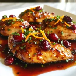 To make Cranberry Orange Glazed Chicken, you need fresh and tasty ingredients. Here’s what you will need: - 4 boneless, skinless chicken breasts - 1 cup fresh cranberries - 1/2 cup orange juice - Zest of 1 orange - 1/4 cup honey - 2 tablespoons Dijon mustard - 2 tablespoons olive oil - 1 tablespoon soy sauce - 2 cloves garlic, minced - Salt and pepper, to taste - Fresh parsley, for garnish These ingredients blend to create a sweet and tangy glaze. The cranberries give a burst of flavor, while the orange zest adds brightness. Honey and Dijon mustard balance the dish with sweet and sharp notes. For extra flavor, consider adding: - A pinch of red pepper flakes for heat - Chopped fresh thyme or rosemary for an herbal boost Using fresh ingredients makes a big difference in taste. Enjoy cooking this delightful dish! {{ingredient_image_1}} 1. Preheat the oven: Start by setting your oven to 375°F (190°C). This step is crucial for even cooking. 2. Sear the chicken breasts: Take four boneless, skinless chicken breasts. Season them with salt and pepper on both sides. Heat a bit of olive oil in an oven-safe skillet over medium-high heat. Sear each piece for about 3-4 minutes on each side. You want them golden brown. This adds flavor and helps lock in moisture. 1. Combine the ingredients: In a medium saucepan, mix together 1 cup of fresh cranberries, 1/2 cup of orange juice, the zest of 1 orange, 1/4 cup of honey, 2 tablespoons of Dijon mustard, 2 tablespoons of olive oil, 1 tablespoon of soy sauce, and 2 minced garlic cloves. 2. Cook and thicken: Place the saucepan over medium heat. Stir the mixture as it cooks. You will notice the cranberries start to pop. This usually takes about 10-12 minutes. Keep stirring until the sauce thickens slightly. 1. Coat the chicken: Once the chicken is seared, pour the cranberry-orange glaze over it in the skillet. Make sure each piece is well coated with the tasty sauce. 2. Bake the chicken: Transfer the skillet to your preheated oven. Bake for 20-25 minutes. You want the chicken to reach an internal temperature of 165°F (75°C) to ensure it’s fully cooked. 3. Check for doneness: After baking, take the skillet out of the oven. Let the chicken rest for a few minutes. This step allows the juices to redistribute. Serve the chicken drizzled with extra glaze from the skillet. Add fresh parsley on top for a bright finish. To make the glaze just right, adjust the sweetness and acidity. If you want more sweetness, add a bit more honey. For a tangy kick, squeeze in more orange juice. Taste as you go. This helps you find your perfect balance. Be careful with garlic to avoid burning it. Burnt garlic tastes bitter. Add minced garlic near the end of cooking the glaze. This way, it cooks just enough to be fragrant without burning. Proper seasoning helps the chicken cook evenly. Use salt and pepper on both sides before searing. This enhances the flavor throughout the chicken. I always use a meat thermometer for accuracy. Insert it into the thickest part of the chicken. When it hits 165°F (75°C), it’s done. This way, you prevent undercooked or dry chicken. Garnishing makes your dish pop visually. I love using fresh parsley to add color. Simply chop it finely and sprinkle it over the chicken. For serving, place the chicken on a nice plate. Drizzle extra glaze on top for a glossy finish. Pair it with a side of rice or veggies to complete the meal. This makes for a stunning presentation. Pro Tips Use Fresh Cranberries: Fresh cranberries will give the glaze a vibrant flavor and beautiful color. If using dried cranberries, be sure to adjust the sweetness since they are typically sweeter. Perfectly Sear the Chicken: Ensure your skillet is hot before adding the chicken to achieve a nice golden-brown crust. This locks in the juices and enhances the overall flavor. Let it Rest: Allow the chicken to rest for a few minutes after baking. This helps the juices redistribute, making the chicken more tender and juicy. Serve with Sides: Pair the glazed chicken with sides like roasted vegetables or rice to soak up the delicious sauce and create a balanced meal. {{image_2}} You can change the sweeteners in this recipe. Instead of honey, use maple syrup or agave nectar. Both add a nice flavor. For sauces, you could try teriyaki or hoisin sauce for a different twist. These sauces bring unique tastes to the dish. For seasonings, consider adding herbs like thyme or rosemary. They pair well with the chicken and add depth. You can also use garlic powder instead of fresh garlic. It saves time and keeps the flavor strong. You can grill the chicken for a smoky flavor. Start by marinating the chicken in the glaze. Then, heat your grill to medium-high. Grill each side for about 6-7 minutes or until cooked through. This method gives a nice char and enhances the taste. If you prefer a slow cooker, it's simple. Place the seasoned chicken in the slow cooker. Pour the glaze over the top. Cook on low for 4-5 hours or high for 2-3 hours. This method makes the chicken very tender and juicy. Pair this chicken with roasted vegetables or rice. They balance the sweetness of the glaze perfectly. You could also serve it with a fresh salad for a crisp side. For drinks, try a fruity white wine, like Riesling. Its sweetness matches the chicken well. If you prefer non-alcoholic, a sparkling water with lime is refreshing and complements the dish nicely. To keep your cranberry orange glazed chicken fresh, store leftovers in an airtight container. This will prevent moisture loss and keep the flavor intact. Place the chicken in the fridge within two hours of cooking for safety. If you want to freeze the chicken, wrap each piece tightly in plastic wrap. Then, place it in a freezer bag or container. It’s best to eat frozen chicken within three months for the best taste. When reheating, use the oven or microwave. If using the oven, set it to 350°F (175°C) and bake for about 15-20 minutes. This helps keep the chicken juicy. In the microwave, heat for 2-3 minutes, checking often to avoid overcooking. In the fridge, your cranberry orange glazed chicken will stay fresh for about three to four days. Always check for signs of spoilage. If the chicken smells sour or has a slimy texture, it’s best to throw it away. Freezing extends freshness. If stored correctly, your chicken can last up to three months. Remember to label your containers with the date to keep track. Enjoy your delicious meal without the worry of spoilage! What can I substitute for fresh cranberries? You can use dried cranberries if you do not have fresh ones. They add sweet-tart flavor. You can also use canned cranberry sauce, but it may change the texture. Can I make this recipe gluten-free? Yes, you can make this dish gluten-free. Use gluten-free soy sauce or tamari. Check that all other ingredients are gluten-free. How can I make it spicier? To add heat, mix in red pepper flakes or cayenne pepper. Start with a small amount. Taste the glaze as you go. Adjust to your spice level. Is it possible to grill the chicken instead? Yes, grilling is a great option. Marinate the chicken in the glaze for extra flavor. Cook the chicken on medium heat until it reaches 165°F. Baste with extra glaze while grilling for more taste. Caloric content per serving This dish has about 300 calories per serving. It is filling and flavorful without being too heavy. Tips for reducing calories and fat To cut calories, use less honey or skip it. You can also trim any visible fat from the chicken. Serve with a salad or veggies to add volume without many calories. This blog post provided a clear recipe for cooking chicken with a delicious cranberry glaze. We discussed each step, from gathering ingredients to baking instructions, and offered tips for the best results. You learned about ingredient swaps and how to store leftovers. Cooking this dish can bring joy to your table. With these steps, you create a flavorful meal that impresses. Enjoy customizing it to your taste and sharing it with others!