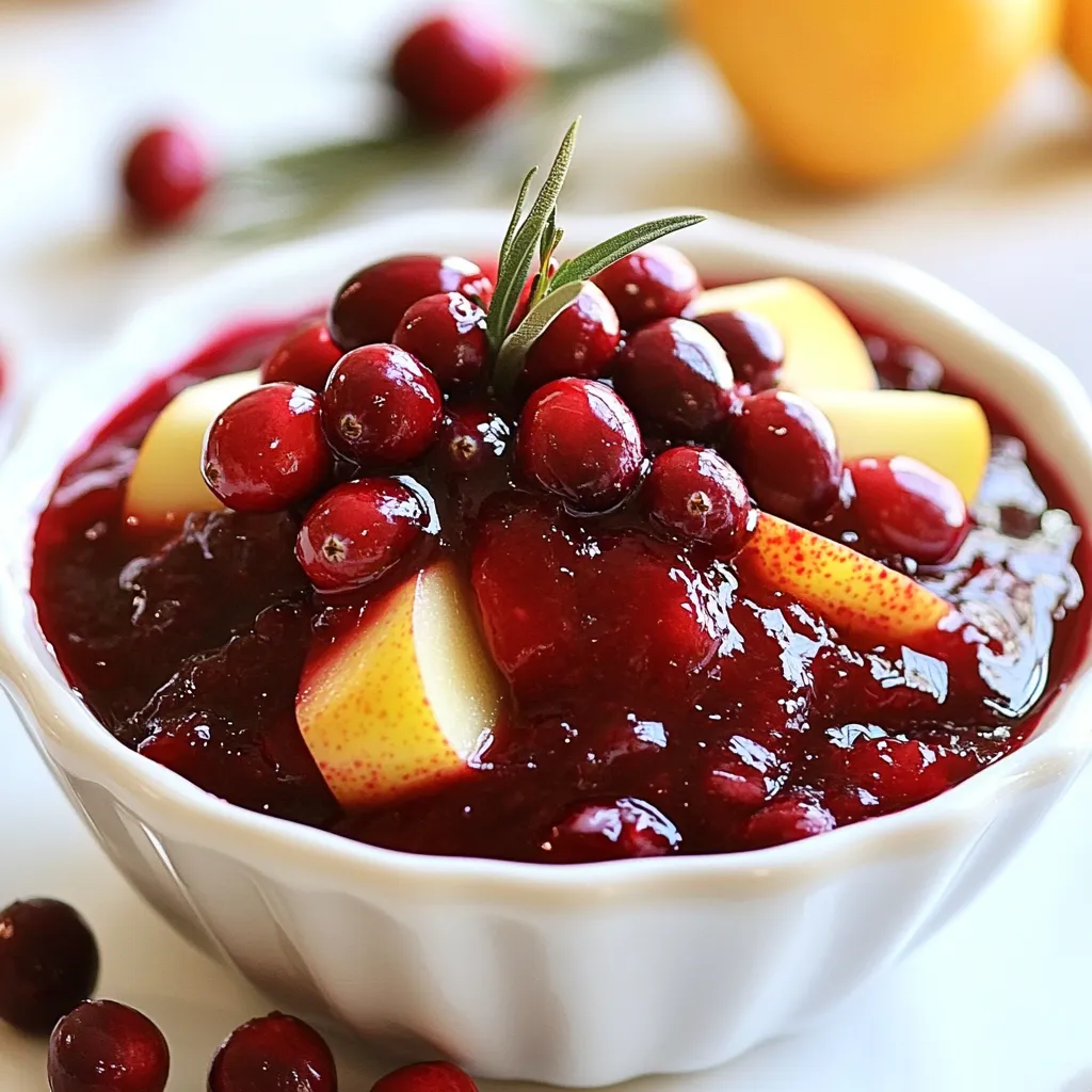 - 2 cups fresh cranberries - 1 medium apple, peeled, cored, and diced - 1 medium pear, peeled, cored, and diced - 1 cup sugar (or to taste) - 1/2 cup water - Zest of 1 orange - Juice of 1 orange - 1/2 teaspoon ground cinnamon - 1/4 teaspoon ground ginger - 1/4 teaspoon vanilla extract If you want to change things up, there are great swaps. - For sugar, try honey or maple syrup for a natural sweetness. - Use a different fruit, like peaches or berries, for a unique twist. - If you lack fresh cranberries, frozen ones work well too. - You can skip the orange zest and juice if you want a simpler flavor. - Other spices like nutmeg or allspice can boost the taste. This sauce is not just tasty, it's good for you too! - One serving (about 1/4 cup) has around 100 calories. - It also gives you vitamins and fiber from the fruit. - Cranberries are great for your heart and immune system. - Apples and pears add extra fiber and sweetness. - Overall, it’s a low-fat option that pairs well with many meals. {{ingredient_image_1}} Start by gathering all your ingredients. You will need: - 2 cups fresh cranberries - 1 medium apple, peeled, cored, and diced - 1 medium pear, peeled, cored, and diced - 1 cup sugar (or to taste) - 1/2 cup water - Zest of 1 orange - Juice of 1 orange - 1/2 teaspoon ground cinnamon - 1/4 teaspoon ground ginger - 1/4 teaspoon vanilla extract Make sure to wash the cranberries. Look for any that are soft or brown. Discard those. Dice the apple and pear into small pieces. This helps them cook evenly. In a medium saucepan, mix the fresh cranberries and water. Turn on the heat to medium and bring it to a simmer. Watch as the cranberries start to pop. This means they are cooking! Once you hear popping, lower the heat. Stir in the sugar, orange zest, orange juice, ground cinnamon, and ground ginger. This mix adds a lovely flavor. Next, add the diced apple and pear. Stir it all together. Continue to cook for about 10 to 15 minutes. Stir occasionally. The mixture should thicken, and the cranberries will burst open. This is when the magic happens! After cooking, remove the saucepan from the heat. Stir in the vanilla extract for a final flavor boost. Allow the sauce to cool slightly. If you want a smooth sauce, use a hand mixer to blend it. For a chunkier texture, leave it as is. Once cooled, transfer the sauce to a serving bowl or a container. Refrigerate it for at least an hour. This helps the flavors meld together. Now, you're ready to enjoy this delicious sauce! To make your cranberry sauce shine, use fresh ingredients. Fresh cranberries have the best taste. Adding the zest and juice from an orange boosts the flavor. The bright citrus balances the tartness of cranberries. Ground cinnamon and ginger add warmth and depth. You can also experiment with different spices, like nutmeg or allspice. For a fun twist, add a splash of brandy or whiskey for an adult version. This will make your sauce rich and unique. One mistake is cooking the sauce too long. This can make it too thick or burnt. Keep an eye on the heat. Stir often to prevent sticking. Another pitfall is not tasting the sauce as you cook. You can adjust the sweetness by adding more sugar or fruit. If it’s too tart, a little more sugar will help. Lastly, don’t forget to let the sauce cool. This helps the flavors meld together beautifully. Serve your sauce in a pretty bowl to impress guests. Choose a festive bowl that stands out. For a cheerful touch, garnish with fresh cranberries and thin orange slices. This adds color and makes it look fresh. You can also serve it with a scoop of cream or on a slice of cake. This makes it feel special. Remember, we eat with our eyes first, so a nice presentation matters! Pro Tips Balance the Sweetness: Taste the sauce as it cooks to adjust the sugar according to your preference. The tartness of the cranberries can vary, so you may want to add more or less sugar. Experiment with Spices: Feel free to add a pinch of nutmeg or allspice for additional warmth and depth of flavor. Each spice will give the sauce its own unique twist! Storage and Serving: This sauce can be made ahead of time and stored in the fridge for up to a week. It also freezes well, making it a perfect make-ahead option for holiday meals. Garnish for Presentation: Enhance the visual appeal by garnishing with fresh herbs like mint or additional slices of orange. A beautiful presentation will elevate your dish! {{image_2}} You can switch up the fruits in your cranberry sauce. Try adding different fruits for a unique taste. For example, use peaches or plums instead of apples and pears. You can mix in citrus fruits like mandarins, which add a nice zing. If you want a tropical twist, consider adding pineapple or mango chunks. Each fruit brings its own charm and sweetness, making your sauce even more special. If you want a healthier option, use sugar alternatives. Honey or maple syrup can replace sugar in this recipe. Start with half the amount, as these sweeteners are often sweeter. Agave nectar is another choice. It blends well and adds a nice flavor. You can also try stevia for a zero-calorie option. Adjust to your taste, and enjoy a sweet sauce without the guilt. Spices can really enhance your sauce. Besides cinnamon and ginger, consider adding nutmeg or allspice for warmth. A splash of bourbon or brandy can add depth to the flavor. For a fresh touch, stir in some chopped mint leaves after cooking. You can also add a pinch of salt to balance the sweetness. Experiment with these spices to find your favorite mix. To store leftover cranberry sauce, place it in an airtight container. Make sure the sauce cools to room temperature first. This helps keep the flavors fresh. Store it in the fridge for up to one week. You can also use a glass jar for easy access. Freezing cranberry sauce is simple. Just pour the cooled sauce into freezer-safe bags or containers. Leave some space at the top, as the sauce will expand when frozen. Seal tightly and label with the date. It can last up to three months in the freezer. When ready to use, thaw it in the fridge overnight. To reheat the sauce, place it in a saucepan over low heat. Stir often to prevent it from sticking. You can also use the microwave. Heat it in short bursts, stirring in between. This keeps the sauce from getting too hot. Enjoy the sauce warm or at room temperature! Yes, you can use frozen cranberries. They work well in sauces. Just remember to thaw them first. Frozen cranberries may have a softer texture but will still taste great. Homemade cranberry sauce lasts about one week in the fridge. Keep it in an airtight container. If you want to store it longer, freeze it for up to six months. Absolutely! Making this sauce ahead is a smart idea. You can prepare it up to a week in advance. Just store it in the fridge for the best flavor. Yes, this cranberry sauce is perfect for Thanksgiving. The sweet apples and pears balance the tart cranberries. It adds color and flavor to your holiday table. To adjust sweetness, add more or less sugar. Start with a small amount and taste as you go. You can also use honey or maple syrup for a unique twist. This blog post covered all you need for making cranberry sauce. I shared ingredients, steps, and tips for great flavor. You can also try fun fruit mixes and sugar swaps to suit your taste. Remember to store leftovers properly to keep it fresh. With these ideas, your cranberry sauce will be a hit! Enjoy making your delicious sauce and wow your guests this season.
