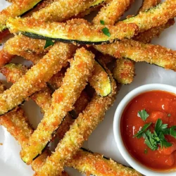 - 2 medium zucchinis - 1/2 cup all-purpose flour - 2 large eggs - 1 cup panko breadcrumbs - 1/2 cup grated Parmesan cheese - 1 teaspoon garlic powder - 1 teaspoon onion powder - 1/2 teaspoon smoked paprika - Salt and pepper to taste - Olive oil spray You can swap the all-purpose flour for gluten-free flour if needed. Instead of panko, use regular breadcrumbs for a different texture. If you want a dairy-free option, try nutritional yeast instead of Parmesan cheese. You can also change the spices. For a spicy kick, add cayenne pepper or chili powder. Fresh herbs like parsley or basil can also add flavor. Each ingredient plays a key role in making these fries tasty. Zucchini forms the base and adds moisture. Flour helps the coating stick to the zucchini. Eggs create a binding layer that holds everything together. Panko breadcrumbs give a light, crispy texture. Parmesan cheese adds a rich, savory flavor. Garlic powder and onion powder enhance the overall taste, while smoked paprika gives a hint of smokiness. Salt and pepper bring out all the flavors, and olive oil spray ensures a perfect crisp. Start by washing the zucchinis. Make sure to remove any dirt. Next, cut each zucchini into fry-sized sticks. Aim for about 1/4 to 1/2 inch thick. This helps them cook evenly. After cutting, use a paper towel to pat them dry. This step is important because it removes excess moisture, helping the fries become crispy. Now, let’s create a breading station. Take three shallow bowls. In the first bowl, add 1/2 cup of all-purpose flour. In the second bowl, beat 2 large eggs until they are smooth. In the last bowl, mix together 1 cup of panko breadcrumbs, 1/2 cup of grated Parmesan cheese, 1 teaspoon of garlic powder, 1 teaspoon of onion powder, 1/2 teaspoon of smoked paprika, and some salt and pepper. This mix gives the fries great flavor. Preheat your air fryer to 400°F (200°C) for about 5 minutes. This helps the fries cook quickly and evenly. Take each zucchini stick and dip it into the flour first. Shake off any extra flour. Next, coat it in the beaten eggs. Finally, roll the stick in the breadcrumb mix. Press gently to make sure it sticks well. Arrange the coated zucchini fries in a single layer in the air fryer basket. Do not overcrowd them; they need space to crisp up. Lightly spray the fries with olive oil. This helps them turn golden and crunchy. Cook the fries for 10 to 12 minutes. Flip them halfway through to ensure even browning. When they are golden and crispy, remove them from the air fryer. Let them cool for a minute before serving. Enjoy your crispy treats! To get the perfect crispy texture, start with dry zucchinis. After cutting, pat them with a paper towel. This removes moisture that can lead to soggy fries. Use panko breadcrumbs instead of regular ones. They add more crunch. Lightly spray the fries with olive oil before cooking. This step helps them brown nicely. One big mistake is overcrowding the air fryer. If you pile the fries, they won’t cook evenly. Always arrange them in a single layer. Another mistake is skipping the breading station steps. Each step adds flavor and texture. If you rush, the coating may not stick well. Finally, don’t forget to flip them halfway through cooking. This ensures both sides get crispy. Zucchini fries taste great on their own, but serving them with dips makes them even better. Try marinara sauce or garlic aioli for a flavor boost. You can also sprinkle some fresh parsley on top for color. For a fun twist, serve them with a side of ranch dressing. Enjoy these fries as a snack or a side dish! {{image_2}} You can change the coating for your zucchini fries to fit your needs. For a gluten-free option, use almond flour or rice flour instead of all-purpose flour. You can also swap panko breadcrumbs for gluten-free breadcrumbs. If you want a spicy kick, add cayenne pepper to your breadcrumb mix. You can even mix in some crushed red pepper flakes for extra heat. These small changes can make a big difference in flavor. Spice up your zucchini fries by adding herbs and spices. Try mixing in Italian seasoning or dried basil into the breadcrumb mixture. Fresh herbs like parsley or thyme can also add a nice touch. For a smoky flavor, add more smoked paprika. You can even try a hint of lemon zest to brighten the taste. These simple tweaks will make your fries exciting and unique. When it comes to serving your zucchini fries, the options are endless. While marinara sauce is a classic, you can try ranch dressing or spicy aioli for dipping. Pair them with a fresh salad or a crunchy slaw to make a full meal. For a fun twist, serve the fries in a taco with salsa and avocado. These ideas can help you enjoy your crispy zucchini fries in different ways. After making your air fryer Parmesan zucchini fries, let them cool. Place them in an airtight container. This helps keep them fresh. Make sure to store them in the fridge. They will last for 2 to 3 days. To keep them crispy, add a paper towel inside the container. The towel absorbs excess moisture. To reheat your zucchini fries, use the air fryer again. Preheat it to 350°F (175°C). Spread the fries in a single layer. Cook for about 5 to 7 minutes. This method helps regain their crispiness. If you don’t have an air fryer, you can use the oven. Heat it to 375°F (190°C) and bake for 10 minutes. You can also freeze these zucchini fries. After cooling, place them in a single layer on a baking sheet. Freeze them for about 1 hour. Once frozen, transfer them to a freezer bag. They can last for up to 3 months. When ready to eat, do not thaw. Cook them straight from the freezer. Air fry at 400°F (200°C) for 12-15 minutes for best results. You can make zucchini fries in the oven. First, follow the same steps to cut and coat the zucchini. Preheat your oven to 425°F (220°C). Line a baking sheet with parchment paper. Place the coated zucchini fries in a single layer on the sheet. Spray them lightly with olive oil. Bake for 20-25 minutes. Flip them halfway through for even cooking. They should be golden and crispy when done. Yes, you can use many vegetables. Try eggplant, carrots, or sweet potatoes. Cut them into fry-sized sticks like zucchini. The cooking time may vary. Check for doneness by looking for a golden color. Adjust the seasoning to match the vegetable's flavor. Zucchini fries taste great with various dips. Marinara sauce is a classic choice. Garlic aioli adds a rich taste. Ranch dressing or tzatziki are also good options. Feel free to get creative! Find a dip that you enjoy. In this blog post, we explored how to make tasty zucchini fries. We detailed ingredients, like fresh zucchini and different coatings. We walked through simple steps for air frying them to crispy perfection. I shared tips to avoid common mistakes and served up some fun variations. Storing leftovers and reheating tips were also covered. Try these crispy zucchini fries at home! They are easy and fun. You will love the flavors and the crunch. Get creative with your dips and toppings!