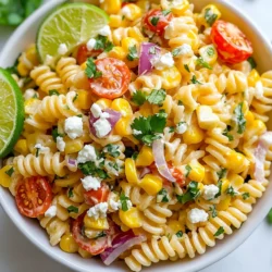 - 8 oz. rotini pasta - 2 cups fresh corn kernels (or canned, drained) - 1 red bell pepper, diced - 1 cup cherry tomatoes, halved - 1/2 red onion, finely chopped - 1/2 cup cilantro, chopped - 1/2 cup crumbled feta cheese - 1/4 cup mayonnaise - 2 tablespoons sour cream - 2 tablespoons lime juice - 1 teaspoon chili powder - Salt and pepper to taste You will need the main ingredients to create a delicious Street Corn Pasta Salad. First, grab the rotini pasta. It gives a nice shape and texture. Cook it until it is al dente. This is key for the perfect bite. Next, corn brings sweetness and crunch. You can use fresh corn kernels or canned ones. If you choose fresh, cut it off the cob for the best taste. Now, let’s add some color. A diced red bell pepper adds a great crunch. Halved cherry tomatoes provide juiciness and flavor. Finely chopped red onion adds a zesty bite. Don’t forget the cilantro! It gives a fresh taste that brightens the whole dish. Lastly, crumbled feta cheese adds creaminess and a salty kick. For the dressing, mix mayonnaise and sour cream. This gives a rich, creamy base. Add lime juice for tang and chili powder for a little heat. Salt and pepper will enhance all the flavors. This dressing will tie everything together. Make sure to adjust the seasoning to your taste. Enjoy creating this vibrant salad! {{ingredient_image_1}} To make the perfect Street Corn Pasta Salad, start by cooking the rotini pasta. Boil water in a large pot and add the pasta. Cook it until it is al dente, about 8-10 minutes. Al dente means the pasta is firm but not hard. Drain the pasta in a colander. Rinse it under cold water. This stops the cooking and cools it down quickly. Rinsing helps prevent the pasta from sticking. Set the pasta aside while you prepare the other ingredients. Now, let’s focus on the corn. You can use fresh or canned corn. If using fresh, cut the kernels off the cob. In a large skillet, add the corn kernels. Sauté them over medium heat for about 5-7 minutes. You want them to get a nice char. This gives the corn a sweet and smoky flavor. Stir them often to avoid burning. If you want a good char, let them sit for a bit before stirring. Next, it’s time to mix everything together. In a large bowl, combine the cooked pasta, charred corn, diced red bell pepper, halved cherry tomatoes, finely chopped red onion, and cilantro. Toss the ingredients gently. You want to mix them without smashing the veggies. This keeps the salad looking fresh and colorful. In a separate bowl, whisk together the mayonnaise, sour cream, lime juice, chili powder, salt, and pepper. Make sure it’s smooth before adding to the salad. Pour the dressing over the pasta and veggie mix. Toss everything together until it is well coated. This is where the magic happens! Finally, gently fold in the crumbled feta cheese. Be careful not to break it too much. Feta adds a creamy and salty touch to the salad. Now, let’s let the flavors mingle. Refrigerate the salad for at least 30 minutes. This chilling time allows the flavors to blend better. It also makes the salad nice and cool for serving. Enjoy the burst of flavors in every bite! To achieve perfect al dente pasta, follow the package instructions closely. Cook the rotini until it is just firm. This usually takes about 7-10 minutes. After cooking, drain and rinse the pasta under cold water. This stops the cooking process and keeps pasta from becoming mushy. For the corn, char it well. Use a large skillet over medium heat. Add the corn kernels and sauté for about 5-7 minutes. You want them to be brown and slightly crispy. This adds a sweet, smoky taste to your salad. Serve your salad in a big, bright bowl. Add lime wedges on the side for a pop of color. Sprinkle extra cilantro and feta cheese on top. This makes the dish look fresh and inviting. You can also place some cherry tomatoes around the edge for a vibrant look. To enhance the flavor, think about adding spices. Consider smoked paprika or cumin for a deeper taste. You can also add a pinch of cayenne for some heat. For extra crunch, top the salad with crushed tortilla chips or roasted pumpkin seeds. These add texture and make your salad even more exciting. Pro Tips Fresh Corn is Key: Whenever possible, use fresh corn off the cob for the best flavor. If using canned corn, ensure it is well-drained to avoid excess moisture. Customize the Spice: Adjust the amount of chili powder to suit your taste. For a milder salad, use less; for a spicier kick, add more or incorporate diced jalapeños. Let It Chill: Allowing the salad to refrigerate for at least 30 minutes helps the flavors develop and meld together, making each bite more delicious. Presentation Matters: For an appealing presentation, serve the salad in a large bowl and garnish with extra cilantro and lime wedges to enhance the visual appeal. {{image_2}} You can change the pasta type for your Street Corn Pasta Salad. Try penne, farfalle, or even whole wheat pasta. Each will bring a new twist to the dish. If you want more flavor, swap feta cheese for cotija or goat cheese. These choices add a different taste and creaminess to the salad. To make this salad vegan, use plant-based mayo and sour cream. Replace feta with a vegan cheese. This keeps the salad creamy and delicious without dairy. For gluten-free options, choose gluten-free pasta. Many brands offer great choices that still taste good. Incorporate seasonal veggies for extra color and taste. In summer, add zucchini or bell peppers. In fall, try roasted butternut squash or sweet potatoes. Fresh herbs like basil or mint can enhance the flavor too. Just chop them and mix them in for a bright touch. To keep your Street Corn Pasta Salad fresh, refrigerate it right away. Use an airtight container for the best results. This helps prevent the salad from drying out or absorbing any other fridge odors. A glass or plastic container with a tight lid works well. Your pasta salad can last in the fridge for up to three days. After that, it may lose flavor and texture. Look for signs of spoilage, such as a sour smell or discoloration. If the salad seems slimy or smells off, it's best to throw it away. You can freeze pasta salad, but it may change texture. If you decide to freeze it, pack it in a freezer-safe container. Leave some space at the top for expansion. To thaw, place it in the fridge overnight. This helps maintain flavor and texture. Avoid thawing at room temperature to keep it safe to eat. What can I substitute for corn? You can use chickpeas or diced zucchini if you want a change. Both add texture and flavor. Corn brings sweetness, so aim for something similar. Can this salad be made ahead of time? Yes, you can make it a day in advance. Just keep it in the fridge. This helps the flavors blend even better. Is Street Corn Pasta Salad a main dish or a side? It works great as both! Serve it as a side for BBQs or as a light main dish. How many people does this recipe serve? This recipe serves about six people. It’s perfect for small gatherings or family dinners. How do I make this salad gluten-free? Use gluten-free pasta instead of rotini. Many types are available, like rice or chickpea pasta. Can I use frozen corn instead of fresh? Yes, frozen corn is a good option. Just thaw and drain it before cooking. It’s quick and easy! This blog post shared a tasty recipe for Street Corn Pasta Salad. We covered the main ingredients, dressing, and step-by-step instructions. I shared helpful cooking tips and variations to suit your taste. Remember, you can easily swap ingredients, modify for diets, and store leftovers properly. This salad is fresh, colorful, and perfect for any meal. Enjoy making it your own!