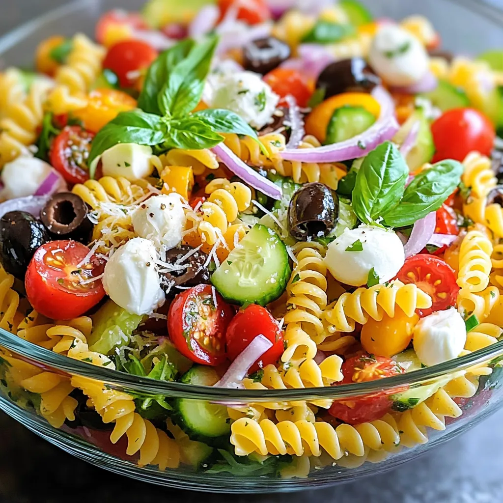 - 8 oz. tri-color pasta (fusilli or rotini) - 1 cup cherry tomatoes, halved - 1 cup cucumber, diced - 1/2 cup red onion, thinly sliced - 1/2 cup black olives, sliced - 1/2 cup mozzarella balls (bocconcini) - 1/4 cup grated Parmesan cheese - 1/2 cup Italian dressing (store-bought or homemade) - 1 tablespoon fresh basil, chopped - Salt and pepper to taste To make the Olive Garden Inspired Pasta Salad, start with fresh and colorful ingredients. The tri-color pasta brings a fun look and great texture. I like using fusilli or rotini because their shapes hold the dressing well. Cherry tomatoes add sweetness, while cucumbers give a fresh crunch. The red onion adds a little zing, and black olives bring a nice salty flavor. Don’t forget the mozzarella balls. They are creamy and delicious. Grated Parmesan cheese gives a rich taste that ties it all together. I love using Italian dressing for its bold flavors. Fresh basil adds a lovely touch of herbiness. Finally, season with salt and pepper to make each bite perfect. - Additional vegetables (bell pepper, zucchini) - Variations in cheese (feta, cheddar) - Different dressing options Feel free to customize your salad! You can add bell peppers or zucchini for more color and crunch. If you like different cheeses, feta or cheddar can work well too. You can even try different dressings like balsamic vinaigrette for a new twist. This makes the salad fun and personal. {{ingredient_image_1}} Boil water in a large pot. Add salt to the water. Once boiling, add 8 oz. of tri-color pasta. Cook it until al dente. This means it should be firm but not hard. Drain the pasta in a colander. Rinse it with cold water to stop the cooking. This helps keep the pasta from getting mushy. While your pasta cools, chop the veggies. Take 1 cup of cherry tomatoes and cut them in half. Dice 1 cup of cucumber for crunch. Thinly slice 1/2 cup of red onion for a bit of bite. Slice 1/2 cup of black olives for salty flavor. Fresh veggies make your salad lively and colorful. In a large bowl, mix the cooled pasta and chopped veggies. Add 1/2 cup of mozzarella balls for creaminess. Toss in the sliced olives, too. Drizzle 1/2 cup of Italian dressing over the mix. Sprinkle 1/4 cup of grated Parmesan cheese on top. Gently toss everything together until well-coated. Now it’s time to season. Add freshly chopped basil and sprinkle salt and pepper to taste. Toss the salad again to blend the flavors. For the best taste, chill the salad in the fridge for at least 30 minutes. This allows the flavors to meld together, creating a delicious dish. To get the best taste from your pasta salad, chilling is key. After mixing the salad, let it sit in the fridge for at least 30 minutes. This helps the flavors mix and taste better. For dressing, I suggest making your own if you can. A simple mix of olive oil, vinegar, and herbs brings fresh flavor to your salad. When serving, use clear glass bowls. This allows the bright colors of the salad to shine through. It makes the dish look more inviting. You can also add a touch of elegance by garnishing with fresh basil leaves and a sprinkle of Parmesan cheese on top. This makes the salad not just tasty, but also beautiful. Having the right tools can make mixing easier. I recommend using a large mixing bowl for combining ingredients. A pair of tongs can help toss the salad gently. For storage, airtight containers work best. They keep the salad fresh and ready for your next meal. Pro Tips Tip Title: Use Fresh Ingredients: Fresh vegetables will enhance the flavor of your pasta salad. Opt for in-season produce for the best taste. Tip Title: Customize Your Dressing: If you're feeling adventurous, try making your own Italian dressing with olive oil, vinegar, herbs, and spices for a personal touch. Tip Title: Add Protein: For a heartier dish, consider adding cooked chicken, salami, or chickpeas to the salad for extra protein. Tip Title: Chill for Flavor: Letting your pasta salad chill for at least 30 minutes before serving allows the flavors to meld beautifully. {{image_2}} You can easily customize the Olive Garden Inspired Pasta Salad to fit your taste. If you prefer a vegetarian dish, skip the meat and add more veggies. Try bell peppers, artichokes, or even spinach for a fresh twist. If you want extra protein, consider adding grilled chicken or sliced salami. These options make the salad heartier and more filling. You can also change the flavor profile of your pasta salad. For a Mediterranean twist, add black olives and crumbled feta cheese. This combination gives the salad a rich and tangy taste. If you like spice, add sliced jalapeños or crushed red pepper flakes. This will give your salad a nice kick and make it exciting. Using seasonal ingredients can enhance your salad's flavor. In summer, add fresh corn, zucchini, or diced bell peppers. These ingredients add color and crunch. You can also use fresh herbs like parsley or dill to brighten the dish. Seasonal produce is not only tasty but also ensures your salad is fresh and vibrant. To keep your pasta salad fresh, store it in an airtight container. This helps keep moisture in and prevents it from drying out. Place the container in the fridge right after serving. The salad stays fresh for about three to five days. If you notice any sogginess, give it a gentle toss with a bit more dressing. Can you freeze pasta salad? Yes, but it's not always the best idea. Freezing can change the texture of the vegetables and cheese. If you must freeze it, use a freezer-safe container. Make sure to leave some space at the top, as the salad may expand. To defrost, place it in the fridge overnight. This keeps it cool and safe. If you want to eat your leftovers, the best way is to let them sit at room temperature for a short time. You can also use the microwave on low heat. Just be careful not to overheat it. This keeps the pasta salad crisp and tasty. If it seems dry, add a splash of dressing to refresh it. Olive Garden Inspired Pasta Salad lasts about 3 to 5 days in the fridge. To keep it fresh, store it in an airtight container. The dressing may change the texture a bit, but the flavors will still be great. Yes, you can make this salad ahead of time. It tastes even better after chilling in the fridge for a few hours. Just prepare it a day before your event. You’ll save time and have a tasty dish ready to serve. You can use different types of pasta for this salad. Tri-color fusilli or rotini works best for holding the dressing. If you want another option, try penne or farfalle. They will also give a nice look and texture to the dish. This pasta salad recipe offers fresh ingredients, easy steps, and room for creativity. You learned how to cook the pasta, prepare the veggies, and add tasty dressings. Remember, chilling the salad helps meld flavors for a better taste. Don’t hesitate to customize it with seasonal produce or your favorite proteins. With these tips, you can enjoy a delicious, refreshing dish anytime. Get creative and make it your own!