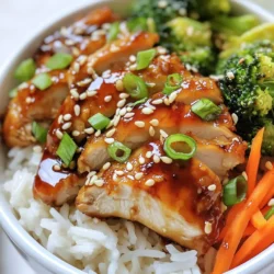 - 2 cups jasmine rice - 4 chicken thighs, boneless and skinless - 1/4 cup soy sauce - 1/4 cup honey - 2 tablespoons sesame oil - 1 tablespoon ginger, grated - 2 garlic cloves, minced - 1 tablespoon rice vinegar - 1/2 teaspoon red pepper flakes (optional) - 1 cup broccoli florets - 1/2 cup carrots, julienned - 2 green onions, sliced - Sesame seeds for garnish - Salt and pepper to taste The key to making sweet and sticky chicken rice bowls lies in the ingredients. Each one plays a role in building flavor and texture. Jasmine rice forms the base. It is soft and fragrant. The chicken thighs offer rich taste and juicy texture. Soy sauce gives umami depth, while honey adds sweetness. Sesame oil brings a warm, nutty flavor. Grated ginger and minced garlic provide a bold aroma. Rice vinegar adds a hint of tang. Red pepper flakes bring a touch of heat, which you can skip if you prefer. For crunch and color, we use broccoli and carrots. Green onions and sesame seeds are great garnishes. Finally, salt and pepper round out the dish, enhancing all the flavors. Gather these ingredients, and you’ll be ready to create a delightful meal. {{ingredient_image_1}} To start, rinse the jasmine rice. Rinse it under cold water until the water runs clear. This helps remove excess starch. Next, in a medium saucepan, combine the rinsed rice with 4 cups of water. Bring it to a boil over high heat. Once boiling, reduce the heat to low, cover the pot, and let it simmer for 15 minutes. After cooking, remove the pot from heat and let it sit, covered, for 5 minutes. This resting time makes the rice fluffy. In a bowl, mix the marinade ingredients. Combine soy sauce, honey, sesame oil, grated ginger, minced garlic, rice vinegar, and red pepper flakes if you want some heat. Whisk everything well. This balance of sweet and savory brings out great flavors. The honey adds sweetness, while soy sauce gives it depth. Place the chicken thighs in a shallow dish or a zip-lock bag. Pour the marinade over the chicken, making sure it coats well. Seal the bag or cover the dish and marinate for at least 30 minutes in the fridge. For even more flavor, let it marinate for up to 2 hours. The longer it sits, the more the chicken absorbs the flavors. Heat a non-stick skillet over medium-high heat. Add the marinated chicken thighs. Cook for about 5-7 minutes on each side. Look for a nice caramelized color. Use a meat thermometer to check that the chicken reaches 165°F (74°C). Once done, remove it from the skillet and let it rest for a few minutes before slicing. In the same skillet, add the broccoli florets and julienned carrots. Sauté them for about 3-4 minutes. You want them tender but still bright in color. If they start to stick, add a splash of water to help steam them. Season the veggies with salt and pepper to taste. This step keeps them flavorful and vibrant. Fluff the jasmine rice with a fork. Divide the rice among serving bowls. Top each bowl with slices of the sticky chicken, sautéed broccoli, and carrots. For a nice finish, sprinkle sliced green onions and sesame seeds on top. This not only adds flavor but also makes the dish look stunning. Enjoy your sweet and sticky chicken rice bowls! To get the right taste, adjust the honey and soy sauce. Start with equal parts. If you want more sweetness, add more honey. For a saltier kick, increase the soy sauce. This balance makes all the difference. You can also add flavors like lime juice or garlic for an extra layer. A splash of rice vinegar brightens the dish, too. Experiment with red pepper flakes for heat. Just remember, small changes can shift the whole flavor. For this dish, you need a few key tools. A good non-stick skillet helps cook the chicken evenly. A rice cooker is great for perfect rice, but a pot works well too. A meat thermometer is a must-have to check chicken doneness. Common mistakes include not marinating long enough. Aim for at least 30 minutes for flavor to soak in. Avoid overcrowding the skillet when cooking chicken. This ensures even cooking and crispiness. Pair your rice bowls with simple side dishes. A fresh salad or steamed veggies works well. You can also serve it with a lime wedge for a zesty finish. For presentation, use colorful bowls. Layer the rice, chicken, and veggies neatly. Sprinkle green onions and sesame seeds on top. This adds color and crunch, making the dish look just as good as it tastes. Pro Tips Marinate Longer for Flavor: For a richer taste, marinate the chicken thighs for a longer period, up to 2 hours, allowing the flavors to penetrate deeper. Use Fresh Ingredients: Fresh ginger and garlic elevate the flavor of your marinade significantly. Opt for fresh over powdered for the best results. Perfectly Cooked Rice: Rinse the jasmine rice thoroughly to remove excess starch, which will help achieve a fluffy texture. Customize Your Veggies: Feel free to swap in your favorite vegetables or whatever you have on hand. Bell peppers, snap peas, or baby corn would be delicious alternatives. {{image_2}} You can easily change up the protein in your Sweet and Sticky Chicken Rice Bowls. Try using tofu, shrimp, or tempeh for a tasty twist. These options absorb the sweet marinade well, just like chicken. For vegetables, feel free to mix and match. You could use bell peppers, snap peas, or zucchini. Each veggie adds a different flavor and crunch. Make sure to keep some vibrant colors for a pretty bowl. To make a gluten-free version, swap soy sauce with tamari. This easy switch keeps the dish safe for those with gluten issues. You can also use coconut aminos for a sweeter taste. If you want a low-sugar option, cut down on honey. You can replace half of it with a natural sweetener like stevia or monk fruit. This keeps the sweet flavor while lowering sugar content. Try adding global flavors to your rice bowls. For a Thai twist, add some Thai basil or cilantro. A splash of lime juice can brighten the dish too. You can also turn it into a Korean-style bowl. Use gochujang, a spicy fermented paste, in your marinade. This gives it a nice kick and depth of flavor. For a Mexican flair, add black beans and corn. Use a cilantro-lime dressing to enhance the taste. Each twist makes this dish a new experience! To keep your sweet and sticky chicken rice bowls fresh, store leftovers in the fridge. Use an airtight container to prevent moisture loss and keep flavors intact. The chicken and rice will last for about three to four days in the fridge. If you want to save them for longer, freezing is a great option. For freezing, place the chicken and rice in separate freezer-safe bags. They should stay fresh for up to three months. Just remember to label the bags with the date. When it's time to enjoy your leftovers, reheating properly is key. The microwave is quick, but it can make the rice soggy. Instead, use a skillet. Heat the chicken on medium-low heat until warmed through. Add a splash of water to the rice to help it steam. Stir the rice occasionally to avoid sticking. If you want to keep your rice fluffy, avoid overcooking. This method helps retain that perfect texture, making your meal feel fresh again. You can use basmati rice or long-grain white rice. Both have a light, fluffy texture. Brown rice also works but needs longer cooking times. Rinse any rice before cooking to remove excess starch. Marinate the chicken for at least 30 minutes. This helps the meat soak up flavors. For a richer taste, marinate for up to 2 hours. Yes! You can prepare the rice and chicken ahead of time. Store them separately in the fridge. Reheat when ready to serve. The veggies are best cooked fresh for crispness. Broccoli and carrots are great choices. You can also add bell peppers or snap peas for extra color. These veggies add crunch and balance to the dish. Use a meat thermometer to check the chicken. It should reach 165°F (74°C) for safety. Cut into the thickest part; the juices should run clear. Yes, you can use chicken breasts. They will cook faster, so adjust the cooking time. Keep an eye on them to avoid drying out. This blog post covered a simple and tasty recipe using jasmine rice and marinated chicken. We talked about each ingredient and how to prep everything from cooking to serving. Remember, balancing the sweet and savory flavors is key. Try different veggies to put your spin on it! Follow our tips for perfecting this dish and enjoy delicious homemade meals now. With practice, you’ll become a pro in no time!