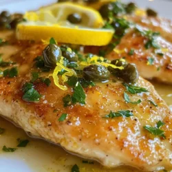 - 4 boneless, skinless chicken breasts - 1/2 cup all-purpose flour - 1 teaspoon salt - 1/2 teaspoon black pepper - 1/4 cup olive oil - 3 tablespoons capers, rinsed and drained - 2 cups low-sodium chicken broth - 1 lemon, juiced and zested - 2 tablespoons unsalted butter - Fresh parsley for garnish I love using fresh ingredients for this dish. The chicken breasts give a nice, juicy bite. Flour, salt, and pepper help create a crispy crust. The olive oil adds warmth and flavor. Capers give a nice tangy kick. Chicken broth makes the sauce rich and soothing. Lemon juice and zest bring bright, fresh notes to the dish. Butter adds a silky finish to the sauce. Garnishing with parsley makes the dish pop with color. This recipe serves four, making it perfect for family meals. You can prep in just 15 minutes and serve in 30. Enjoy this easy and delicious meal on any weeknight! {{ingredient_image_1}} - Pound chicken to an even thickness. - Season and dredge in flour mixture. To start, I place the chicken breasts between two sheets of plastic wrap. I use a meat mallet to pound the chicken until it's about 1/2 inch thick. This step is key. It helps the chicken cook evenly and stay juicy. Next, I mix flour, salt, and black pepper in a shallow dish. I dredge each chicken breast in this mixture, shaking off any excess flour. This creates a nice crust during cooking. - Searing the chicken in olive oil. - Cooking time and doneness tips. I heat olive oil in a large skillet over medium-high heat. Once hot, I add the chicken breasts. I cook them for about 4-5 minutes on each side. I look for a golden-brown color to know they are ready. To check doneness, I use a meat thermometer. The chicken should reach 165°F. After cooking, I remove the chicken and set it aside. - Sautéing capers and adding chicken broth. - Incorporating lemon juice and zest. In the same skillet, I add the capers and sauté them for about 1 minute. This brings out their flavor. Then, I pour in the chicken broth, scraping the bottom of the skillet. This releases all those tasty browned bits. Next, I add the lemon juice and zest. I let the sauce simmer for about 4-5 minutes until it reduces slightly. - Finishing the sauce with butter. - Returning chicken to skillet and plating tips. I stir in the butter until it melts, making the sauce glossy. Then, I return the chicken to the skillet. I let it simmer for another 2-3 minutes. This helps the chicken soak up all those amazing flavors. For serving, I garnish the chicken with fresh chopped parsley. I like to spoon the sauce over the top. I often serve it on a white plate. It makes the colors pop, especially with a side of steamed asparagus or a fresh salad. To cook chicken breasts evenly, start by pounding them to about 1/2 inch thick. This step ensures that they cook at the same rate. Aim for a light touch; you don’t want to tear the meat. For the sauce, the right consistency is key. When simmering, let it reduce until it's slightly thickened. This helps it cling to the chicken. Stir in butter at the end for a shiny finish. It adds richness and depth to the flavor. To boost the flavor, consider adding fresh herbs like thyme or basil. These can bring a new twist to the dish. A pinch of red pepper flakes can add heat if you like spice. Balancing acidity is also important. The lemon juice gives brightness, while the butter adds richness. Adjust the lemon to your taste. If it’s too tart, add more butter to soften the flavor. Pro Tips Even Thickness: Pounding the chicken to an even thickness ensures that it cooks uniformly, preventing some parts from drying out while others remain undercooked. Capers Rinsed: Rinsing the capers removes excess salt, allowing their tangy flavor to shine through without overpowering the dish. Glossy Sauce: Adding butter at the end not only enriches the sauce but also gives it a glossy finish, making the dish more visually appealing. Fresh Herbs: Always opt for fresh parsley as a garnish; it adds a burst of color and enhances the overall flavor of the dish. {{image_2}} You can easily change the recipe based on what you enjoy. If you do not like capers, try using chopped green olives. They add a nice briny flavor. Instead of lemon, use lime for a different taste. This swap gives the dish a fresh twist. For herbs, consider thyme or basil. Both add a lovely aroma and taste. You can mix them into the sauce for a new flavor. Experiment with spices like paprika or garlic powder for added depth. Just a pinch can change the whole dish. If you need a gluten-free option, use almond flour instead of all-purpose flour. It works well for dredging the chicken. You can also use a gluten-free flour blend. This keeps the dish tasty and safe for those with gluten allergies. If you prefer darker meat, chicken thighs are a great choice. They are juicier and more flavorful than breasts. Just adjust the cooking time, as thighs may take a bit longer to cook. This option adds richness to your meal. To keep your Chicken Piccata fresh, place leftovers in an airtight container. Make sure to cover the dish tightly to prevent air from getting in. Chicken Piccata stays tasty in the fridge for up to three days. After that, the flavors may fade, and the chicken can dry out. When it's time to enjoy your leftovers, I recommend reheating gently. The best way is to use a skillet over low heat. Add a splash of chicken broth to keep it moist. Heat until warmed through, about 5 to 7 minutes. Alternatively, you can microwave it, but use a low power setting and cover the dish. If you want to store it longer, you can freeze Chicken Piccata for up to three months. Just remember to use freezer-safe containers and label them. When you're ready to eat, thaw it in the fridge overnight before reheating. What is Chicken Piccata traditionally served with? Chicken Piccata is great with sides like pasta or rice. You can also pair it with steamed veggies, like asparagus. These sides balance the rich lemon sauce and make the meal complete. Can I make Chicken Piccata ahead of time? Yes, you can make Chicken Piccata ahead. Cook the chicken and sauce, then store them in the fridge. Reheat it gently before serving. This saves time on busy weeknights. How do I know when the chicken is fully cooked? Check the chicken with a meat thermometer. It should read 165°F in the thickest part. The meat should be white, not pink. This ensures your meal is safe to eat. What substitutions can I make if I don't have capers? If you don’t have capers, try using green olives or pickles. They add a similar briny flavor. You can also skip them if you want a milder taste. Can this recipe be made with fish instead of chicken? Yes, you can use fish like tilapia or salmon. Cook the fish for a shorter time. The lemon sauce will work well with fish, giving it a fresh, zesty kick. This Chicken Piccata recipe is simple and tasty. We covered key ingredients, from the chicken to the sauce. You learned how to prepare, cook, and serve it well. Tips and variations help you make it your own. Don’t be afraid to try new flavors or swap ingredients. Remember, storing and reheating correctly keeps this dish fresh. Enjoy your cooking adventure with Chicken Piccata!