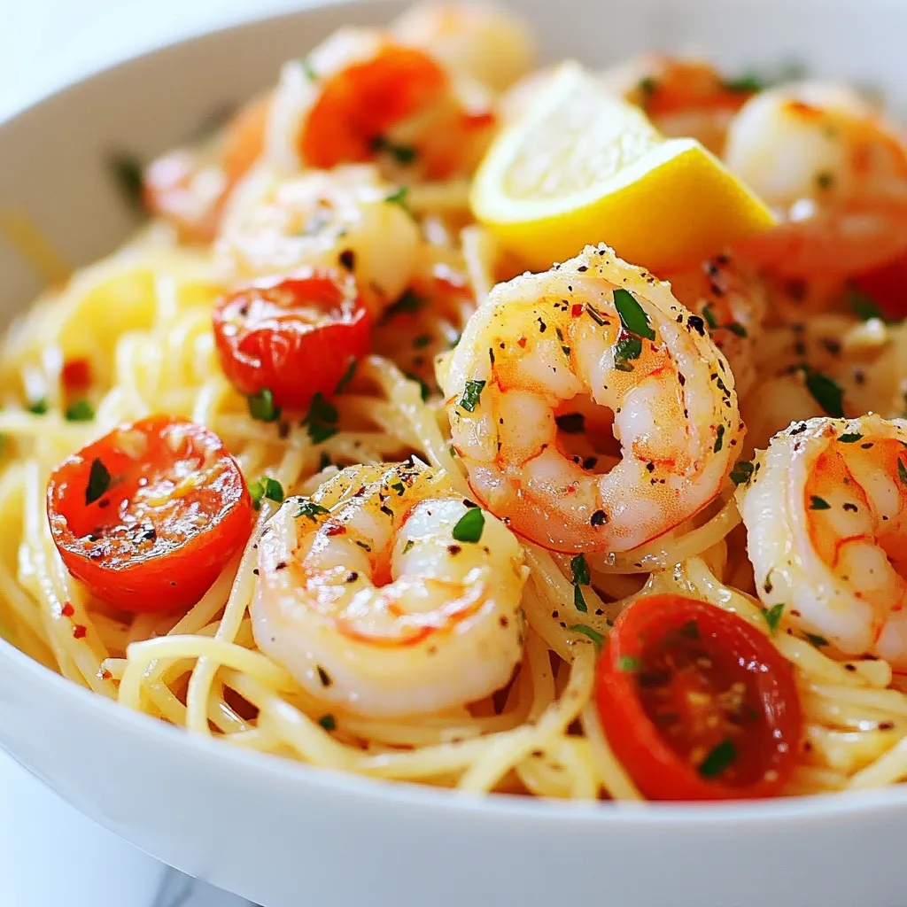 To make One-Pot Garlic Butter Shrimp Pasta, you will need: - 12 oz spaghetti or fettuccine - 1 lb large shrimp, peeled and deveined - 4 tablespoons unsalted butter - 4 cloves garlic, minced - 1 teaspoon red pepper flakes (adjust to taste) - 2 cups chicken broth (or vegetable broth) - 1 cup cherry tomatoes, halved - 1/2 cup fresh parsley, chopped - Salt and pepper to taste - Zest and juice of 1 lemon - Grated Parmesan cheese for serving (optional) To make this dish shine, choose fresh ingredients. Look for shrimp that smell clean and not fishy. Fresh garlic should be firm and dry, while cherry tomatoes should be plump and vibrant. Use unsalted butter to control salt levels. If you can, opt for homemade broth for richer flavor. You can easily swap ingredients if needed. For pasta, use gluten-free options like rice noodles or zoodles. If you don’t have shrimp, chicken or tofu works well. For a non-dairy option, use olive oil instead of butter. If you want more veggies, add spinach or bell peppers. {{ingredient_image_1}} To make One-Pot Garlic Butter Shrimp Pasta, I follow simple steps. First, I melt butter in a large pot. Then, I add garlic and red pepper flakes. This smells great! After that, I add shrimp and cook them until pink. Next, I pour in chicken broth and boil it. I toss in the pasta and cook it until tender. Finally, I mix in cherry tomatoes, shrimp, lemon, and parsley. It’s quick and easy! Cooking shrimp right is key. I cook them just until they turn pink. Overcooking makes them tough. Stir the pasta often while it cooks. This helps it cook evenly and not stick. I also use fresh lemon zest and juice for a bright taste. Fresh parsley adds a nice touch too. This gives the dish color and flavor. If the shrimp are too rubbery, check cooking time. They should only take 2-3 minutes. If the pasta is too soft, reduce cooking time. It’s better to undercook slightly. For a dry dish, add more broth. Stir well to coat everything. If the flavor is weak, add more salt or red pepper flakes. Adjusting these small things can make a big difference! One-pot cooking is fun and easy. Here are some tips to make it great: - Use a large pot: It gives enough space to mix ingredients well. - Prep your ingredients: Chop and measure before you start cooking. It saves time. - Cook in layers: Add ingredients based on cooking time. Start with the garlic, then shrimp, and finally pasta. - Stir often: This helps the pasta cook evenly and prevents sticking. Want to make your dish pop? Try these ideas: - Add herbs: Fresh basil or thyme can boost flavor. - Use different broths: Swap chicken broth for vegetable broth for a lighter taste. - Experiment with spices: Add paprika or cayenne for a spicy kick. - Mix in veggies: Bell peppers or spinach can add color and nutrition. Overcooked shrimp can be tough. Here's how to cook them just right: - Watch the color: Cook until shrimp turn pink and opaque. This takes about 2-3 minutes. - Remove promptly: Take shrimp out of the pot when done. They will cook further in the hot pasta. - Add last: Put shrimp back in the pot near the end of pasta cooking. This keeps them tender and juicy. Pro Tips Perfect Pasta Cooking: Always cook pasta in a large pot of salted water to ensure even cooking and prevent sticking. Shrimp Cooking Time: Be careful not to overcook the shrimp; they should only take about 2-3 minutes to turn pink and opaque. Flavor Boost: For an extra depth of flavor, consider adding a splash of white wine to the garlic butter before adding the shrimp. Garnish for Freshness: Fresh herbs like basil or chives can enhance the dish's flavor and presentation when sprinkled on top before serving. {{image_2}} You can easily switch this dish to a vegetarian delight. Just replace the shrimp with your favorite veggies. Try bell peppers, zucchini, or mushrooms. Sauté them in the garlic butter until soft. Use vegetable broth instead of chicken broth. This keeps all the great flavors while making it meat-free. You still get a tasty meal without the shrimp. If you like spice, add more heat to your dish. You can increase the red pepper flakes. Start with one teaspoon, then add more as you like. Another option is to use fresh chili peppers. Slice them thin and toss them in with the garlic. Adjust the spice level to your taste. This will give your dish a nice kick! Using fresh, seasonal ingredients can brighten up your pasta. In the spring, add asparagus or peas. In summer, use fresh corn or zucchini. Fall brings great flavors like pumpkin or butternut squash. You can even toss in fresh herbs like basil or thyme. These additions will enhance the flavor and make the dish more colorful. To store your leftover garlic butter shrimp pasta, let it cool first. Use an airtight container. This helps keep the dish fresh. You can store it in the fridge for up to three days. If you want to keep it longer, freezing is a great option. When reheating, add a splash of chicken broth. This will help restore moisture. You can use the microwave or a pan on the stove. Heat it slowly over low heat. Stir it often to keep it from drying out. This way, your pasta stays tasty and soft. To freeze, place the pasta in a freezer-safe container. Make sure to leave some space at the top. The pasta will expand as it freezes. When ready to eat, thaw it in the fridge overnight. Reheat it gently for the best flavor and texture. You can tell shrimp is cooked when it turns pink and opaque. This usually takes about 2-3 minutes in the pan. If you cut a piece in half, it should look white inside. Overcooked shrimp gets tough, so watch them closely. Yes, you can use any pasta you like. Spaghetti and fettuccine work well, but penne or linguine are good too. Just keep an eye on the cooking time. Different pasta shapes may need more or less time to cook. This dish pairs well with a simple salad. Try a mixed greens salad with lemon vinaigrette for freshness. Garlic bread is another great choice to soak up the yummy sauce. You could also serve it with steamed veggies for a healthy touch. In this post, we covered key ingredients and their quality tips. I shared step-by-step cooking methods and troubleshooting advice. You learned best practices for one-pot cooking and how to enhance flavor. We discussed variations like vegetarian options and seasonal twists. Finally, we explored proper storage and reheating tips. Cooking should be fun and easy. Use these tips to enjoy each dish. Now, get in the kitchen and start creating!
