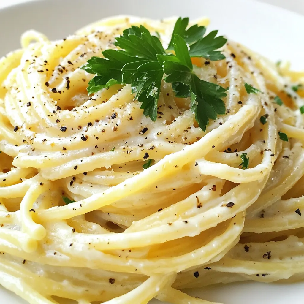 To make authentic spaghetti alla Gricia, you need a few key ingredients. Here’s what you will gather: - 400g spaghetti - 150g guanciale (or pancetta if unavailable), diced - 100g Pecorino Romano cheese, grated - Freshly cracked black pepper - Salt (for pasta water) - Optional: Fresh parsley for garnish Guanciale is the traditional choice here. It’s made from the pig’s cheek or jowl. If you can’t find guanciale, pancetta works as a good substitute. It still gives a nice flavor, though it may be a bit less rich. When it comes to cheese, Pecorino Romano is a must. This cheese adds a salty and sharp taste. I recommend looking for brands like Fulvi or Sini Fulvi. They are known for their quality. Aim for a cheese that is aged well and has a crumbly texture. The black pepper is also important. It adds heat and depth to the dish. Use freshly cracked pepper for the best flavor. Keep in mind, the pasta water is not just for boiling. It helps make your sauce creamy. Don't forget to reserve some before draining the spaghetti! {{ingredient_image_1}} To cook al dente spaghetti, start with a large pot of salted water. Bring it to a boil. Add 400g of spaghetti. Cook it according to the package instructions. Aim for a firm bite that is not mushy. This usually takes about 8 to 10 minutes. While the pasta cooks, we focus on the guanciale. Heat a large skillet over medium heat. Add 150g of diced guanciale. Cook it for about 4 to 5 minutes. You want it crispy and golden brown. This fat adds depth to the dish. Be careful not to burn it; we want the fat to render and coat the pasta. Once your spaghetti is ready, reserve about 1 cup of the pasta water. This water is full of starch and helps bind the sauce. Drain the spaghetti but do not rinse it. Rinsing washes away the starch, making it hard for the sauce to stick. Add the drained spaghetti to the skillet with the guanciale. Toss the pasta well to coat it in the flavorful fat. Remove the skillet from the heat. Now, sprinkle in 100g of grated Pecorino Romano cheese. Add freshly cracked black pepper to taste. Mix everything vigorously. Slowly add the reserved pasta water, a little at a time. This will create a creamy sauce that clings to the pasta. For serving, place the pasta on a large plate. Add extra Pecorino Romano on top. A sprinkle of black pepper adds flavor and a nice touch. If you like, garnish with fresh parsley for color. This dish shines when served simply, allowing the flavors to stand out. Enjoy your meal with a side of crusty bread or a light salad for balance. Using traditional ingredients is key to great Spaghetti alla Gricia. Guanciale gives a rich taste. If you can't find guanciale, pancetta works too. The cheese choice matters as well. Pecorino Romano is the best for its salty, sharp flavor. Black pepper is a must-have spice. Freshly cracked black pepper adds warmth and depth. It enhances the dish's taste and makes it special. You want to use a good amount, so don't hold back! Overcooking pasta can ruin your dish. Aim for al dente, which means firm yet tender. Check the pasta a minute before the package time. It should have a slight bite. Guanciale can burn easily if you're not careful. Cook it over medium heat and watch it closely. You want it crispy but not burnt. If it cooks too fast, turn down the heat. This way, you keep all that lovely flavor without any bitterness. Pro Tips Use Quality Ingredients: The flavor of this dish heavily relies on the quality of the guanciale and Pecorino Romano. Opt for authentic ingredients for the best taste. Control the Heat: When cooking the guanciale, keep an eye on the heat to avoid burning. You want it crispy but not charred. Starch is Key: Do not rinse the pasta after draining. The starch on the spaghetti helps the sauce adhere and creates a creamy texture. Adjusting Sauce Consistency: Use the reserved pasta water gradually. This allows you to control the creaminess of the sauce to your preference. {{image_2}} Spaghetti alla Gricia has roots in the Lazio region of Italy. Each area puts its twist on this classic dish. In Rome, they use guanciale, a pork cheek, for its rich flavor. In other regions, like Umbria, cooks might use pancetta instead. This small change can change the taste and texture. Different areas also have unique ways of preparing the dish. In some places, they add garlic or onion. Others prefer to keep it simple. The key is to stick to the core ingredients: pasta, guanciale, and cheese. This keeps the dish true to its origin. If you want a vegetarian version, you can swap guanciale for mushrooms. They give a nice umami flavor. Smoked tofu is another good choice that adds texture and taste. For gluten-free options, use gluten-free pasta. It cooks well and holds the sauce nicely. When making these swaps, remember to keep the cooking method the same. Aim for that creamy sauce by using pasta water, just as you would in the classic recipe. This makes sure your dish remains rich and flavorful. To store your spaghetti alla Gricia, cool the dish first. Place leftovers in an airtight container. Refrigerate them within two hours of cooking. They stay fresh for up to three days. You can also freeze it for up to three months. To freeze, use a freezer-safe container. Make sure to leave space for expansion. When reheating, use a skillet over low heat. Add a splash of water or olive oil. This helps keep the pasta moist. Stir gently until warmed through. Avoid the microwave if you can, as it can dry out the pasta. Spaghetti alla Gricia lasts about three days in the fridge. After that, it may lose its quality. If you freeze it, label the container with the date. This helps you track how long it’s been stored. To ensure food safety, always check for signs of spoilage. If the pasta smells off or looks strange, it's best to toss it. Proper storage helps you enjoy this dish at its best. Spaghetti alla Gricia comes from the Lazio region in Italy. It is named after the town of Gricia. This dish dates back to the 18th century. It is simple, yet full of flavor. Originally, shepherds made it using local ingredients. They cooked it while tending to their sheep in the hills. The dish uses few ingredients: guanciale, pasta, cheese, and pepper. Each one plays an important role. The guanciale adds richness. The Pecorino Romano cheese gives it a salty bite. Black pepper brings warmth and depth. Together, these flavors create a dish that is both comforting and satisfying. Spaghetti alla Gricia holds a special spot in Roman cuisine. It is often called the "father of all pasta dishes." Many consider it a predecessor to other famous dishes like Carbonara and Amatriciana. This history shows how simple meals can have deep roots. Yes, you can use other cheeses, but they change the flavor. Pecorino Romano is the traditional choice. It adds a sharp, salty taste that pairs well with guanciale. If you cannot find it, try Parmigiano-Reggiano. It is milder and nutty but still tasty. Another option is Grana Padano. It has a similar texture to Pecorino but is less salty. If you want a creamier feel, consider using a soft cheese like ricotta. Just remember, using a different cheese will shift the dish's traditional taste. To make Spaghetti alla Gricia vegan, you need to swap out the main ingredients. First, replace guanciale with a plant-based alternative. You can use diced mushrooms or smoked tofu for a similar texture. Next, use a vegan cheese. Nutritional yeast gives a cheesy flavor without dairy. You can also find store-bought vegan cheeses that melt well. Here's a simple way to make it vegan: 1. Cook your spaghetti in salted water until al dente. 2. Sauté mushrooms or tofu in a pan until crispy. 3. Toss the pasta with the sautéed vegan option. 4. Stir in nutritional yeast and black pepper to taste. 5. Serve hot, and enjoy your plant-based dish! This way, you can enjoy the flavors of Spaghetti alla Gricia while keeping it vegan. This blog post highlighted the key ingredients, steps, and tips for making Spaghetti alla Gricia. We covered the importance of traditional flavors, proper cooking techniques, and ingredient swaps for dietary needs. Remember, using the right ingredients, like guanciale and Pecorino Romano, makes all the difference. Avoid common cooking mistakes for the best results. Whether you serve it traditionally or adapt it, enjoy your dish! Cook with care, and your love for this pasta will shine through.