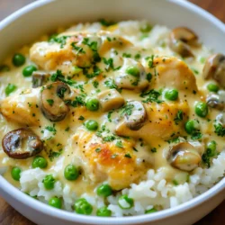 - 4 boneless, skinless chicken breasts - 1 cup long-grain white rice - 2 cups chicken broth - 1 cup heavy cream - 1 medium onion, finely chopped - 3 cloves garlic, minced - 1 cup mushrooms, sliced - 1 cup frozen peas - 1 tablespoon olive oil For this creamy smothered chicken and rice, the main ingredients are simple yet essential. The chicken provides the protein, while the rice serves as a hearty base. The broth and cream create that rich, creamy texture you will love. - 2 teaspoons dried thyme - 1 teaspoon paprika - Salt and pepper to taste The spices elevate the dish. Thyme gives it an earthy flavor, and paprika adds a hint of warmth. Salt and pepper are must-haves to bring out the best in every ingredient. - Fresh parsley, chopped - Parmesan cheese Garnishes add a final touch of beauty. Fresh parsley brightens the dish with color and freshness. A sprinkle of Parmesan cheese can also boost the flavor, making it even more delightful to eat. {{ingredient_image_1}} - Preparation of Chicken Breasts Start with four boneless, skinless chicken breasts. Rinse and pat them dry. Season both sides with salt, pepper, and paprika. This adds great flavor. - Browning Technique Heat one tablespoon of olive oil in a large skillet over medium heat. Add the chicken breasts to the skillet. Cook for about 5-7 minutes on each side. You want them golden brown and fully cooked. Once done, remove the chicken and set it aside. - Cooking Onions and Garlic In the same skillet, add the chopped onion. Sauté it for about 3-4 minutes until it looks soft and transparent. This step builds a great base for your dish. Next, add three cloves of minced garlic and stir for another minute to release its aroma. - Adding Mushrooms Slice one cup of mushrooms and add them to the skillet. Cook for about 3 minutes until they are tender. This adds a lovely earthy flavor to your meal. - Adding Broth and Seasonings Stir in one cup of long-grain white rice. Then pour in two cups of chicken broth. Add two teaspoons of dried thyme for herbal notes. Bring this mixture to a boil. - Simmering Process Once boiling, reduce the heat to a simmer. Cover the skillet and let it cook for about 15 minutes. The rice will absorb most of the liquid during this time. - Combining Cream and Peas After the rice is cooked, stir in one cup of heavy cream and one cup of frozen peas. Let it simmer for another 5 minutes. This creates a rich, creamy texture. - Returning Chicken to Skillet Place the cooked chicken breasts back into the skillet. Nestle them in the creamy rice mixture. Cook together for an additional 3-5 minutes to reheat the chicken. Make sure to adjust the seasoning with salt and pepper before serving. To make your creamy smothered chicken truly special, consider these tips. - Cream Alternatives: If you want a lighter dish, try using half-and-half or whole milk instead of heavy cream. This change will slightly alter the taste but still keep it creamy. You can also use coconut milk for a dairy-free option. - Cooking Time Adjustments: Keep an eye on the rice while it cooks. If you use brown rice, add a bit more broth and increase the cooking time. This will ensure your rice turns out fluffy and absorbs all the flavors. To elevate your dish, avoid these common errors. - Properly Seasoning: Season the chicken well before cooking. Use salt, pepper, and paprika to enhance the flavor. Don’t forget to taste the creamy mixture before serving. This step helps you adjust the seasoning as needed. - Stirring Techniques: Stir gently when adding the cream and peas. This method helps to keep the rice intact and prevents sticking. Always scrape the bottom of the skillet to mix in any delicious bits. This will make your dish even tastier! Pro Tips Perfectly Cooked Chicken: Use a meat thermometer to ensure your chicken reaches an internal temperature of 165°F (75°C) for safety and juiciness. Flavorful Rice: Toast the rice in the skillet for a minute or two before adding the broth to enhance its nutty flavor. Add Extra Veggies: Feel free to incorporate other vegetables like bell peppers or spinach for added nutrition and color. Make it Ahead: This dish can be prepared in advance and reheated; just add a splash of broth to loosen the sauce when warming up. {{image_2}} You can use other meats if you want. Try pork chops or turkey cutlets instead of chicken. Both options work well with the creamy sauce and rice. If you prefer a vegetarian meal, use hearty veggies like eggplant or tofu. These choices absorb flavors nicely and add great texture. Long-grain white rice is a classic, but you can switch it up. Brown rice adds more fiber and a nutty taste. It takes longer to cook, so adjust your time. Another option is quinoa. It cooks quickly and is packed with protein. Quinoa gives a slightly different flavor but still pairs well with the creamy sauce. Adding vegetables boosts nutrition and flavor. Try bell peppers, spinach, or broccoli. They add color and crunch to your dish. You can also mix in different seasoning blends. Italian herbs, like oregano or basil, can change the taste. Experiment with what you have in your spice cabinet for new flavors. - Refrigeration Tips: Place leftovers in an airtight container. This keeps the chicken and rice fresh. Store them in the fridge for up to 3 days. Label the container with the date. This helps you keep track of how long it's been stored. - Freezing Instructions: If you want to store it longer, freeze the dish. Use a freezer-safe container or heavy-duty freezer bag. Make sure to remove as much air as possible. The dish can last for up to 3 months in the freezer. Thaw it overnight in the fridge before reheating. - Best Methods for Reheat: The oven works great for reheating. Preheat it to 350°F (175°C). Place the chicken and rice in an oven-safe dish. Cover it with foil to keep moisture in. Heat for about 20-25 minutes. You can also reheat in the microwave. Use a microwave-safe bowl. Cover it loosely and heat in 1-minute bursts, stirring in between. - Maintaining Creaminess: To keep the dish creamy, add a splash of chicken broth or cream while reheating. This helps bring back the texture. Stir well before serving. Enjoy your creamy chicken and rice just like it was fresh! Yes, you can prepare Creamy Smothered Chicken and Rice ahead of time. This makes meal prep easy. Cook the chicken and rice as directed. Let them cool, then store them in the fridge. Reheat when ready to serve. - Tips for Meal Prep: - Cook the chicken and rice on a weekend. - Store in airtight containers. - Reheat in a skillet for best results. - Add a splash of broth or cream to keep it creamy. This dish pairs well with several sides. You can choose easy options that add balance to your meal. - Side Dish Suggestions: - Steamed broccoli or green beans for crunch. - A simple garden salad for freshness. - Garlic bread for a comforting touch. - Roasted vegetables for extra flavor. Yes, you can easily make this dish gluten-free. Just swap out the regular broth and rice for gluten-free options. - Gluten-Free Substitutes: - Use gluten-free chicken broth. - Substitute rice with quinoa or a gluten-free rice blend. - Check cream brands for gluten-free labels. In this post, I shared a simple recipe for creamy smothered chicken and rice. We covered key ingredients, spices, and optional garnishes. I provided step-by-step cooking instructions, as well as tips to ensure your meal is perfect. You learned about protein and rice substitutions and how to store leftovers. Whether you enjoy this dish as is or customize it, it will surely satisfy. Happy cooking!