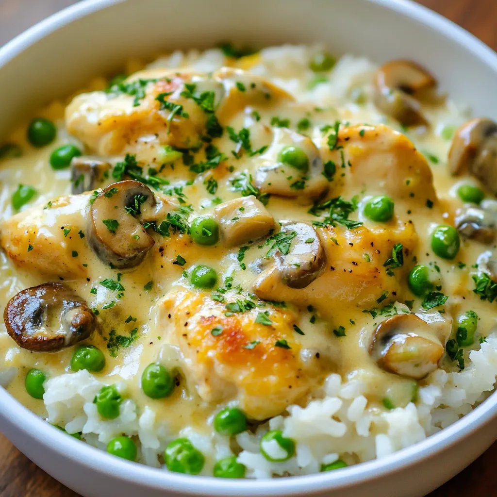 - 4 boneless, skinless chicken breasts - 1 cup long-grain white rice - 2 cups chicken broth - 1 cup heavy cream - 1 medium onion, finely chopped - 3 cloves garlic, minced - 1 cup mushrooms, sliced - 1 cup frozen peas - 1 tablespoon olive oil For this creamy smothered chicken and rice, the main ingredients are simple yet essential. The chicken provides the protein, while the rice serves as a hearty base. The broth and cream create that rich, creamy texture you will love. - 2 teaspoons dried thyme - 1 teaspoon paprika - Salt and pepper to taste The spices elevate the dish. Thyme gives it an earthy flavor, and paprika adds a hint of warmth. Salt and pepper are must-haves to bring out the best in every ingredient. - Fresh parsley, chopped - Parmesan cheese Garnishes add a final touch of beauty. Fresh parsley brightens the dish with color and freshness. A sprinkle of Parmesan cheese can also boost the flavor, making it even more delightful to eat. {{ingredient_image_1}} - Preparation of Chicken Breasts Start with four boneless, skinless chicken breasts. Rinse and pat them dry. Season both sides with salt, pepper, and paprika. This adds great flavor. - Browning Technique Heat one tablespoon of olive oil in a large skillet over medium heat. Add the chicken breasts to the skillet. Cook for about 5-7 minutes on each side. You want them golden brown and fully cooked. Once done, remove the chicken and set it aside. - Cooking Onions and Garlic In the same skillet, add the chopped onion. Sauté it for about 3-4 minutes until it looks soft and transparent. This step builds a great base for your dish. Next, add three cloves of minced garlic and stir for another minute to release its aroma. - Adding Mushrooms Slice one cup of mushrooms and add them to the skillet. Cook for about 3 minutes until they are tender. This adds a lovely earthy flavor to your meal. - Adding Broth and Seasonings Stir in one cup of long-grain white rice. Then pour in two cups of chicken broth. Add two teaspoons of dried thyme for herbal notes. Bring this mixture to a boil. - Simmering Process Once boiling, reduce the heat to a simmer. Cover the skillet and let it cook for about 15 minutes. The rice will absorb most of the liquid during this time. - Combining Cream and Peas After the rice is cooked, stir in one cup of heavy cream and one cup of frozen peas. Let it simmer for another 5 minutes. This creates a rich, creamy texture. - Returning Chicken to Skillet Place the cooked chicken breasts back into the skillet. Nestle them in the creamy rice mixture. Cook together for an additional 3-5 minutes to reheat the chicken. Make sure to adjust the seasoning with salt and pepper before serving. To make your creamy smothered chicken truly special, consider these tips. - Cream Alternatives: If you want a lighter dish, try using half-and-half or whole milk instead of heavy cream. This change will slightly alter the taste but still keep it creamy. You can also use coconut milk for a dairy-free option. - Cooking Time Adjustments: Keep an eye on the rice while it cooks. If you use brown rice, add a bit more broth and increase the cooking time. This will ensure your rice turns out fluffy and absorbs all the flavors. To elevate your dish, avoid these common errors. - Properly Seasoning: Season the chicken well before cooking. Use salt, pepper, and paprika to enhance the flavor. Don’t forget to taste the creamy mixture before serving. This step helps you adjust the seasoning as needed. - Stirring Techniques: Stir gently when adding the cream and peas. This method helps to keep the rice intact and prevents sticking. Always scrape the bottom of the skillet to mix in any delicious bits. This will make your dish even tastier! Pro Tips Perfectly Cooked Chicken: Use a meat thermometer to ensure your chicken reaches an internal temperature of 165°F (75°C) for safety and juiciness. Flavorful Rice: Toast the rice in the skillet for a minute or two before adding the broth to enhance its nutty flavor. Add Extra Veggies: Feel free to incorporate other vegetables like bell peppers or spinach for added nutrition and color. Make it Ahead: This dish can be prepared in advance and reheated; just add a splash of broth to loosen the sauce when warming up. {{image_2}} You can use other meats if you want. Try pork chops or turkey cutlets instead of chicken. Both options work well with the creamy sauce and rice. If you prefer a vegetarian meal, use hearty veggies like eggplant or tofu. These choices absorb flavors nicely and add great texture. Long-grain white rice is a classic, but you can switch it up. Brown rice adds more fiber and a nutty taste. It takes longer to cook, so adjust your time. Another option is quinoa. It cooks quickly and is packed with protein. Quinoa gives a slightly different flavor but still pairs well with the creamy sauce. Adding vegetables boosts nutrition and flavor. Try bell peppers, spinach, or broccoli. They add color and crunch to your dish. You can also mix in different seasoning blends. Italian herbs, like oregano or basil, can change the taste. Experiment with what you have in your spice cabinet for new flavors. - Refrigeration Tips: Place leftovers in an airtight container. This keeps the chicken and rice fresh. Store them in the fridge for up to 3 days. Label the container with the date. This helps you keep track of how long it's been stored. - Freezing Instructions: If you want to store it longer, freeze the dish. Use a freezer-safe container or heavy-duty freezer bag. Make sure to remove as much air as possible. The dish can last for up to 3 months in the freezer. Thaw it overnight in the fridge before reheating. - Best Methods for Reheat: The oven works great for reheating. Preheat it to 350°F (175°C). Place the chicken and rice in an oven-safe dish. Cover it with foil to keep moisture in. Heat for about 20-25 minutes. You can also reheat in the microwave. Use a microwave-safe bowl. Cover it loosely and heat in 1-minute bursts, stirring in between. - Maintaining Creaminess: To keep the dish creamy, add a splash of chicken broth or cream while reheating. This helps bring back the texture. Stir well before serving. Enjoy your creamy chicken and rice just like it was fresh! Yes, you can prepare Creamy Smothered Chicken and Rice ahead of time. This makes meal prep easy. Cook the chicken and rice as directed. Let them cool, then store them in the fridge. Reheat when ready to serve. - Tips for Meal Prep: - Cook the chicken and rice on a weekend. - Store in airtight containers. - Reheat in a skillet for best results. - Add a splash of broth or cream to keep it creamy. This dish pairs well with several sides. You can choose easy options that add balance to your meal. - Side Dish Suggestions: - Steamed broccoli or green beans for crunch. - A simple garden salad for freshness. - Garlic bread for a comforting touch. - Roasted vegetables for extra flavor. Yes, you can easily make this dish gluten-free. Just swap out the regular broth and rice for gluten-free options. - Gluten-Free Substitutes: - Use gluten-free chicken broth. - Substitute rice with quinoa or a gluten-free rice blend. - Check cream brands for gluten-free labels. In this post, I shared a simple recipe for creamy smothered chicken and rice. We covered key ingredients, spices, and optional garnishes. I provided step-by-step cooking instructions, as well as tips to ensure your meal is perfect. You learned about protein and rice substitutions and how to store leftovers. Whether you enjoy this dish as is or customize it, it will surely satisfy. Happy cooking!