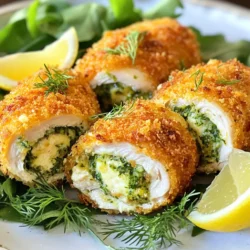 For Chicken Kiev, you will need: - 4 boneless, skinless chicken breasts - ½ cup unsalted butter, softened - 3 cloves garlic, minced - 2 tablespoons fresh parsley, chopped - 1 tablespoon fresh dill, chopped - 1 teaspoon lemon zest - 1 teaspoon salt - ½ teaspoon black pepper These ingredients work together to create that classic, savory taste. The chicken is the star here, while the herb butter adds richness and flavor. You also need some key cooking items: - 1 cup all-purpose flour - 2 large eggs, beaten - 2 cups breadcrumbs (preferably panko) - Cooking oil (for frying) The flour helps the coating stick. Eggs bind the breadcrumbs, giving a crunchy texture. Panko breadcrumbs make it extra crispy, while cooking oil ensures a golden finish. If you want to swap ingredients, here are some ideas: - Use olive oil instead of butter for a dairy-free option. - Swap chicken for turkey or a plant-based option for a different twist. - Fresh herbs can be replaced with dried ones, but use less since dried herbs are stronger. These substitutions can help you cater to dietary needs while still enjoying Chicken Kiev. {{ingredient_image_1}} To make the herb butter, start with a mixing bowl. Add the softened butter, minced garlic, chopped parsley, dill, lemon zest, salt, and pepper. Use a fork to mix everything until it’s smooth and creamy. This step is key for great flavor. Once mixed, scoop the butter onto a piece of plastic wrap. Shape it into a log. Wrap it tightly and chill it in the fridge for at least 30 minutes. This makes the butter firm and easy to use later. Next, you will prepare the chicken breasts. Take each breast and place it between two pieces of parchment paper. This keeps your kitchen clean. Use a meat mallet to pound the chicken gently. Aim for about ½ inch thick. This helps the chicken cook evenly. Make sure not to hit too hard. You want to flatten it, not tear it. Now, let’s set up your breading station. You need three bowls: one for flour, one for beaten eggs, and one for breadcrumbs. Start with the flour. Dredge each chicken roll in flour, shaking off the excess. Then dip it in the beaten eggs. Finally, roll it in breadcrumbs until it’s fully coated. This gives the chicken a nice crunchy texture when cooked. For the cooking method, heat oil in a large skillet over medium heat. Gently place the chicken rolls seam-side down in the pan. Fry them for about 5-7 minutes on each side. Look for a golden brown color. Once fried, transfer the chicken to a baking dish. Bake in a preheated oven at 375°F (190°C) for 15-20 minutes. This step ensures the chicken is cooked through. The juices should run clear when it’s done. Let the Chicken Kiev rest for a few minutes before serving to keep it juicy. To get a perfect golden crust on your Chicken Kiev, follow these steps: - Use panko breadcrumbs for extra crunch. - Heat your oil to medium before frying. - Avoid overcrowding the pan to keep the oil hot. - Fry each side for about 5-7 minutes until golden. A hot pan ensures the chicken cooks evenly and the crust stays crispy. Resting your Chicken Kiev is key for juicy meat. After cooking, let it rest for 5 minutes. This allows the juices to settle back into the chicken. If you cut it right away, the juices run out, and you get dry meat. So, resist the urge to dig in too soon! Having the right tools can make your cooking easier: - Meat mallet for pounding chicken. - Mixing bowls for the herb butter and breading station. - Skillet for frying. - Baking dish for the oven finish. These tools help you prepare and cook your Chicken Kiev with ease. Pro Tips Butter Temperature: Ensure the butter is softened but not melted; this helps it stay contained within the chicken while cooking. Pounding Chicken Evenly: Use a meat mallet to pound the chicken evenly to ensure even cooking and prevent dryness. Breading Technique: For a crispier texture, double dip the chicken in flour, then eggs, and breadcrumbs for a thicker coating. Resting Period: Allow the Chicken Kiev to rest for a few minutes after baking; this helps the juices redistribute and enhances flavor. {{image_2}} You can change the taste of Chicken Kiev by using different herbs. Try these options: - Thyme: Adds a warm, earthy flavor. - Basil: Gives a fresh, sweet taste. - Chives: Brings a mild onion flavor. - Oregano: Offers a robust, savory note. Mix these herbs into the butter for a new spin. You can also add spices like paprika or cayenne for a kick! If you want a lighter meal, you can bake the chicken instead of frying it. Here’s how: - Preheat your oven to 375°F (190°C). - After breading, place the chicken rolls on a baking sheet. - Spray them lightly with cooking oil. This method cuts down on fat while keeping the chicken juicy. You can also use low-fat butter or a plant-based spread for a healthier herb butter. Not in the mood for chicken? You have options! - Turkey breasts: Use them just like chicken. They work well in this recipe. - Plant-based chicken: There are many good brands available. They cook similarly to the real thing. Both alternatives offer delicious flavors and make this recipe fit various diets. To store your cooked Chicken Kiev, let it cool first. Place the chicken in an airtight container. Keep it in the fridge for up to three days. If you want to keep it longer, consider freezing. You can freeze both uncooked and cooked Chicken Kiev. For uncooked chicken, wrap each piece tightly in plastic wrap. Then, place them in a freezer bag. They can stay in the freezer for up to three months. For cooked Chicken Kiev, let it cool down. Wrap it well and store it in a freezer-safe container. This can last for about two months. To reheat Chicken Kiev, use the oven for the best taste. Preheat your oven to 350°F (175°C). Place the chicken on a baking sheet and cover it with foil. Heat for about 20 minutes. This keeps the chicken moist and warms it evenly. You can also reheat it in a skillet over low heat. Just be careful not to burn the breading. Enjoy your meal! You can prepare Chicken Kiev ahead of time by making the herb butter first. Mix the butter, garlic, parsley, dill, lemon zest, salt, and pepper. Form it into a log and chill it until firm. Once ready, pound the chicken breasts and shape them around the chilled butter. You can then bread the chicken and store it in the fridge for a few hours. Just remember to cook it within 24 hours for the best taste. If you want to prepare it even earlier, you can freeze the unbaked chicken rolls. Just thaw them overnight in the fridge before frying. Yes, you can use frozen chicken breasts. Just make sure to thaw them completely before you start. You can thaw the chicken in the fridge overnight or use the microwave for quick thawing. Once thawed, pound the chicken to the right thickness. This will help it cook evenly and keep it juicy. Remember to check the internal temperature when cooking to ensure it reaches 165°F (75°C). Chicken Kiev pairs well with many side dishes. A fresh garden salad adds a nice crunch. Roasted vegetables like carrots and broccoli also complement the rich flavors of the chicken. For a heartier option, you can serve it with mashed potatoes or rice. These sides soak up the tasty butter that leaks from the chicken. You could also add a side of garlic bread for an extra treat. Enjoy! In this article, we explored the key ingredients and steps to make Chicken Kiev. We discussed the essential ingredients like chicken and herbs, cooking essentials, and substitutions for your needs. You learned how to prepare herb butter, bread the chicken, and achieve a golden crust. Remember, resting your chicken is crucial for juiciness. You have many ways to vary this dish, whether by choosing different proteins or cooking methods. With proper storage and reheating tips, you can enjoy Chicken Kiev days later. You now have the tools to impress at your next meal.