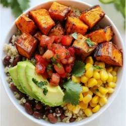 - 2 medium sweet potatoes, diced - 1 tablespoon olive oil - 1 teaspoon cumin - 1 teaspoon smoked paprika - Salt and pepper to taste - 1 can black beans, rinsed and drained - 1 cup corn kernels (fresh or frozen) - 1 red bell pepper, diced - 1 avocado, diced - 1 lime, juiced - 1 cup cooked quinoa or brown rice (for a heartier bowl) - Salsa or pico de gallo (for serving) - Fresh cilantro, chopped (for garnish) - Crumbled feta or queso fresco (for topping, optional) The primary ingredients create a base full of flavor. Sweet potatoes provide a sweet and hearty texture. Olive oil helps the spices stick and adds richness. Cumin and smoked paprika give the dish warmth and depth. Black beans and corn add protein and crunch. The diced red bell pepper gives freshness. Don't forget the avocado for creaminess and lime for bright flavor. For a heartier bowl, consider adding quinoa or brown rice. These grains offer more substance and nutrition. You can use fresh or frozen corn, depending on what you have. Salsa or pico de gallo adds a zesty kick when served. Toppings like fresh cilantro brighten up the dish. Crumbled feta or queso fresco adds a creamy, salty finish if you like. Each ingredient adds its own charm and makes the taco bowl fun and tasty! {{ingredient_image_1}} Start by preheating your oven to 425ยฐF (220ยฐC). Next, take your two medium sweet potatoes and peel them if you prefer. Then, dice them into small cubes. In a large bowl, add the sweet potato cubes. Pour in one tablespoon of olive oil, and sprinkle one teaspoon of cumin, one teaspoon of smoked paprika, salt, and pepper. Toss everything well until the sweet potatoes are nicely coated. Spread them out on a baking sheet in one single layer. Roast in the oven for about 25 to 30 minutes. Flip them halfway through for even cooking. While your sweet potatoes roast, it is time to warm the black beans and corn. In a medium pot over medium heat, add one can of rinsed and drained black beans along with one cup of corn kernels. Stir in some salt and pepper, then heat for about five minutes. You want them warm but not mushy. This step adds more flavor and texture to your taco bowls. Once the sweet potatoes are done, itโs time to put your taco bowls together. If you want a heartier meal, start with a base of one cup of cooked quinoa or brown rice. Next, layer the roasted sweet potatoes on top. Add the warm black beans and corn mixture. Donโt forget to include the diced red bell pepper, which you can marinate in lime juice for a few minutes. Finally, add diced avocado for creaminess. Top it all off with fresh cilantro, salsa or pico de gallo. If you like, sprinkle crumbled feta or queso fresco on top. Enjoy your colorful and tasty taco bowls! When picking sweet potatoes, look for firm ones. They should be smooth and free of spots. Avoid any with soft spots or wrinkles. A good sweet potato feels heavy for its size. I prefer medium-sized ones for even cooking. You can find them in many colors, but orange is the most common. To make sweet potatoes shine, use simple spices. Cumin and smoked paprika bring warmth and depth. You only need a teaspoon of each for great taste. Don't forget salt and pepper to balance flavors. You can also add garlic powder for a savory kick. Mix these spices with olive oil before roasting. Roasting sweet potatoes brings out their natural sweetness. Preheat your oven to 425ยฐF (220ยฐC) for best results. Cut them into even dice for uniform cooking. Toss them in a bowl with oil and spices. Spread them on a baking sheet in a single layer. Roast for 25-30 minutes, flipping halfway. They should be tender and a bit caramelized when done. Enjoy the rich flavor in your taco bowls! Pro Tips Perfectly Roasted Sweet Potatoes: Ensure even cooking by cutting the sweet potatoes into uniform pieces. This helps them roast evenly and caramelize beautifully. Flavor Boost: For an extra layer of flavor, consider adding a pinch of cayenne pepper or chili powder to the sweet potato seasoning mix. Avocado Storage: To keep diced avocado from browning, toss it with a little lime juice before adding it to your taco bowls. Make It a Meal Prep: This recipe is great for meal prep! Store the components separately in airtight containers for up to 4 days in the fridge. {{image_2}} Sweet potato taco bowls are great for everyone. To make them vegetarian or vegan, skip the cheese. Instead, add more toppings like guacamole or spicy salsa. You can also use plant-based yogurt for creaminess. This way, you keep all the flavor without any animal products. This dish is already gluten-free! The sweet potatoes and beans are safe for those with gluten issues. Just be sure your salsa or any sauces are gluten-free too. Always check the labels to ensure they meet your needs. If you want a protein boost, try adding lentils or chickpeas. They work well with sweet potatoes and add great texture. You can also use grilled chicken or shrimp if you prefer meat. Both options pair nicely with the other flavors in the bowl. You can keep leftover sweet potato taco bowls in the fridge. Use an airtight container for storage. They stay fresh for three to four days. Keep the toppings separate to prevent sogginess. This way, your meal will taste great when you eat it later. To reheat, use the microwave or oven. If using a microwave, place the bowl in for one to two minutes. Make sure to stir halfway through to heat evenly. For the oven, set it to 350ยฐF and bake for about 10 minutes. This helps keep the sweet potatoes crispy. You can freeze the sweet potato, black beans, and corn. Store them in freezer-safe bags. Be sure to remove as much air as possible. They can last for up to three months in the freezer. When you are ready to eat, thaw overnight in the fridge. Then reheat as mentioned. This way, you can enjoy a quick meal anytime! Yes, you can use other types of potatoes. Regular white potatoes or Yukon gold work well. They have a different taste and texture. Sweet potatoes add a nice sweetness, but other potatoes can be tasty too. Just remember, they may not caramelize the same way. Adjust cooking time based on the potato type you choose. If you don't have black beans, you have choices. You can use pinto beans or kidney beans instead. Chickpeas are another great option for a different flavor. Each bean brings its own taste and texture. Just rinse and drain them before adding to your bowl. To add spice, you can use jalapeรฑos or chili powder. Mixing in some cayenne pepper will also heat things up. If you love hot sauce, drizzle some on top before serving. Adjust the spice level based on your taste. Enjoy the heat! In this blog post, we explored how to make delicious taco bowls using sweet potatoes and beans. We covered the key ingredients, how to cook them, and tasty tips for extra flavor. You learned about fun variations, too, like vegan and gluten-free options. Remember, you can customize these bowls to fit your taste. Enjoy making them your own, and share them with friends and family. Simple meals can be exciting when you get creative!