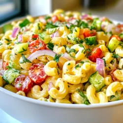 - 2 cups elbow macaroni - 1 cup mayonnaise - 1 tablespoon Dijon mustard - 1 tablespoon red wine vinegar - 1 cup cherry tomatoes, halved - 1 cup cucumber, diced - 1/2 cup red onion, finely chopped - 1/2 cup celery, finely chopped - 1/2 cup pickles, diced - 1 teaspoon garlic powder - 1 teaspoon smoked paprika - Salt and pepper to taste - Fresh parsley, chopped (for garnish) You will need 2 cups of elbow macaroni. This pasta shape holds the dressing well. For creaminess, use 1 cup of mayonnaise. The Dijon mustard adds a nice tang with just 1 tablespoon. One tablespoon of red wine vinegar brightens the flavors. Freshness comes from 1 cup of halved cherry tomatoes and 1 cup of diced cucumber. You also need 1/2 cup of finely chopped red onion and 1/2 cup of finely chopped celery for crunch. Add 1/2 cup of diced pickles for a sweet bite. Season with 1 teaspoon of garlic powder and 1 teaspoon of smoked paprika for depth. Finally, finish with salt and pepper to taste. Gordon Ramsay's twist on macaroni salad uses smoked paprika. This spice gives a warm flavor that surprises your taste buds. The red wine vinegar adds a unique zest compared to regular vinegar. The mix of fresh vegetables, like cherry tomatoes and cucumbers, makes the salad pop. Don't skip the fresh parsley; it adds color and freshness to the dish. This salad is not just tasty; it's also a feast for the eyes! {{ingredient_image_1}} To start, take a large pot and fill it with water. Add some salt to the water. This helps flavor the macaroni. Bring the water to a boil. Once boiling, add 2 cups of elbow macaroni. Cook it according to the package instructions, usually around 7-10 minutes. You want it to be al dente, which means it should be firm yet cooked. After cooking, drain the macaroni in a colander. Rinse it under cold water to stop the cooking. This keeps the pasta from getting mushy. Set it aside while you prepare the dressing and other ingredients. In a medium mixing bowl, combine 1 cup of mayonnaise, 1 tablespoon of Dijon mustard, and 1 tablespoon of red wine vinegar. Next, add 1 teaspoon of garlic powder and 1 teaspoon of smoked paprika. These spices add depth to your salad. Mix all these ingredients well with a whisk until smooth and creamy. Taste it. If you think it needs more flavor, add salt and pepper to your liking. This dressing is key to making the salad rich and tasty. In a large mixing bowl, combine the cooked macaroni, 1 cup of halved cherry tomatoes, 1 cup of diced cucumber, 1/2 cup of finely chopped red onion, 1/2 cup of finely chopped celery, and 1/2 cup of diced pickles. These fresh vegetables add crunch and color. Pour the dressing over the pasta and vegetables. Gently fold everything together. You want all the ingredients to be coated in the dressing. Taste the salad again. Adjust the salt and pepper if needed. Cover the bowl and refrigerate for at least 1 hour. This helps the flavors mix well. Before serving, stir the salad again and garnish with chopped parsley for a fresh touch. Enjoy your delicious Gordon Ramsay macaroni salad! To cook macaroni just right, follow these steps: - Use enough water: Fill a large pot with water. The more water, the better. This helps the pasta cook evenly. - Add salt: Add a generous pinch of salt to the boiling water. This flavors the pasta. - Watch the time: Check the package for cook time. Cook until al dente, which means firm but not hard. - Rinse quickly: Once cooked, drain and rinse under cold water. This stops the cooking and keeps it from getting mushy. Gordon Ramsay adds a few secrets to boost flavor. Here’s how: - Dijon mustard: It gives a tangy kick that brightens the salad. - Smoked paprika: This adds a warm, smoky flavor. It makes every bite special. - Red wine vinegar: This adds a nice acidity. It balances the creaminess of the mayo. - Garlic powder: This adds depth without being too strong. - Fresh herbs: Always use fresh parsley as a garnish. It adds color and a fresh taste. Good looks make food more fun! Here are some tips: - Use a large bowl: This lets everyone see the colorful ingredients. - Individual cups: For parties, serve in small cups. It’s cute and easy to grab. - Garnish well: Add extra cherry tomatoes and parsley on top. This makes it look fresh and inviting. - Chill before serving: Cold salads taste better. Let it sit in the fridge for at least an hour. Following these tips will help you create a macaroni salad that looks and tastes amazing! Pro Tips Cook Pasta Al Dente: Make sure to cook the elbow macaroni just until al dente for the perfect texture. This prevents it from becoming mushy when mixed with the dressing. Chill for Flavor: Allowing the salad to chill in the refrigerator for at least one hour helps the flavors meld beautifully, enhancing the overall taste. Fresh Ingredients Matter: Use fresh vegetables and herbs for the best flavor and texture. Fresh parsley and ripe cherry tomatoes can elevate the dish significantly. Customize Your Add-ins: Feel free to add other ingredients like diced bell peppers, olives, or even cooked bacon to give your macaroni salad a unique twist. {{image_2}} You can easily change the ingredients in Gordon Ramsay's macaroni salad. Here are a few swaps: - Pasta: Use rotini or penne if you want a different shape. - Mayonnaise: Greek yogurt works well for a lighter version. - Veggies: Add bell peppers or radishes for extra crunch. These swaps let you make the salad your own. Feel free to try different flavors you like! Making this salad fit various diets is simple. To make it vegan: - Replace mayonnaise with vegan mayo or tahini. - Use gluten-free pasta for a gluten-free option. These adjustments keep the salad tasty while meeting dietary needs. Everyone can enjoy this dish! You can also add unique flavors from around the world. Here are some ideas: - Italian: Mix in fresh basil and mozzarella for an Italian flare. - Mexican: Add black beans, corn, and lime juice for a zesty twist. - Asian: Toss in sesame oil and green onions for an Asian vibe. These twists make the salad fun and exciting. Experiment with your favorite flavors to find a new favorite version! To keep your macaroni salad fresh, store it in an airtight container. This helps prevent air from getting in and keeps the salad tasty. Make sure to let it cool completely before putting it in the fridge. If you cover it while it’s still warm, moisture will build up. This can make the salad watery and less enjoyable. You can freeze macaroni salad, but it may change in texture. The veggies might become mushy when thawed. To freeze, place the salad in a freezer-safe container. Leave some space at the top, as it can expand. When ready to eat, thaw it in the fridge overnight. Stir well before serving to mix the flavors again. Gordon Ramsay's macaroni salad lasts about 3 to 5 days in the fridge. Always check for any signs of spoilage, like off smells or changes in texture. If it looks or smells odd, it's best to toss it. Keeping it sealed in an airtight container helps maintain its taste for the longest time. Yes, you can make this macaroni salad in advance. It tastes better after sitting in the fridge. I suggest making it a few hours before serving. This lets the flavors mix well. Just cover it tightly and chill it. If you plan to make it a day ahead, that works too! There are tasty substitutes for mayonnaise. You can use Greek yogurt for a creamy texture. Sour cream also works well and adds a tangy kick. If you want a lighter option, try using mashed avocado. Each choice gives a unique flavor to your salad. To spice up your macaroni salad, add some diced jalapeños or a dash of hot sauce. You can mix in some chili powder for warmth. If you're feeling bold, try adding crushed red pepper flakes. These options will give your salad a nice heat without overpowering the other flavors. This blog post guided you through making Gordon Ramsay's macaroni salad. We covered main ingredients, special twists, and step-by-step instructions. You learned tips for perfect cooking and simple presentation ideas. Variations let you customize based on diet or taste preferences. Finally, we shared storage tips for freshness and shelf life. Remember, experimenting can lead to new favorites. Enjoy creating your unique version of this classic dish!