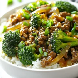 To make this tasty dish, you need: - 1 lb ground beef - 2 cups broccoli florets - 1 medium onion, thinly sliced - 2 cloves garlic, minced - 1 tablespoon ginger, minced - ¼ cup soy sauce - 1 tablespoon sesame oil - 1 tablespoon brown sugar - 1 tablespoon cornstarch - ½ cup beef broth - 2 tablespoons vegetable oil - Salt and pepper to taste - Cooked rice or quinoa, for serving These main ingredients create a flavorful base that packs a punch. The ground beef gives protein, while broccoli adds crunch and nutrients. You will love the mix of garlic and ginger. They add a fresh and zesty flavor. You can add extra touches to your dish: - Sesame seeds - Sliced green onions These garnishes make the meal look pretty and add more taste. Serve with cooked rice or quinoa on the side. Both pair well with the stir fry. To cook this dish, you will need: - A large skillet or wok - A small bowl for mixing - A spatula for stirring Using a skillet or wok lets you cook evenly and quickly. Having the right tools makes the cooking process smooth and easy. {{ingredient_image_1}} Start by making the sauce. In a small bowl, whisk together: - ¼ cup soy sauce - 1 tablespoon sesame oil - 1 tablespoon brown sugar - 1 tablespoon cornstarch - ½ cup beef broth Mix it well until smooth. Set the sauce aside for later. Next, heat 1 tablespoon of vegetable oil in a large skillet or wok. Set the heat to medium-high. Add 1 thinly sliced onion. Sauté for 2-3 minutes until it looks soft and clear. Then, add 2 minced garlic cloves and 1 tablespoon of minced ginger. Cook for about 1 minute until you smell their great aroma. Now, push the onion mix to one side of the skillet. Add 1 pound of ground beef. Break it up with a spatula. Cook it for 5-7 minutes until it turns brown. Season the beef with salt and pepper to your taste. Once the beef is cooked, add 2 cups of broccoli florets to the skillet. Stir everything together. Pour the prepared sauce over the beef and broccoli. Mix it well. Let it cook for 3-5 minutes. You want the broccoli to be tender but still a little crisp. Remove from heat. Serve it over cooked rice or quinoa. Top with sesame seeds and sliced green onions for a nice touch. To get the best broccoli, use fresh florets. Fresh broccoli stays crisp and bright. First, steam the broccoli for just a few minutes. This keeps it tender but not mushy. Then, add it to the skillet last. This helps it stay crunchy and vibrant. Heat your skillet well before adding oil. A hot pan ensures a good sear on the beef. Use high heat throughout cooking. This keeps the flavors bright and the texture right. Stir the beef and veggies often for even cooking. Don’t crowd the pan; cook in batches if needed. Soy sauce gives great flavor, but you can add more. Try a splash of rice vinegar for tang. A dash of chili sauce offers heat. You can also mix in sesame seeds for texture. Don’t forget fresh herbs like cilantro or basil for bright notes. These small changes can take your dish to the next level! Pro Tips Use Fresh Ingredients: Fresh broccoli and high-quality ground beef will enhance the flavor and texture of your dish. Customize the Sauce: Feel free to adjust the soy sauce and brown sugar to suit your taste preferences; a touch of chili paste can add a nice kick! Don’t Overcook the Broccoli: Keep the broccoli tender-crisp for the best texture; overcooking can make it mushy. Meal Prep Friendly: This dish is great for meal prepping; it stores well in the refrigerator and can be reheated easily. {{image_2}} You can swap ground beef for other meats. Ground turkey works well. Chicken also makes a great choice. If you prefer pork, use ground pork for a tasty twist. For a more unique flavor, try ground lamb. Each protein adds its own taste and texture. For a vegetarian option, use firm tofu instead of beef. Press and cube the tofu before cooking. It absorbs flavors well. You can also use tempeh for a nutty taste. Both options provide protein and a satisfying bite. Just follow the same cooking steps as the beef. Switching up the sauce can change the whole dish. Try teriyaki sauce for a sweeter taste. Hoisin sauce adds a rich, savory flavor. For a spicy kick, mix in sriracha or chili paste. A peanut sauce can give it a creamy, nutty twist. Each sauce brings new life to this recipe, so experiment to find your favorite! To keep your ground beef and broccoli stir fry fresh, cool it first. Place it in an airtight container. This helps prevent moisture loss and keeps flavors. Store it in the fridge. It will stay good for 3 to 4 days. If you want to enjoy it later, freezing works too. When you're ready to eat your leftovers, reheat them gently. You can use a skillet over medium heat. Add a splash of water or broth to keep it moist. Stir often until it's hot. If you prefer the microwave, use a microwave-safe bowl. Cover it with a damp paper towel. Heat in short bursts, stirring in between. To freeze your stir fry, let it cool completely. Portion it into smaller containers. This makes it easy to thaw later. Label each container with the date. Your stir fry can stay in the freezer for up to 3 months. When you want to use it, thaw it in the fridge overnight. Then follow the reheating instructions above for a tasty meal. Yes, you can make this dish ahead. Cook the beef and broccoli, then cool it down. Store it in an airtight container in the fridge for up to three days. To enjoy, just reheat it on the stove or in the microwave until hot. This way, you save time on busy nights. This stir fry pairs well with many sides. Here are some great options: - Cooked rice - Quinoa - Noodles - Cauliflower rice - Steamed veggies These sides soak up the savory sauce and add more texture. To add spice, try these methods: - Add red pepper flakes while cooking. - Mix in sriracha or chili paste to the sauce. - Use spicy soy sauce instead of regular soy sauce. Start with a small amount and adjust to your taste for the perfect kick. This blog post covered the easy recipe for Ground Beef and Broccoli Stir Fry. We discussed main ingredients, cooking steps, and tips for the best results. I shared variations, storage tips, and answers to common questions to help you succeed. Now you have all you need to create a tasty dish. Happy cooking!