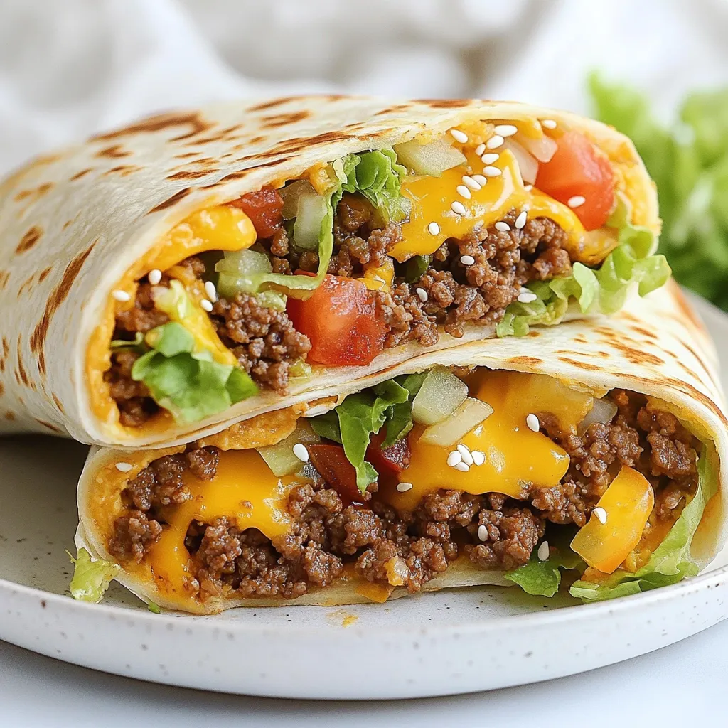 - 1 pound ground beef - 4 large flour tortillas - 1 cup shredded lettuce - 1 large tomato, diced - 1 cup shredded cheddar cheese - 1/2 cup pickles, sliced - 1 tablespoon onion powder - 1 tablespoon garlic powder - 1 teaspoon smoked paprika - Salt and pepper to taste - 1/4 cup mayonnaise - 2 tablespoons ketchup - 2 tablespoons yellow mustard - 1 tablespoon white vinegar - Sesame seeds for garnish Big Mac Wraps need simple yet delicious ingredients. The ground beef gives the wrap its hearty base. Tortillas are a great way to hold all the flavors together. For freshness, I use crisp lettuce and juicy tomatoes. Shredded cheddar adds a nice, creamy touch. Don't forget the pickles; they add that classic tang! Seasonings are key. I like to use onion powder and garlic powder for depth. Smoked paprika gives a hint of smokiness. Salt and pepper finish off the beef nicely. The sauce is where the magic happens. Mixing mayonnaise, ketchup, mustard, and vinegar creates a creamy, tangy blend. It's a must-have for that Big Mac taste. Finally, sprinkle sesame seeds on top for a fun garnish. This adds a nice visual touch and a bit of crunch. Enjoy making your Big Mac Wraps with these tasty ingredients! {{ingredient_image_1}} Start by heating a large skillet over medium heat. Add 1 pound of ground beef. Cook it until it turns brown. This takes about 5-7 minutes. Add onion powder, garlic powder, smoked paprika, salt, and pepper. Mix well so the spices coat the beef. When it’s fully cooked, take it off the heat. Let it cool for a few minutes. In a small bowl, combine 1/4 cup of mayonnaise, 2 tablespoons of ketchup, and 2 tablespoons of yellow mustard. Add 1 tablespoon of white vinegar. Mix everything until it’s smooth and creamy. This sauce will give your wraps that classic Big Mac flavor. Lay out 4 large flour tortillas on a flat surface. Spread a tablespoon of Big Mac sauce on each tortilla. Leave a little space around the edges. Next, add an even layer of the cooked beef. Top it with shredded lettuce, diced tomato, shredded cheddar cheese, and sliced pickles. Now it’s time to toast the wraps. Preheat a skillet over medium heat again. Place each wrap seam-side down in the skillet. Toast them for about 2-3 minutes on each side. Look for a golden brown color and a crispy texture. This step adds a nice crunch to your wraps. Once toasted, take the wraps out of the skillet. Sprinkle sesame seeds on top for a fun touch. Cut each wrap in half diagonally. This makes them easier to eat and looks great on a plate. Serve them on a colorful platter with extra pickles and dipping sauce on the side. Enjoy your tasty and fun Big Mac Wraps! When cooking beef, start with medium heat. Use a large skillet to give the beef space. Brown the beef well for great flavor. Mix in onion powder, garlic powder, smoked paprika, salt, and pepper. Stir everything together until the beef is fully cooked. This usually takes about 5-7 minutes. Make sure to drain any excess fat for a lighter wrap. To toast your wraps, preheat a skillet over medium heat. Place the wrap seam-side down in the skillet. Toast each side for about 2-3 minutes. You want them golden brown and crispy. This step adds a nice crunch and warms the fillings. You can also press down gently with a spatula for even toasting. Get creative with your Big Mac Wraps! You can add jalapeños for some heat or swap the cheese for pepper jack. Try adding avocado slices for a creamy touch. If you love crunch, consider adding diced red onions. Don’t forget to mix different sauces, like BBQ or ranch, for new flavors. The options are endless, so have fun with it! Pro Tips Use Lean Beef: Opt for lean ground beef to reduce excess fat and make your wraps healthier without sacrificing flavor. Customize Your Sauce: Add a dash of hot sauce or a pinch of paprika to the Big Mac sauce for an extra kick of flavor. Fresh Ingredients: Use fresh lettuce and ripe tomatoes for the best texture and taste in your wraps. Perfect Toasting: Ensure your skillet is hot before toasting the wraps for that ideal crispy exterior. {{image_2}} You can make a tasty vegetarian Big Mac wrap easily. Start by using black beans or lentils instead of ground beef. Season them just like the beef with onion powder, garlic powder, and smoked paprika. Add all the other fresh toppings like lettuce, tomato, and cheese. This way, you still get that Big Mac flavor without meat! For a spicy twist, add some heat! Mix in chopped jalapeños or cayenne pepper with the ground beef as it cooks. You can also use a spicy sauce instead of the regular Big Mac sauce. Try mixing mayonnaise with sriracha for a zesty kick. The heat will wake up your taste buds and make each bite exciting! If you're watching carbs, there's a great option for you! Instead of flour tortillas, use large lettuce leaves or low-carb tortillas. The fillings stay the same, but you cut out extra carbs. This way, you can still enjoy a flavorful wrap while sticking to your diet. It’s a fun way to enjoy the Big Mac flavors without the guilt! After you enjoy your Big Mac Wraps, store any leftovers in the fridge. Wrap them in plastic wrap or use an airtight container. They stay fresh for about 2-3 days. Keep the sauce separate if you want the wraps crispy later. To reheat, use a skillet for the best results. Heat the skillet over medium heat. Place the wrap in the skillet for about 2-3 minutes on each side. This makes the wrap warm and crispy again. You can also use a microwave. Just wrap it in a paper towel and heat for 30 seconds to 1 minute. You can freeze Big Mac Wraps for later. Wrap each one tightly in plastic wrap. Then, place them in a freezer-safe bag. They last for about 1-2 months in the freezer. When you are ready to eat, thaw them in the fridge overnight. Then, reheat in a skillet as mentioned above. Enjoy your tasty meal anytime! A Big Mac Wrap is a fun twist on the classic Big Mac. It uses a large flour tortilla instead of a bun. You fill it with seasoned ground beef, lettuce, tomato, cheese, and pickles. The special sauce adds a creamy taste that ties it all together. Yes, you can make Big Mac Wraps ahead of time. Prepare the wraps and keep them in the fridge. They taste great even after a few hours. Just make sure to wrap them tightly to keep them fresh. The Big Mac Wrap is easier to eat and less messy. You get the same flavors, but in a portable form. Plus, you can customize it with your favorite toppings. The wrap also has a nice crunch from the toasted tortilla. Absolutely! You can swap the ground beef for black beans or lentils. Use your favorite veggies, like mushrooms or grilled peppers. Keep the sauce and toppings to make it feel like a classic Big Mac. Some tasty sides to enjoy with Big Mac Wraps include: - French fries - Sweet potato fries - Coleslaw - Potato chips - A fresh garden salad These sides add variety and flavor to your meal. Enjoy! The Big Mac Wrap is simple and fun to make. We covered key ingredients, sauces, and garnishes. I shared step-by-step instructions for cooking, preparing, and assembling. You learned tips for perfecting your wrap and explored tasty variations. Storing and reheating wraps keeps them fresh longer. In the end, whether you prefer spicy, vegetarian, or classic, Big Mac Wraps delight every time. Enjoy making and sharing these easy meals!