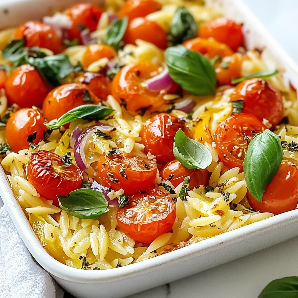 To make Baked Feta Orzo, gather these simple ingredients: - 200g orzo pasta - 200g feta cheese, block - 2 cups cherry tomatoes, halved - 1 bell pepper, diced (any color) - 1/2 red onion, finely chopped - 3 cloves garlic, minced - 2 tablespoons olive oil - 1 teaspoon dried oregano - Salt and pepper to taste - Fresh basil leaves for garnish Using fresh ingredients elevates this dish. Here are my tips: - Feta Cheese: Choose a block of feta, not crumbled. It melts better and tastes creamier. - Orzo Pasta: Buy high-quality orzo for the best texture. Look for whole grain options for added nutrients. - Vegetables: Use ripe cherry tomatoes for sweetness. A colorful bell pepper adds a nice crunch and flavor. - Herbs: Fresh basil can boost the flavor. If you can, use it instead of dried. Want to customize your dish? Here are some swaps: - Pasta: Swap orzo for another small pasta, like couscous or ditalini. - Feta: Try goat cheese for a tangy taste. Cream cheese can work in a pinch. - Vegetables: Use zucchini or spinach instead of bell pepper. Any veggies you like will work! - Olive Oil: You can use avocado oil for a different flavor profile. {{ingredient_image_1}} 1. First, preheat your oven to 400°F (200°C). This helps cook the dish evenly. 2. Next, take a large baking dish. Arrange the cherry tomatoes, diced bell pepper, and red onion in it. Spread them out evenly for even cooking. 3. Drizzle 1 tablespoon of olive oil over the veggies. Sprinkle with dried oregano, salt, and pepper. Toss gently to coat all the vegetables. 4. Now, place the block of feta cheese right in the middle of the veggies. Drizzle the rest of the olive oil over the feta for extra flavor. 5. Bake in your preheated oven for about 25 to 30 minutes. Look for blistered tomatoes and golden, melty feta. 6. While that bakes, cook the orzo pasta. Follow the package directions until it is al dente. Drain the pasta and set it aside. - Use a baking dish that is large enough to hold all your veggies. This prevents overcrowding. - Ensure the feta block is whole. This helps it melt beautifully and blend well with the veggies. - Check the dish halfway through baking. You can stir the veggies for even cooking. 1. When the baking time is up, take the dish out of the oven carefully. 2. Use a fork to mash the feta cheese. Mix it with the roasted vegetables until you see a smooth blend. 3. Now, add your cooked orzo to this mixture. Stir until every ingredient is well mixed. 4. Serve your dish warm. Add fresh basil leaves on top for a nice touch. Adjust seasoning with salt and pepper if you like. To cook orzo well, start with a large pot of boiling water. Add a pinch of salt to enhance the flavor. Cook the orzo for about 8-10 minutes until it’s al dente. This means it should still have a slight bite. Stir often to prevent sticking. After cooking, drain the orzo and rinse it briefly under cold water. This stops the cooking process and keeps it from getting mushy. Baking feta is easy and fun. Use a block of feta for the best texture. Place it in the center of your dish with veggies. Drizzle olive oil on top to help it stay moist. Bake at 400°F (200°C) for 25-30 minutes. You want the feta to be golden and soft. This adds a creamy touch to your orzo dish. To make your dish look great, use a large serving bowl. After mixing the orzo and feta, add fresh basil leaves on top. You can also sprinkle some extra oregano for color and flavor. A drizzle of olive oil before serving adds shine. Serve it warm for the best taste and aroma. This meal is perfect for sharing with friends and family. Pro Tips Perfect Pasta: Always cook the orzo until al dente for the best texture. It will absorb some moisture from the feta and vegetables, making it creamy without becoming mushy. Customize Your Veggies: Feel free to substitute or add any seasonal vegetables you like, such as zucchini or spinach, to enhance flavor and nutrition. Flavor Boost: Add a pinch of red pepper flakes to the vegetable mix for a subtle kick that complements the creamy feta beautifully. Storage Tips: This dish can be stored in the refrigerator for up to 3 days. Reheat gently in the oven or microwave, adding a splash of water to keep it moist. {{image_2}} You can easily make Baked Feta Orzo even more colorful and tasty. Add veggies like spinach, zucchini, or artichokes. These add fiber and make it more filling. Try using roasted mushrooms for an earthy flavor. You can also toss in some peas or corn for a sweet crunch. Each of these options brightens the dish and packs in more nutrients. If you want more protein, consider adding cooked chicken or shrimp. These options add heartiness and make the meal more satisfying. You can also mix in chickpeas or white beans for a plant-based boost. Lentils can work well, too. They add protein and a nice texture. This way, you can enjoy a complete meal that keeps you full longer. To take your Baked Feta Orzo to the next level, consider adding fresh herbs. Basil, parsley, or thyme all work well. A squeeze of lemon juice at the end brightens up the flavors. You could also sprinkle some red pepper flakes for a kick of heat. A drizzle of balsamic glaze adds sweetness and depth. Experimenting with flavors keeps the dish exciting each time you make it. You can store Baked Feta Orzo in the fridge. Place it in an airtight container. It stays fresh for about 3 to 5 days. Make sure it cools before you store it. This helps keep the taste and texture. If you want to freeze it, let it cool first. Use a freezer-safe container and leave some space at the top. This dish can freeze well for about 2 to 3 months. When you want to eat it, thaw it overnight in the fridge. To reheat, you can use the oven or microwave. If using the oven, set it to 350°F (175°C) and heat until warm. This usually takes about 15 to 20 minutes. If you prefer the microwave, heat it in short bursts. Stir in between to warm it evenly. Add a splash of water or olive oil if it seems dry. Enjoy your meal! Baked Feta Orzo stays fresh for about 3 to 5 days in the fridge. Store it in an airtight container. This helps keep it tasty and safe. You can enjoy leftovers as a quick meal or snack. Just remember to reheat it well before eating. Yes, you can use other cheeses if you like. Goat cheese adds a tangy taste. Mozzarella gives a creamy feel. Parmesan offers a nutty flavor. Each cheese will add its own twist to the dish. Just keep in mind that the cooking time may vary. Baked Feta Orzo pairs well with a fresh salad. A simple green salad with lemon dressing works great. Grilled chicken or shrimp also makes a nice addition. You can even serve it with crusty bread for dipping. This adds texture and makes the meal more filling. This blog post covered how to make Baked Feta Orzo. We listed the best ingredients and tips for quality. You learned step-by-step cooking instructions and important baking techniques. We shared tips to perfect your dish and make it look great. Don’t forget the variations to suit your taste. Lastly, I gave storage tips to keep your meal fresh longer. With this guide, you can easily create a delicious Baked Feta Orzo that impresses everyone. Enjoy your cooking!