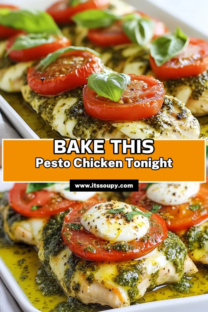 Indulge in this flavorful Baked Pesto Caprese Chicken that’s perfect for an easy chicken dinner recipe! This Caprese Chicken Recipe features juicy chicken breasts topped with homemade pesto, fresh mozzarella, and ripe tomatoes. It's a delightful Mozzarella Tomato Chicken dish that will impress your family. Try this Pesto Chicken Bake tonight and savor every bite! Save this recipe for later! #BakedPestoChicken #CapreseChickenRecipe #EasyChickenDinner #PestoChickenBake