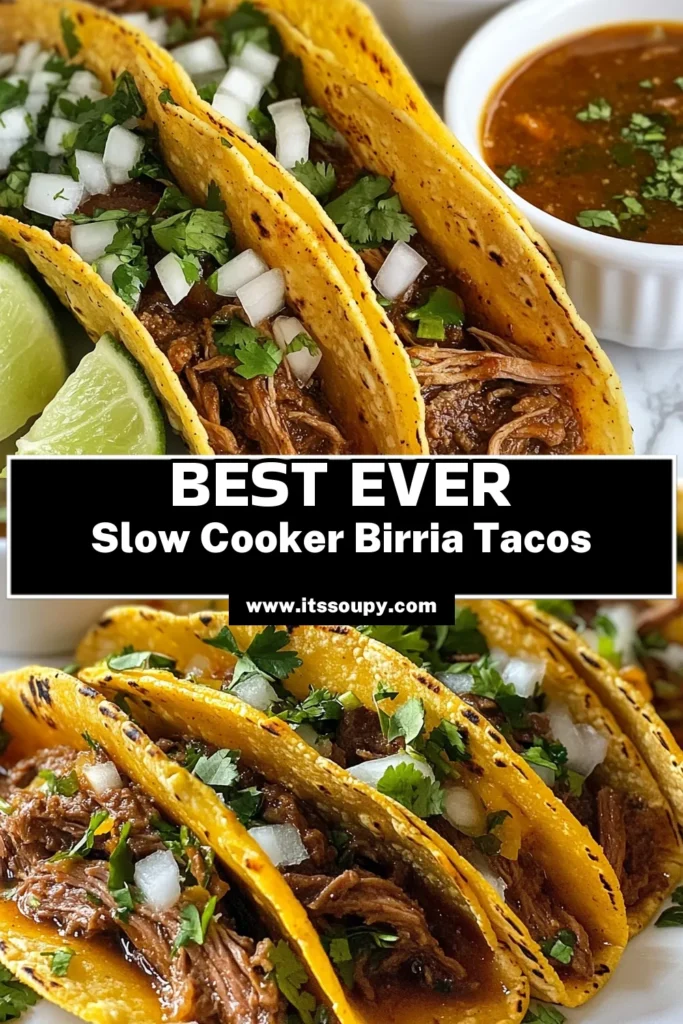Indulge in these irresistible slow cooker birria tacos, a savory birria recipe that brings authentic Mexican flavors to your table. Made with tender beef chuck and a delicious spice blend, this easy taco recipe is perfect for any occasion. Simply let your slow cooker work its magic for a mouthwatering experience. Don't miss out on these beef birria tacos that everyone will love! Try the recipe today! #BirriaTacos #SlowCookerRecipes #EasyTacos #MexicanFood