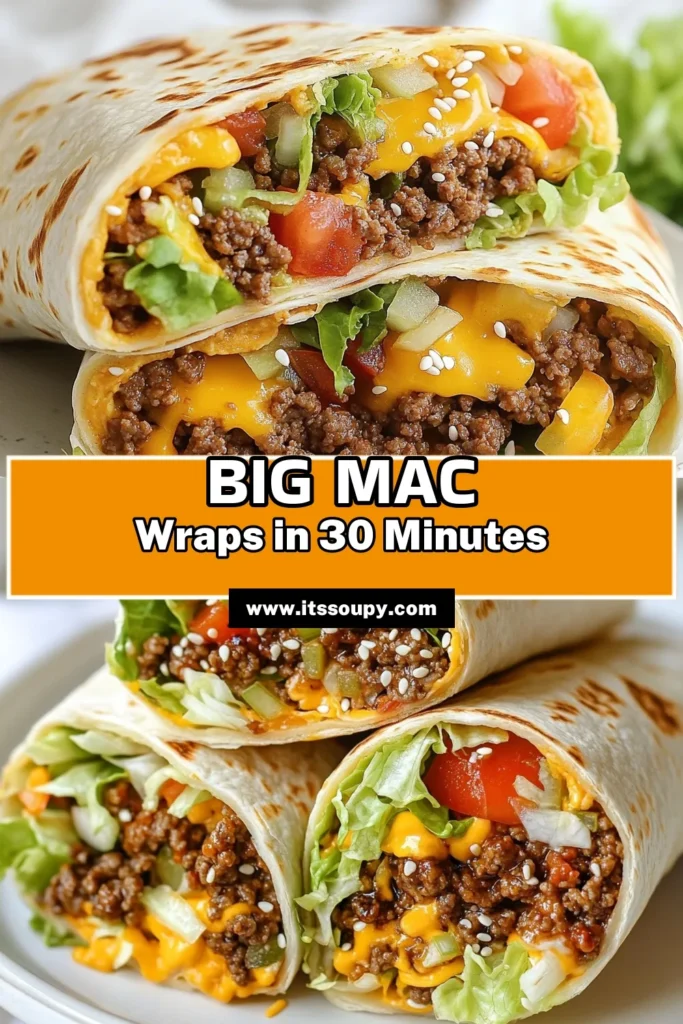 Craving a quick and tasty meal? Try this delicious Big Mac Wrap recipe! Packed with ground beef, fresh veggies, and a homemade Big Mac sauce, these beef tortilla wraps are the perfect easy dinner wraps for busy nights. Serve these Big Mac inspired meals with extra pickles and a side of dipping sauce for an authentic touch. Pin this recipe and enjoy a fun twist on your favorite burger! #BigMacWraps #EasyDinner #HomemadeSauce #DinnerInspiration