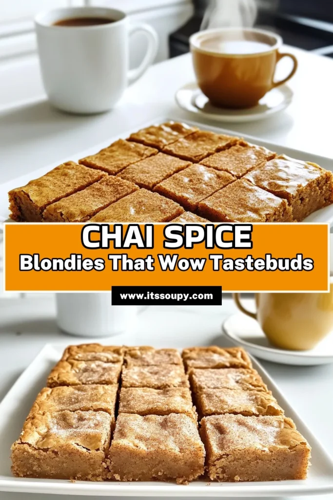 Indulge in the delightful flavors of Chai Spice Snickerdoodle Blondies! These easy-to-make treats combine warm chai spices and a rich buttery base for a perfect dessert. Ready in just 45 minutes, they're ideal for any occasion. Get the full recipe now and let your kitchen fill with the aroma of cinnamon, ginger, and cardamom. Click through to explore this delicious recipe and impress your friends! #ChaiBlondies #DessertRecipes #BakingJoy #SweetTreats