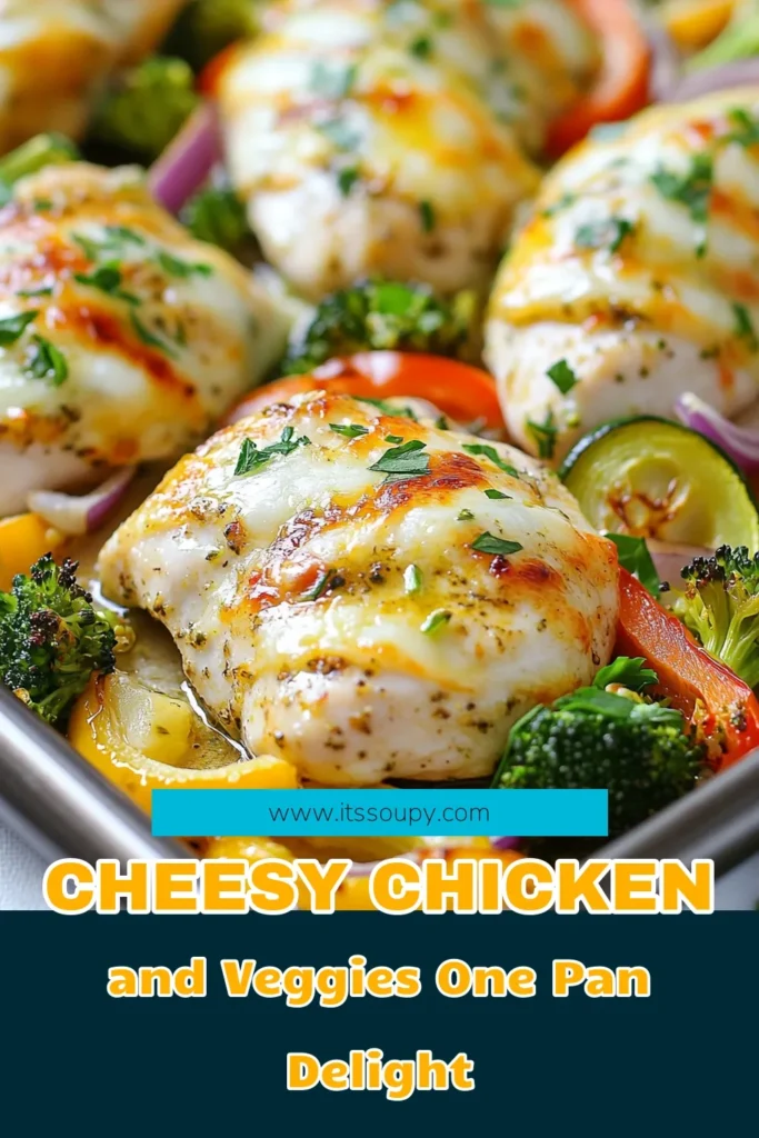 Looking for an easy sheet pan recipe that combines delicious flavors and nutritious ingredients? Try this Cheesy Chicken Veggie Sheet Pan Dinner! Packed with healthy chicken and veggies, it's a simple one-pan chicken dinner ready in just 35 minutes. Enjoy tender mozzarella chicken bake infused with Italian seasoning and smoked paprika. Perfect for busy nights! Save this recipe for a quick family meal! #CheesyChickenSheetPanDinner #EasySheetPanRecipes #HealthyChickenAndVeggies #OnePanDinner